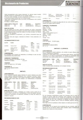 Actúa principalmente como veneno estomacal; en algunos casos muestra
actividad ovicida por contaminación de los hombres adultos.
No es de aCCI6n inmediata La larva normalmente es afectada en la muda y
la muerte se produce durante ella ó en la fase de pupa
Tiene acción principalmente sobre las larvas de lepidopteros como tamb1én
coleopteros y dípteros.
No afecta a insectos adultos.
NOMBRE COMERCIAL FORMUL.ACION IMPORTADOR
INH 91N 25 Pt.l PM
INHIB!N25 PM PM
CONC.
25 'k.
25 'k.
ARIS INDUSTRIAl SA
SILVESTRE PERU SAC
PROCEDENCIA
CHINA
GRAN BRETAflA
MODO DE ACCION:
Una vez ingerido por la larva. reduce los depósitos de quitina, componente
principal de la cutícula de los 1nsectos. Las larvas mueren durante la emergencia
o poco después de ella, durante las mudas, en la fase de pupas. los insectos
adultos no son afectados
Su acción prevalente es estomacal y por contacto unicamente sobre las
posturas.
De acción lenta pero segura. notándose los efectos 3 días posteriores a la
aplicación.
RECOMENDACIONES DE USO:
CULTIVO PLAGAS DOSIS
Por 200 l. Por ho.
agua
ALGOOON 'Gusano de ho¡a' AnomiS wxana o150 Kg. 03 Kg
AJaba'Tia arguolacea O150 Kg 03 Kg
'Gusano perforador BuCOJiatrix o250 Kg. 0.5 Kg.
de la hcja' thurberoella
ESPARRAGO • Gusano perforador" HellothiS weSQ!ns 025kg o5kg
WJZ 'Cogollero' Spodoptera rrugiperda O150 Kg. 03 Kg
COMPATIBILIDAD:
Es compatible con la mayoría de insecticidas. sin embargo en caso de duda,
recomendamos una prueba previa.
CARENCIAS Y TOLERANCIAS:
De ú~ima aplicación a la cosecha: 3-5 dlas.
Tolerancia de residuo : 0.2 p.p.m.
TOXICIDAD:
DU50 oral aguda (i.a.): 4,40 mg/Kg.
CATEGORIA: 111
Ligeramente peligroso-CUidado
PH: 6-7
CARACTERISTICAS:
DIMETOATO
Es un insecticida acaricida órgano fosforado de acción Sistémica que actúa
contra insectos picadores-chupadores como: pulgones. chinches, mosca.
minadora, ácaros, querezas y otros insectos que atacan a cultivos importantes.
Además posee notorio efecto de contacto y es relativamente un insecticida
poco tóxico
NOMBRE COMERCIAL
AFIDON
ANATOATO
CICLON
DABAC
OIMETOXJON?)
PERFEI<THION S
FORMUL.
C.E
C.E.
CE.
CE
CE
CE
MODO DE ACCION:
CONC.
4SO 9n
400 9n
500 g.•
376 g.
500 ~,
500~
IMPORTADOR
OUfMICA SUIZA S.A.
HORTUS S.A.
FARMAGROSA
DROKASA PERU S.A.
FARI.EXSA
BASF PERUANAS.A.
PROCEDENCIA
B~LGICA
CHILE
NACIONAL
ARGENTIM
MCIOML
AlEMANIMIACIONAI.
Es absorbido por el follaje y trasladado por la sabia a toda la planta. En el
insecto inhibe la acción de la colinesterasa a nivel del sistema nerv1oso,
produciendo acumulación de acetilcolina, causando la muerte del insecto por
cansancio muscular.
RECOMENDACIONES DE USO:
CULTIVO PLAGAS DOSIS
Por 200 l.aguo Por ho
AlGODON 'FVgón' Ap¡.s gossypo 02- 0.351 04-071.
'Cogamta' Empoasca ktaemen 0.2 . 0.351 0.4-01 l.
PAPNTOMATE 'Pulgón' Myzus pers cae 0.25- o4 l. 0.5-08 l.
'Mosca minadora• liriomyzahuidobrensts 0.4. 06 l. 1.0.15 l.
PAPRIKA 'Tnps• Thrips tabacl 0.3-041 0.6-0 8 l.
MAIZ 'Cogollero' Spodoptera trug perda 0.3. 05 0&.1 o 1
MANZANO '!'()~~¡¡' Carpocapsa pomonella 0.1 . o 15%
LEGUMJNOSAS 'C¡gamta' Empoasca krae.ren 0.2 ·0.351. 0 4~.71.
CITRICOS 'Pulgón' Toxoptera aurantu
'Mosca blanca' AleurOihnxus lloccosus
'Cochon la haoll0$ól' Phe!lococ:lcu$ Clln
AJ()CEBOL.A 'Tnps'
COMPATIBILIDAD:
0.1 • 0.15%
0.1 • 0.15%
0.1 • 0.15'4
03-0.351. 06-0.7 L
Es compatible con la mayorla de plaguicidas de uso común con excepción :le
aquellos que tengan reacción alcalina.
CARENCIAS Y TOLERANCIAS:
Uva . 28 dias
Alfalfa : 21 días
Manzano: 18 dlas
Hortalizas : 14 días
Maiz 7 días
Tolerancias de residuos (p.p.m.) :
Alfalfa : (2-USA)
Manzana : 0.05-1
Col : 1-2
Tomate : 0.5-2
TOXICIDAD:
DU50 oral aguda 215-250 mg/Kg.
CATEGORIA: 11
Moderadamente pei1Qroso-Dañino
PH 4-6
DIMETOATO + CLORPIRIFOS
CARACTERISTICAS:
Es un Insecticida de acción sistémiCa y de contacto. de gran eficac1a cor':1
1nsectos masticadores chupadores
Proporciona un rápido efecto inicial y un prolongado efecto residual. Tiene bu:-
tolerancta en los cultivos recomendados, sin embargo es aconsejable Ira
previamente unas cuantas plantas para ver su grado de tolerancia.
NOMBRECOMERCIAL
PROTON50EC
SALUTHION
WING TIP
FORMUL
CE
LE
C.E
MODO DE ACCION:
CONC
250+220~
278•222 ~·1
278+222 g/1
IMPORTADOR
HORTUSSA
BASF PERIJAWI SA
SilVESTRE PERU SAC
Inhibe la enzima acetil colinesteraza. en la sinapsis nerviosa.
RECOMENDACIONES DE USO:
PROCEDEHC~
CHilE
ALEMANIA
DINAMAR~
CULTIVO PLAGAS OOSIS 1200 1 agua
AJO 'trips' Thrlps tabaci 300-400 mi
AlGODON 'Pulgón' ADhiS gossypii 300-400
BROCOL 'mc<Sca blanca aem.s.. tabao 300-400
'pulgon' Bre'ilCOryYle brassteae J00-400
CITRICOS 'Quereza Redonda' Selenasp«<us articulatus 300-400
'Quereza coma· Lepldosaphes becki•
'Mosca blanca· Aleurotllrixus lloccosus
CEBOt.L.A ·tnps' Thnps tabaa 300-400
COL ·mosca blanca· BemtSta tabaa 300-400
'pulgón' Myzus spp 300-400
MANZANO 'Polt!la del manzano' Carpocapsa pomonelta 300-400
'Ouereza San J6se' OuadraspedJoliJs pe111oCIO$U$
PALTO 'Ouereza del ~to' FIOIIMI fionn¡ae 300-400
TOMATE 'Mosca mtnadO!a' Llrioo1yza huidobrens• 300·400
'Gusano del fruto' Spodoptera endancia 300·400
·mosca blanca· BemtSta1Jibaa 300·400
Por sus singulares características resulta muy apropiado para el control e
•nsectos en cítricos, antes de la floración, como: pulgones, mosca blanc¡
querezas, polillas; insectos de maiz, durante las primeras fases de desarrol
como: gusano del fruto, trips, minadores; en alfalfares de pastoreo directo
luego de retirar el ganado: para el control de caballada, pulgones. epinotia
otras plagas.
Para mejor control de querezas se debe mezclar con aceite agrícola (0.5-1",1,
COMPATIBILIDAD:
Es compatible con la mayoria de los productos de uso corriente. evitar a:
mezclas con los de reacción alcalina (caldo bordelés). aplicar inmediatamerr
después de la mezcla con otros productos.
-----1§)1----
 