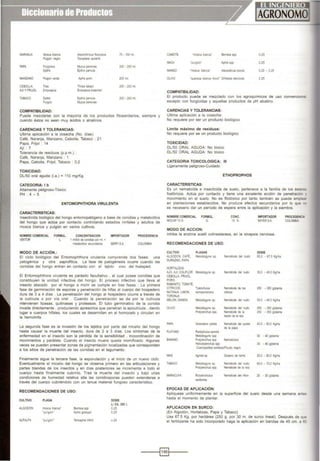 NARANJA Mosca blanca Aleurolhnxus noccosus 75. 100 mi.
Pulgón negro Toxoptera aurantu
PAPA Pulgones Myzus pe"icae 200 - 250 mi.
Epltrix Epitnx parvula
MANZANO Pulgón verde Ap~os poml 200 mi
CEBOllA T~ Tnnps tabao 200 - 250 mi
AJI YFRUOl EmpoaSGa Empoasc:a krllerner
TABACO Epcnx Eptnx patWia 200 . 2SOnl.
Pulgón Myzus P""CH
COMPATIBILIDAD:
Puede mezclarse con la mayoría de los productos fitosanitarios, siempre y
cuando éstos no sean muy ácidos o alcalinos.
CARENCIAS Y TOLERANCIAS:
Ultima aplicación a la cosecha (No. días):
Café, Naranja, Manzano, Cebolla, Tabaco : 21
Papa, Frijol : 14
Ajl : 7
Tolerancia de residuos (p.p.m.} :
Café, Naranja, Manzano : 1
Papa, Cebolla, Fnjol, Tabaco : 0,2
TOXICIDAD:
DU50 oral aguda (i.a.} = 110 mgll<g.
CATEGORIA: 1b
Altamente peligroso-Tóxico
PH : 4 - 5
ENTOMOPHTHORA VIRULENTA
CARACTERISTICAS:
Insecticida biológico del hongo entomopatógeno a base de conidias y metabolitos
del hongo que actúa por contacto controlando estadios ninfales y adultos de
mosca blanca y pulgón en varios cultivos
HOMBRECOMERCIAL FORMUL COHCEHTRACION IMPORTADOR PROCEDENCIA
YEKTOR l 1mlónde IXlf'ICias PO< rr •
netabolios secoodanos SERFI SA COlOMBIA
MODO DE ACCIÓN.:
El ciclo biológico del Entomophthora virulenta comprende dos fases: una
patogénica y otra saprofitica. La fase de patogénesis ocurre cuando las
conidias del hongo entran en contacto con el tejido vivo del huésped.
El EntomophthOra virulenta es parásito facultativo , el cual posee conidias que
constituyen la unidad infectiva del hongo. El proceso infectivo que lleva al
insecto atacado por el hongo a morir se cumple en tres fases : La primera
fase de germmación de esporas y penetración de hlfas al cuerpo del hospedero
dura de 3 a 4 días . La penetración del hOngo al hospedero ocurre a través de
la cutlcula o por vía oral . Cuando la penetrac1ón se da por la cutlcula
intervienen lipasas, quitinasas y proteasas El tubo germinativo de la conidia
invade directamente , produciendo apresorios que penetran la epicuticula , dando
lugar a cuerpos hifales, los cuales se desarrollan en el homocelo y circulan en
la hemohnfa.
La segunda fase es la invasión de los tejidos por parte del micelio del hongo
hasta causar la muerte del insecto, dura de 2 a 3 dias. Los síntomas de la
enfermedad en el insecto son la pérdida de la sensibilidad , incoordinación de
movimientos y parálisis. Cuando el insecto muere queda momificado. Algunas
veces se pueden presentar zonas de pigmentación localizadas que corresponden
a los sitios de penetración de las conidias en el tegumento.
Finalmente sigue la tercera fase, la esporulaCI6n y el inicio de un nuevo cido.
Eventualmente el micelio del hongo se observa primero en las articulaciones y
partes blandas de los 1nsectos y en días posteriores se 1ncrementa a todo el
cuerpo hasta finalmente cubrirlo. Tras la muerte del insecto y bajo unas
condiciones de humedad relativa alta las conid1osporas pueden extenderse a
través del cuerpo cubriéndolo con un tenue matenal fungoso característico.
RECOMENDACIONES DE USO:
CULTIVO PLAGA
ALGODÓN
ALFALFA
mosca blanca'
"pulgon·
'pulgón'
Bem1s18 spp
Aph1sgossypd
Tenoaphls tnfOII
DOSIS
U CIL 200 l.
0,25
0.25
o25
CAMOTE
MANGO
OliVO
·mosca blanca·
'pulgón'
'mosca blanca·
Be,lw spo
Aphs spp
Aleurodle~~s cocois
'quereza blanca movil' Orthezla olevleola
COMPATIBILIDAD:
0.25
0.25
0.20- 0,25
o25
El producto puede se mezclado con los agroquím1cos de uso convenCKllal,
excepto con fungicidas y aquellas productos de pH alcalino.
CARENCIAS Y TOLERANCIAS:
Ulbma aplicación a la cosecha:
No requiere por ser un producto biológico
Limite máximo de residuos:
No requiere por se un producto biológico
TOXICIDAD:
DU 50 ORAL AGUDA: No tóxico
DU50 ORAL AGUDA: No tóxico
CATEGORIA TOXJCOLOGICA: 111
Ligeramente peligroso-Cuidado
ETHOPROPHOS
CARACTERISTICAS:
Es un nematicida e insecticida de suelo, pertenece a la familia de los ést&~C
fosfóricos. Actúa por contacto y tiene una excelente acción de penetraciOt'
movimiento en el suelo. No es fitotóxlco por tanto también se puede empie"
en plantaciones establecidos. No produce efectos secundarios por lo que
es necesario dar un periodo de espera entre la aplicación y la siembra.
NOMBRE COMERCIAL FORMUL.
~15G G
MODO OE ACCtON:
CONC.
15%
IMPORTADOR
BAYERSA
Inhibe la enzima acetil colinestarasa. en la sinapsis nerviosa.
RECOMENDACIONES DE USO:
CULTIVO
ALGODON CAFE
DURAZNO. PAPA
HORTALIZAS
AJO, AJI, COliFLOR
CEBOllA. FRIJOL.
PORO.
RABANITO. TOMATE.
CITRICOS
NATANJA. UMON.
TORONJA
MELON SANOIA
OliVO
PAPA
PlATANO
BANANO
MAIZ
TABACO
MNW::lJYA
PLAGAS
Melotdogyne sp.
Meloidogyne sp.
Tyle'lCOO!us
semipene;rans
Meladogyne sp.
MeQdogyne sp
"ra1)1enchus spp
Glotxxlera patoda
Radopllulus sem lis
Meloidogyne spp
Pratylenchus spo
Helicotylenchus spp
Nematode del nudo
Namátode del nudo
Nema1odedelos
Cl:ncos
NemiCode del nudo
HemAIXIe del nudo
Nernilcde de la
lesoon de la ra,z
Namátodt dtl q...te
de la papa
Nematodos
COsmopoli~s SOtdodusP1C1Jdo negro
Agrobs sp Gusano de 11err.1
l.leloodoJyne sp l.e"'látode del nudo
P<alylenctLts spp 'iemétode de la laJZ
~ l.emétode del nlon
rer1ib:nJs
EPOCAS DE APLICACIÓN:
DOSIS
~-0 - 675 Kg/ha
35O - 45.0 Kglha
250 - 350 glplama
35O · 45.0 Kgllla
250 - 350g.planta
250 - 350~llial'la
40.0 - 50.0 Kglha
30 - 40glplanra
30 - 40glplanta
20o- ao.o Kg.'!la
~o - 10.0 Kgllla
20 . 30 g.plaola
PROCEDENC..
COlOMBIA
Apllquese uniformemente en la superficie del suelo desde una semana an111
hasta el momento de plantar.
APLICACION EN SURCO:
(En Algodón, Hortalizas, Papa y Tabaco)
Use 67.5 Kg. por hectárea (250 g. por 30 m. de surco lineal). Después de q...
el fertilizante ha sido incorporado haga la aplicación en bandas de 45 cm. a S
--~B~----
 