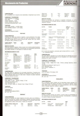 COMPATIBILIDAD:
Son compatibles con la mayoría de los insecticidas y fungicidas de uso común.
CARENCIAS Y TOLERANCIAS:
Ultima aplicación a la cosecha:
maíz, papa : 14 días
tomate, esparrago: 7 dias
Límites máximos de residuos:
maíz,papa,tomate,esparrogo:0.1 ppm
TOXICIDAD:
DL/50 ORAL AGUDA : > 42,800 mg/kg
DL/50 DERMAL AGUDA: > 2140 mg/kg
CATEGORIA:III
Ligeramente peligroso-Cuidado
FENTHION
CARACTERISTICAS:
insecticida con efecto de contacto e ingestión y buena penetración. Muy eficaz
para alternar con Confidor en el control de larvas de prodiplosis en alfalfa,
espárrago t tomate; para el control de trips en apio, cebolla, frijol y ajo; minador
de hojas en café y chinches en arroz.
NOMBRE COMERCIAL FORMUL.
LEBAYCID500 EC E.C.
MODO DE ACCION:
CONC.
500gll
IMPORTADOR
CROPSA
PROCEDENCIA
COLOMBIA
Actúa por contacto e ingestión. Inhibe la acción de la enzima acetilcolinesteraza.
No se descompone la acetilcolina, produciéndose una sobreexitación permanente
de la fibras nerviosas, lo cual genera la muerte del insecto.
RECOMENDACIONES DE USO:
CULTIVO PLAGAS DOSIS
N. COMÚN N. CIENTÍFICO mUCil
CITRICOS Mosca comúnde la fru1a Anastrphafraterculus 600
Mosca mediterránea Ceratitis capitara 600
MANGO Moscacomúnde lafruta Anastrphafralerculus 600
Mosca mediterránea Ceratitis cap!lara 600
MELOCOTONERO Moocacomúnde lafruta Anastrpha fratercu•us 600
Mosca mediterránea Ceratitis C3P"Iara 600
APIO, CEBOLLA Trips Trips sp 400
AJO,FRIJOL
TOMATE
GAFE Minador de hojas Leucoplera coffella 400
ARROZ Cogollero Spodoptera ap. 400- 600
Chinche Hediondo Tlbraca hmbativentis 800
ESPARRAGO Prodipios¡s Prodiplosis longmla 800 - 1000
TOMATE
COMPATIBILIDAD:
Se puede aplicar en mezcla con los principales insecticidas y fungicidas pero
debe emplearse inmediatamente después de prepararse la mezcla. En arroz no
aplicar Lebaycid dentro de los 1O días antes o después de aplicar herbicidas
Propaniles (ejemplo Surcopur).
CARENCIAS Y TOLERANCIAS:
Ultima aplicación a la cosecha :
Café, alfalfa: 14 días; Naranjo, mango: 21 días.
Tolerancia de residuos (ppm).
Arroz, Menestras: 0.05
Café, 0.05 ppm, Alfalfa n/d , Naranjo 2 ppm, Mango 0.05 ppm
TOXICIDAD:
DL/50 oral aguda:
CATEGORIA: 11
Moderadamente peligroso-Dai'lino
PH : 6.0- 6.5
CARACTERISTICAS:
FENTOATO
insecticida fosforado de amplio espectro de acción para uso doméstico y
agrícola, que actúa por contacto, profundidad e ingestión de elevada actividad,
tanto para insectos masticadores como chupadores y en particular contra larvas
de lepidopteros, eficaz contra larvas y adultos de mosquitos.
NOMBRECOMERCIAL FORMULACION
COGOllO G
FENKIL 3% P.S. P.S.
CONC.
1%
3%
IMPORTADOR
HORTUSS.A.
NEOAGSA.C.
PROCEDENCIA
CHILE
NACIONAL
FENKIL500 EC
RANKIL 3% P.S
RANKIL500 CE
RYSATHIOND
MODO DE ACCION:
E.C.
P.S.
C.E.
G.
500 g~
3%
500 9n
1%
NEOAGS.A.C.
ITAGRO S.A.
ITAGRO S.A.
SERFISA
NACIONA..
NACIONA..
NACIOM..
NACIOW...
Ej erce su actividad por contacto e ingestión inhibiendo la enz-
acetilcolinesteraza en la sinapsis nerviosa, causando la muerte del insect::
cansancio muscular.
RECOMENDACIONES DE USO:
CULTIVO PLAGAS DOSIS (l.a.)•
Por 200 Por ha
l. agua
MAIZ·SORGO ·cogollero" Spodoptera frug perda 0.3 .o.• '~
PAPA "Gorgojo de los Andes· Premnotrypes spp 0.75·12 ·.;
PAPA-ALGOOON "Gusanos de berra' Feltia, Agrotis 0.3 .o.• •;
TOMATEMAlZ
ALGODON "Gorgo¡o de la Chupadera'Eubnobothrus gossypii 0.60·1.0 . -
"Arrebiatado" Dysdercus peruvianus 0.60·1.0 · ;
FRIJOL "BarrenadO< de Brotes• Omodes indicala o25 Kg. 050 Kg
PAPNTO'MTE "Polilla" Scrob•palpula absoluta 0.25 Kg. 0.50 Kg
ALFALFA "Pegador de hotas· Om•odes indicata 0.25 Kg. 0.50 Kg
CITRICOS "Ouerezas· Lepídosaphes beckii 0.15 Kg. 1.25 Kg
GRANOS "Gorgojos· Silophilus, Zabrotes 10·20 g!Tonelada
ALMACENADOS
En el control de mosquitos y zancudos usar la dosis de 500 mi. (i.a.)/ha.
• i.a.= Ingrediente activo.
COMPATIBILIDAD:
Se puede distribuir mezclado con la mayor parte de los pesticidas que ter>;?
reacción neutra ó debilmente ácida. No es compatible con el caldo bordales
polisulfuros de calcio y de bario.
CARENCIAS Y TOLERANCIAS:
Ultima aplicación a la cosecha :
Tomate : 3 días; Papas, Col: 7 días; Cítricos, Lechuga. Espinaca, Ce~
14 días.
Tolerancia de residuos en Japón (p.p.m.).
Arroz. Menestras: 0.05
Pera, Cítricos, Hortalizas: 0.1
Uva: 0.4
TOXICIDAD:
DL/50 oral aguda: 720 mg/Kg. (C.E)
CATEGORIA: 11
Moderadamente peligroso-Dañino
PH : 6.0 - 6.5
FENVALERATO
CARACTERISTICAS:
Es un insecticida, órgano sintético que ha demostrado poseer actividad en :-
control de especies de insectos que atacan a los cultivos de algodón, toro=
papa, alfalfa, sorgo y leguminosas, con buena persistencia y una muy not!Y'iO
acción inmediata, actúa por contacto e ingestión.
NOMBRECOMERCIAL
BELMARK
COBRA
FENVAK
FORMUL.
C.E.
C.E.
C.E.
MODO DE ACCION:
CONC.
300 g/1
zoo~
300 g/1
IMPORTADOR
BASF PERUANA SA
QUÍMICA SUIZA SA
SERFJSA
PROCEDENCII
COLOMBIA
NACIONAL
NACIONAL
Paraliza el sistema nervioso del insecto, al actuar sobre la permeabilidad o.
las membranas de las terminaciones nerviosas, inmovilizándolo y causándolE
la muerte al afectar el proceso respiratorio.
RECOMENDACIONES DE USO:
CULTIVO
ALGODON
PLAGAS
·Gus.año rosado·
"Arrebtatado"
"Perforador bellota"
Pectinophora gossypiella
Dysdereus peruvianus
Heliothis virescens
DOSIS
mllha
400
500
400
-----l§}l----
 