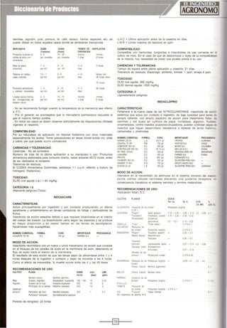 semillas. algodón. yute, prenses, té, café, tabaco, harina, especies, etc. se
puede ulllizar en todos aquellos casos donde se almacenan mercancías.
MERCANCIA
Productos agranel en
oeldas de silOs oen
atmaoenes
Pias de gra'lO
ensacaóo
Tabacos e~~ landos.
ca¡as obamle$
Productos ahmentrCIOS
y prensos. envasados
locales vac.os.mollnos,
etc. (tumlgacoones de
espaCIO vaclo)
DOSIS
(Tabletas)
2·5
por torelada
1·2
porm3
112 ••
porm3
1. 3
por m3
2-3
por m3
DOSIS
(Pelle!)
10 . 25
por tonelada
5. 10
porm3
3·5
po• m3
5. 15
por mJ
10. 15
porm3
TIEMPO DE VENTILACION
EXPOSICION
mínimo min mo
3 días 6 horas
3-4 3 holas
días
• • 8 'andes. mon.
dl3:$ 48 lloras otroS
12 h<xas
3·5 48 horas
d~as
mln1mo mínimo
3 días 6 horas
- No se recomienda fumigar cuando la temperatura de la mercancía sea inferior
a s•c.
- Por lo general, es aconsejable que la mercadería permanezca expuesta al
gas el máximo tiempo posible.
- En todos los casos se deben observar estrictamente las disposiciones oficiales
vigentes al respecto.
COMPATIBILIDAD:
Por su naturaleza de aplicación no mezclar fosfamina con otros materiales
especialmente los ácidos. Tomar precauciones en áreas donde exista oro, plata
y cobre; por que puede ocurrir corrosiones.
CARENCIAS Y TOLERANCIAS:
Carencias : No se considera.
Número de dlas de la última aplicación a su manipuleo ó uso: Productos
alimenticios elaborados para consumo directo. deber airearse 48-72 horas, antes
de ser dedicados al consumo.
Tolerancia de residuos:
El CODEX Ahmentarius Committee, establece 1 1 p.p.m. referido a fosfuro de
hrdrógeno (fosfamina).
TOXICIDAD:
DUSO oral aguda (i.a.) = 40 mg/Kg.
CATEGORIA: 1b
Altamente peligroso-Tóxico
CARACTERISTICAS:
INDOXACARB
Actúa prrncrpalmente por ingestión y por contacto produciendo un efecto
paralizante y antialimentanio en larvas comedoras de follaje y perforadoras de
frutos.
lnsectioda de acción selectiva debido a que requrere b10activarse en el interior
del cuerpo del insecto. La bioactivaoón varia según las especies y se produce
en mayor proporción y en menor tiempo en las larvas de lepidópteros,
hacténdolas más susceptibles.
NOMBRECOMERC~L FORMUL
AVAUNT®ISO SC S.C
MODO DE ACCION:
CONC.
150 gn
IMPORTADOR
FARMEXSA
PROCEDENCIA
Insecticida neurotóxico con un nuevo y único mecanismo de acción que consiste
en el bloqueo de los canales de sodio en la membrana de axón, deteniendo el
Hujo de sodio hacia el interior de la membrana.
El resultado de esta acción es que las larvas dejan de alimentarse entre 1 y 4
horas después de la ingestión o contacto y de¡an de moverse a las 4 horas
Como el efecto es irreversible, la muerte ocurre entre las 4 y las 48 horas.
RECOMENDACIONES DE USO:
CULTIVO PLAGA DOSIS UAC LMR
mUha (días) {pprm)
Nombre oomun Nombre cienhfiOO
Ma'z Gusano cogOllero Spodoptera fllg perda 100. 150 15 0.02
Algod6n Gusano de lahoja A'abama argillacea 300 14 2
Pertorador de la bellota Helootnrs virescens 400 14 2
Capsioum
annuum PertO<ador del fruto Heliothis wescens 300 0.3
Perlorador franjeado SymmelnSCilerna capsooum
Periodo de reingreso: 24 horas
U.A.C = Última aplicación antes de la cosecha en días.
L M.R = Limite máximo de residuos en ppm.
COMPATIBILIDAD:
Compatible con herbicidas, funglcldas e insecticidas de uso corriente en e
cultivo de maiz. En el caso de que se desconozca o dude de la compatibilidac
de la mezcla, hay necesidad de hacer una prueba previa a su uso.
CARENCIAS Y TOLERANCIAS:
Tiempo de espera entre última aplicación y cosecha: 21 días.
Tolerancia de residuos: Espárrago, ptmrento. tomate: 1 ppm; arveja 4 ppm
TOXICIDAD:
DLSO oral aguda: 268 mg/Kg
DLSO dermal aguda: >500 mg!Kg.
CATEGORIA: 11
Ligeradamente peligroso.
CARACTERISTICAS:
IMIDACLOPRID
Pertenece a la nueva clase de las NITROGUANIDINAS, insectjcjda de ac:o....
srstémrca que actúa por contacto e ingestión, de baja toxicidad para seres ~
sangre caliente, con amplio espectro de acción para tratamiento follar
semillas y del suelo en cultivos de papa, hortalizas. algodón, fruta e
ornamentales contra insectos picadores-chupadores, pueden controlar cepas ...
insectos que hayan desarrollado resistencia a ésteres de ácido fosfór>"'
carbamatos y piretroides.
NOMBRE COMERC~L FORMUL. CONC. IMPORTADOR PROCEOENCI.<
ADMIRE 200 SL LS 203.5 gn CROPSA ALEMANIA
CIGARAL 70 WP P.M. 700 g~ HORTUSS.A. CHilE
CONFIDOR350 SC s.c. 350 gil BAYERSA COLOMBIA
CONTROLLER 350 SC se 35 % p/v NEOAGS.A.C. CHINA
OK PRIO 35'foSC s.c. 350 gil OROKASA PERU SA SINGAPURE
LANCER® s.c 350 g.~ FARMEXSA CHINA
PRIVATE C.S 350 g'L FARMAGROSA
THUNOER 350 SC s.c 350gil S..VESTRE PERU SAC
WNhER 70WG WG. 700 g.~ GRUPO ANOEX SIC
ZlJXION 20 LS LS. 200g.l S..VESTRE PERU SAC JOROANlA
MODO DE ACCION:
lntervrene en la transmisión de estímulos en el SIStema nervioso del insect
excrta ciertas células nerviosas atacando una proteína receptora
consecuencia transtorna el sistema nerv1oso y termina matandolos.
RECOMENDACIONES DE USO:
(Aplicación foliar) S.C.
CULTIVO PLAGAS DOSIS
Por ha En% 0100 %
(70 WP) (2ot L
ALCACHOFA ·mosqu lla de os brotes' Prod ~IOiiS lon;•fr a
o12S 1
ALGODON 'Pu g~n· A;lh•s goss1: ' o'8 • 0.35 1 005-012 02 . 025 o 1
'"'osta~e'o' Corylha ca :om!l 018-0351. 006-0•2
•Arreb arado' 0JS:e'CUS
pe'ovlanus 03 . 0,5l o10 - 0.20
CEBOLLA ' Trrps' Tnnps tabacr o075-0 1
HOLANTAO 'MOSOJII a de
los brotes' Prod plosrs longrfr a 0.075·0 1
MANDARINA 'Pulgor' Toxoprera auran111 005 - 0.1
''-'osea blan;a' Aleurolhmus
floccosus 005- 0.1
'Quereza
redonda' Lep dosaphes beckll o07 - 0.14 0.2 . 0.15
'Querez¡ coma' Selenasp.dus
art C.Jialus 0.07 - 0.14
"Mmadtn de los
Ctlflctl$' Ph1 kx::rus~ s etre a o 375·0.50
ESPA~RAGO 'Mo~:~~ a :e .es P•oe ;;los s lo"g 'la - 0075 - 01 03 . 04
~rotes'
·n:csca : a,ca· Se"" s1a arge,..:o'ohi o.
I.IELON •mesea ba•ca' 8~'1' sta tat>ae o1
PAPRIKA 'mcsqJr la de los
brotes' Prodrposs lc•grfla 0.075-0 1 o 12!
PIQUILLO
TOMATE 'mosqurila de
los brotes' Proerposis longillla o075-0 1
VIO "Filoxera~ Vrteus vtrfol at o t
(En tratan ento deserrrla) W.S.
-----!~1----
 