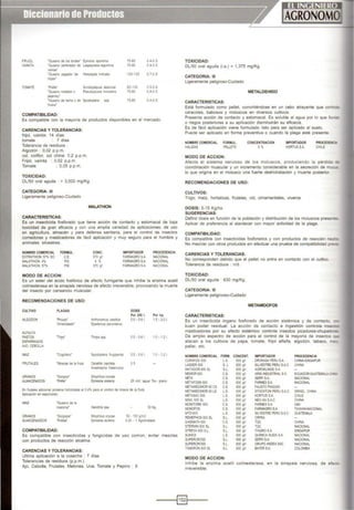 FRIJOL
VAINITA
TOMATE
'G.lsa'IO de lOS brotes· EponoLa aporema
'GJsaoo pet!Otadof de Laspetrew eg"""'.s
vanas•
'G..sano pegado< de Hedylepea llldocata
hojas'
"Pella' Set1léopa!pua absoluta
'G.;sano l"'edodo< o ~sall"diJdens
pe¡errey"
'G..sano de toetr1 o de Spodoptera spp
frutos·
COMPATIBILIDAD:
75-80 0.4-0 5
75-80 0.4-0 5
100·'25 0.7-0.8
80-100 0.5-06
75-80 0.4-0 5
75-80 0.4·0.5
Es compatible con la mayorla de productos disponibles en el mercado.
CARENCIAS Y TOLERANCIAS:
frijol, vainita: 14 dlas
tomate : 1 dlas
Tolerancia de residuos :
Algodón : 0,02 p.p.m.
col, coliflor. col china: 0,2 p.p.m.
Frijol, vainita : 0,02 p.p.m.
Tomate : 0,05 p p.m.
TOXICIDAD:
DU50 oral aguda : > 3,000 mg/Kg
CATEGORIA: 111
Ligeramente peligroso-Ciudado
MAUTHION
CARACTERISTICAS:
Es un insectiCida fosforado que tiene acción de contacto y estomacal de ba¡a
toxicidad de gran eficacia y con una amplia variedad de aplicaciones, de uso
en agricultura, almacén y para defensa samtaria, para el control de insectos
comedores y mashcadores de fácil aplicación y muy seguro para el hombre y
animales silvestres.
NOMBRE COMERCIAL
EXTRATHION 57% EC
MALATHION 4%
MALATHION 57%
FOR.MUL
CE
PS
PM
MODO DE ACCION:
CONC.
570 g.'
4"570 g;
IMPORTADOR
FARMAGROSA
FARMAGROSA
FARMAGROSA
PROCEDENCIA
NACIONAL
NACIONAL
NACIONAL
Es un ester del ácido fosfórico de efecto fumigante que inhibe la enzima acetil
colinesterasa en la sínapsis nerviosa de efecto irreversible, provocando la muerte
del insecto por cansancio muscular.
RECOMENDACIONES DE USO:
CULTIVO
ALGOOON
ALFALFA
PASTOS
ESPARRAGOS
AJO. CEBOLLA
FRUTALES
PLAGAS
'Pocudo'
'Aireb•alado'
'Tnps'
Anthonomus vest1tus
DY$derCIs peruY'anus
T~nfJ$ spp
DOSIS
Por 200 l.
05. 0.61.
05-061.
Spodoptera frug perda O5 • O6 1
'Moscas de la !ruta Cera<tl$ ca;>tata O5
AA3strlj)lla fralerarus
'Gago,o' S~ oryzae
Por ha.
1.5. 2.01
1.0· 1.2
1.0 - 1.2
GRANOS
ALMACENADOS 'Polla' Ephes:a eta:elta 25 r.i'l agua¡ Too. gtano
En frutales adoo'l&f protena hod!Oiucla al O4% para e. COI'!tol de JroSCa de <1 fru:a
Aplocaa6n en espolvOreo
MAIZ 'G..sano de la
mazO<Ca' Helioti>IS zea
50 . 100 glm2
SO Kg.
GRANOS
ALMACENASDOS
S1tOI)h1 us 01y2ae
Ephesua eltJtel a o25 . 1 KgnoneJada
COMPATIBILIDAD:
Es compatible con insecticidas y fungicidas de uso común, evitar mezclas
con productos de reacción alcalina.
CARENCIAS Y TOLERANCIAS:
Ultima aplicación a la cosecha : 7 dlas
Tolerancias de residuos (p.p.m.)
Ajo, Cebolla, Frutales, Melones, Uva, Tomate y Pepino : 8
TOXICIDAD:
DU50 oral aguda (i.a.) = 1.375 mg/Kg.
CATEGORIA: 111
Ugeramente peligroso-Cuidado
METALDEHIDO
CARACTERJSnCAS:
Está formulado como pellet, convirtiéndose en un cebo atrayente que con<.;
caracoles, babosos y moluscos en diversos cultivos.
Presenta acción de contacto y estomacal. Es soluble al agua por lo que 11l
o riegos posteriores a su aplicación disminuirán su eficacia.
Es de fácil aplicación viene formulado listo para ser aplicado al suelo.
Puede ser aplicado en forma preventiva o cuando la plaga esté presente
NOMBRE COMERCIAL FORMUL.
HALIZAN PElLETS
MODO DE ACCION:
CONCENTRACION
5%
IMPORTADOR
HORTUSS.A.
PROCEDOoQ.
CHILE
Afecta el sistema nervioso de los moluscos, produciendo la pérdida
coordmación muscular y un incremento considerable en la secreción de m~
lo que origina en el molusco una fuerte deshidratación y muerte posterior
RECOMENDACIONES DE USO:
CULTIVOS:
Tngo, maíz. hortalizas, frutales. vid, ornamentales, viveros
DOSIS: 5-15 Kg/ha
SUGERENCIAS:
Definir dosis en función de la población y diStribución de los moluscos prese
Aplicar de preferencia al atardecer con mayor actividad de la plaga.
COMPATIBILIDAD:
Es compatible con insecticidas fosforados y con productos de reacción ne..
No mezclar con otros productos s1n efectuar una prueba de compatibilidad ~
CARENCIAS Y TOLERANCIAS:
No corresponden debido que el pelle! no entra en contacto con el cultivo
Tolerancia de residuos . n/d.
TOXICIDAD:
DU50 oral aguda : 630 mg/Kg.
CATEGORIA: 111
Ligeramente peligrooso-Culdado
METAMIDOFOS
CARACTERISTICAS:
Es un insecticida órgano fosforado de acción sistémica y de contacto
buen poder residual. La acción de contacto e ingestión controla insec
masticadores por su efecto sistémico controla insectos picadores-chupa~
De amplio espectro de acción para el control de la mayorla de insectos ~
atacan a los cultivos de papa, tomate, frijol alfalfa, algodón, tabaco. rr-a=.
paliar, etc
NOMBRE COMERCIAL FORM. CONCENT. IMPORTADOR PROCEDENCIA
CURAFOS 600 LS 600 g.. DROKASA PERtJSA CHINA.slNGAPUR
LASSER600 S L 600 g.1 SILVESTRE PERU SAC CHINA
MATADOR 600Sl SL 600g¡l AGR01QfNGE SA
...EMOR600 es 600g¡l ARIS INDUSTRIAl. SA EOJADOil-GUATEMAI.J..C-
META es 600 g.1 SERFlSA NACIONAl.
...ETAFOS®600 es 600 g.l FARMEXSA NACIONAl.
METAM~ &OCS es 600g. FAUSTO PIAGGIO
METAMJDOMOR. 60 lS LS 600 g.1 STOCKTON PERU SAC. ISRAEL CHINA
METASAC600 LS 600g.1 HORlUSSA CHlLE
MISIL600 SL LS 600 g.~ NEOAGSAC CHINA
MONITOR!! 600 C.S. 600 g.l FARMEXSA USA
MONOFOS cs. 600 g;l FARMAGROSA TAIWAN-NACIONAL
MT[).6()1) LS 600 g;l SILVESTRE PERIJ SAC GUATEMALA
REMEPHOS 600 SL SL 600 g.1 CRPSA
S.KEMATA600 c.s. 600 g,1 TQC CHINA
STERMIN600 Sl SL 600 gA TOC NACIONAL
STREYA 600 Sl. SL 600 g.1 ITAGROSA SINGAPUR
SUKKOI LS 600 gn QUIMICA SUIZA S.A. NACIONAL
SUPERCROSS SL 600 gn SERFIS.A. NACIONAL
SUPERCROSS SL 600 gn GRUPOANDEl<SAC NACIONAL
TAMARON 600 SL SL 600 gn BAYER S.A. COLOMBIA
MODO DE ACCION:
Inhibe la enzima acetll colinesterasa, en la sinapsis nerviosa. de efed:
irreversible.
--~[§]~-----
 
