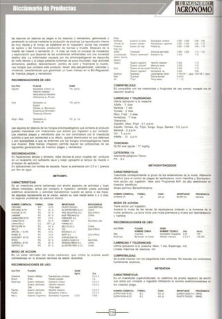 las esporas en latencia se pegan a los tnsectos o nematodos, germinando y
penetrando la cutícula medtante la producción de enzimas. la reproducción interna
es muy rápida y el hongo se establece en el hospedero donde hay invasión
de tejidos y del hemocele, producción de toxinas y muerte. Después de la
muerte del tnsecto o nematodo (5 - 8 d'as) se inicia un proceso de micelación
y esporulaoón que depende de las condiciones ambientales con una humedad
relativa alta. la enfermedad causada por los entomopatógenos se desarrolla
en corto tiempo y la plaga presenta síntomas de poca movilidad, baja actividad
alimentana, parálisis desonentación, cambio de color y finalmente la muerte.
los hongos que contiene este producto, tienen alta patogenicidad, viabilidad y
virulencia, características que garantizan un buen manejo en la Sic-Regulación
de insectos plagas y nematodos
RECOMENDACIONES DE USO:
CULTIVO
Algodón
Mol
Sago- Maiz
PLAGAS
Spodoptera endanla sp
Alabama arglilacea
Hehcoverpa sp (Heliothls)
An!honomus sp (Ptcudo)
Spodoptera so
Sogats
Diauaea sp (Barrenador)
Syngam•a sp (Enrollado<)
Ttb<aca sp (Ch nche)
Spodoptera "
Ota:raea sp
DOSIS
tOO· grsiha
tOO. grslha
100 gr 1ha
las esporas en latencia de los hongos entomopatógenos que contiene el producto
pueden mezclarse con msecttcidas que actúan por ingestión o por contacto.
los insectos plagas y nemátodos que no son controlados por el insecticida
químico o que son reststentes a su efecto, quedan disminuidos en sus defensas
y son susceptibles a que se enfermen por los hongos entomopatógenos hasta
que mueren. Este manejo mtegrado permite regular las poblaciones de las
sigUientes generaciones de tnsectos plagas y nemátodos.
RECOMENDACION :
En Aspersiones aéreas o terrestre. debe diluirse el polvo mojable del producto
en un recipiente con suficiente agua y luego agregarlo al tanque de mezcla o
al equipo de aplicación.
En aplicactones con bomba de espalda, hacer la premezcta con 0.5 a 1 gramos
por litro de agua
METHOMYL
CARACTERISnCAS:
Es un insecticida oxima carbamato con amplio espectro de actividad y buen
efecto inmediato, actúa por contacto e ingestión, también posee actividad
sistémica ascendente y actividad translaminar cuando se aplica a las hojas.
Se degrada rápidamente en el medio, siendo su vida media entre 3 a 5 días.
no dejando problemas de residuos tóxicos.
NOMBRE COMERCIAL FORMUt.. CONC. IMPORTADOR
CASCABEL SP 90% FAUSTOPIAGGIO
OETHOMIL 90 PS PS 90% SLVESTRE PERV SAC
KUROML90 PS PS 90 % ARIS INDUSTRIAL SA
IANMARK PS 90 % BASf PERUANASA
lANNAFARM 90PS PS 90... FARIAAGROSA
lANNATE®90 PS 90% FARI.EX SA
lANNATE®lV es 297 5 g.1 FARI.EXSA
METIOCARB 90 PS 90 % IIEOAGSAC
IIAI.A-T PS 90% TOC
01'0011 • 190 PS PS 90% BIOGRU"lSAC
RAM9090 PS 90% SERASA
SHOCKER T90 PS PS 90% AGROKUNGE SA
SPOCK I>S 90% OUIMICA SUIZA SA
SUPERMJll90 PS PS 90% DROKASAPERVA SA
WESTMYI.90 PS 90% SILVESTRE PERV SAC
MODO DE ACCION:
Es un estar derivado del áctdo carbónico, que inhibe
colinesterasa en la sinapsis nerviosa de efecto reversible.
RECOMENDACIONES DE USO:
CULTIVO PLAGAS
Alcachofa Guuno Medidor Pseudoplusla ncludens
Bnocoh F'<lltl!a Plutells xytoslelta
Esparrago Gusano deloltador Copllarsta 1urba1a
Gusano perforador HeiiOlhls v~rescens
Trips Thnps labact
Papnka Gusano perforador Hellothis v"escens
Piqu lo Gusano e~reoto Spodoptera endanta
Maizy Gusanos Cogolleros Spodóptera frog perda
DOSIS
Kg/ha
0.250
PROCEDENCIA
GRANBRETmA
CHINA
SUDAFRICA
CHNA
NACIONA...tJSA
CHNA
SUOAFRICA
SUOAFRICA
NACIONAl
CHINA
CHINA
la enzima
1/ha
0.2·0 4
0.4
0.2·0.4
0.2·0 4
0.2·0 4
0.2·0.4
0.900
acetil
Sago
Hortaltzas
tToo-<~le ~~
Pmenton.
F,ai CCll)
Alfa'a
CuaK1»;aceas
IMe<lO Sandoa
Zapa!o)
Tabaco
Soya
Naran¡os
PMo
Vtd
O..sanos de 11erra Spodóptera endan1a
O..saro med<dor PHudoplu$<1 noga!torus
Gusaro de ho¡a Plutela sp
'Caballada' Antx;ars.a ge,_
'G~sano barrenador" O;aphaooa sp
'Gusano cogolle-o' Helo:h•s vrascens
'GtJsano c.tehudo' Mancuca sexta
'Gusano de las va nas• Helo:~'s sp.
'Gusano oogotlero• Spodoptera sp
'Quereus• Lepodosaphes becku
·ouerua· Ftonnta fionnae
' Tnps· Thnps tabact
COMPATIBILIDAD:
0.250 . 0400 090·150
0250 · O.JOO 0.90. 110
0250 · OJOO 0.90. 110
0.300 . 0400 1.10 . 150
0.300 110
o300 110
0.300 1.10
0.300 110
0.250 o90
O150/100 l. agua 0.551100 t A¡¡.a
0.4·0.5
1 - 1.5
Es compatible con los insecticidas y fungicidas de uso común, excepto los <>.
reacción alcalina.
CARENCIAS Y TOLERANCIAS:
Ultima aplicación a la cosecha:
Alfalfa : O días
Naranja • 1 dia
Tomate · 2 dias
Maíz, Fn¡ol : 3 días
Hortalizas : 7 dias
Tolerancia :
Algodón, Maíz. Fri¡ol : O1 p.p.m.
Zapallo, Tomate, Aji. Frijol, Sorgo, Soya, Sandía : 0.2 p.p.m.
Naran¡a : 2 p.p m
Col : 5 p.p.m.
Alfalfa : 1O p p.m
TOXICIDAD:
DU50 oral aguda · 17 mg/Kg.
CATEGORIA: 1b
Altamente peligroso-TóxiCO
PH: 6.0
CARACTERISnCAS:
METHOXYFENOZOIDE
Insecticida correspondiente al grupo de los aceleradores de la muda. Altamer:
efectivo para el control de plagas de lepidopteros como Heliothis y Spodopter.:
lene acción por ingestión. Ideal para Programas MIP, de alta selectividad e--
insectos benéficos.
Grupo químico: Benzoilhidrazina.
NOMBRE COMERCIAL FORMUL.
INTREPIO 2F SC
MODO DE ACCION:
Tiene acción por ingestión.
CONC.
240 g.1
IMPORTADOR
BAYERSA
PROCEDENC¡.t
Alemania
Acelera la muda de las larvas de lepidopteros imitando a la hormona de .a
muda: ecdisona. la larva inicia una muda prematura y muere por deshidrataC1CY'
y hambre
RECOMENDACIONES DE USO:
CULTIVOS
Maa
EspárTago
PLAGAS
NOMBRE COMUN
Cogol ero
Barrt~~ado< de broteS
CARENCIAS Y TOLERANCIAS:
DOSIS
NOMBRE TECNICO
Spodoj>tera lrtJScperda
l'eiO!IllsV'~.S
1/ha
0.25
0.3-0 5
mllcil.
125
12S·2:00
Ultima aplicación a la cosecha: Maíz: 1 dia, Espárrago: n/d.
Limttes máxtmos de residuos. nld
COMPATIBILIDAD:
Se puede mezclar con los plaguicidas más comunes. No mezclar con productosa
fuertemente alcaltnos.
METIDATION
CARACTERISTICAS:
Es un insecticida organofosforado no sistémico de amplio espectro de acctór
que actúa por contacto e ingestión inhibiendo la encima acetilcolinesterasa en
los insectos plaga.
NOMBRE COMERCIAL
SUPRATHION 40 EC
SUPRATHION 40 EC
FORMUL.
EC
EC
CONC.
420 gil
420 gil
IMPORTADOR PROCEDENCIA
QUÍMICASUIZA S.A. ISRAEL
FAUSTO PIAGGIO ISRAEL
---1§}1----
 
