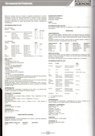 Sobre los insectos actúa por contacto e Ingestión atravesando su cutícula
penetrando al 1nterior del cuerpo hasta alcanzar el sistema nervioso, contra los
nematodes requiere ser ingendo junto con los tejidos ó jugos vegetales
provocando disturbios en el xilema donde existen también terminaciones
nerviosas, ocasionando en ambos casos acción neuro tóxica e inhibiendo la
colinesterasa.
RECOMENDACIONES DE USO:
Uso Insecticida
CULTIVO PLAGAS
AlGODONERO Gusano ptrlorador de la hoja Bucculatnx thu!ber>ella
Arreb•atado Oysdercus peruv•anus
ChinChe escue!o Euehistus sp
P/>i'A Mosca mmadora L1r1omyza huidobrensis
Mosqu ta del brote Prod tx>51S sp
GorgOJO de los Andes Premnotrypes spp
Uso Nematicida
CULTIVO PLAGAS
APIO Nematodo del nudo Meloldogyne sp
FRIJOL Nematoe!o del nudo Meloldogyne sp
TOMATE Nematodo del nudo Meloodogyne sp
PPi'A Nematodo de nudo Meloldogyne sp
Ne<~'atoe!o de qu•ste G;obodera sp
Nefl'atoe!o del QUISte He:erodeta pa, Ida
NeMatoC!o faiSóO nodulador Naecoous sp
AJO Nematodo Ocylenchus d•psaa
NARANJO Nematodo Tytendlulus semtperelrans
Apio y Frijol:
Almácigo:
• A la s1embra, 5 mV1 m2
- 30 dias después de la emergene~a
Trasplante:
- 15, 35 y 55 dias postrasplante
- 20 y 40 días postemergencia
Tomate y Papa:
Almácigo:
· A la siembra, 5 mllm2
- 30 dias después de la emergencia
Trasplante:
- 10, 20 40 y 60 dias postrasplante
DOSIS
1/ha V100 1aguo
25 . 3.0 0.5 . 0.6
20 04
2-25 0.4 . 0.5
25 0.5
24 . 3.0 0.5. 0.6
1.4 . 2.0 0.3 . 0.4
DOSIS
U100 t Kglha
0.4. 0.5
0.4 . 0.5
o.• . o.5
os 30-SO
05
05
os
0.25 • 0.35 Kg.árt1ol
• 45 y 75 dlas post-emergencia como complemento de aplicación de granulados.
- 20, 45 y 75 dlas post-emergencia cuando se aplica solo.
• : Desinfección de semillas:
Agregar a 2.5 1 de agua 30 mi. de OXAMIL esta solución sirve para desinfectar
50 Kg. de semilla de ajo. Mezclar durante 20 minutos.
Aplicaciones foliares: Aplicar 1 dosis de 240 mi. de OXAMIL en 200 1 de agua.
Comenzar las aplicaciones apenas apunten los brotes y continúe con intervalos
de cada 15 días.
COMPATIBIL.IDAD:
Es compabble con 1nsect1cidas y fung1cídas de uso común, con aceites tener
cuidado. incompatible con productos de reacción alcalina.
CARENCIAS Y TOLERANCIAS:
Uso insecticida:
Ultima aplicación a la cosecha. Papa y Naranjo: 7 dias; Algodonero: 21 días:
Apio, FriJol: 14 días
Tolerancia de Residuo: Papa 0.1 p p m.; Algodonero: 0.2 p.p.m.
Uso Nematíe~da:
Tolerancia de Residuo. Papa 1 p p m.; Tomate: 2 p.p.m.; Apio, Naranjo: 3
p.p.m
TOXICIDAD:
DU50 oral aguda : 37 mg/Kg.
CATEGORIA: 1b
Altamente peligroso-Tóx1co
PH : 4.7- 6.5
PAECILOMYCES LILACIMUS
CARACTERISTICAS:
Nematicida biologico, controla parasltando a los huevos y larvas de nemátodos
patógenos de plantas en el suelo.
NOMBRE COMERCIAL FORMULACION
BIOSTAT PM
IMPORTADOR
SERFI SA.
PROCEDENCIA
PLAGAS QUE CONTROLA:
Melo1dogyne incognita
Tylenchulus sem1penetrans
Oyblenchus dipsact
DOSIS:
100- 150 g/ha
RECOMENDACIONES DE USO:
En cultivos anuales antes de la siembra y en frutales al momento e::
abonamiento.
PERMETRINA
CARACTERISTICAS:
Es un píretroíde sintético, altamente activo y de rápida acción, por contacto -
ingestión, no es fitotóxico, poco tóxico para los humanos y animales de san;-
caliente, permite que se puedan hacer aplicaciones durante la época de
cosecha.
De amplio espectro de acción, elimina larvas en cualquier estadio y estado :ro
desarrollo del cultivo, de excelente acción de choque.
NOMBRE COMERCIAL FORM. CONCENT. IMPORTADOR PROCEOEHa.
EXTRATINA CE 384 g,, DROKASA PERU SA ARGENTINA
HORTIQUIM 50 EC CE 500 9n CU(MICA SUIZJI. SA GRAN B'lf'•
PERIIEKILL 50 CE CE 500 g,, ARIS INDUSTRIAl SA GRAN BRE"s.
PERIIEKilL 50 CE CE 500 g,, SILVESTRE PERUSAC CHINA
POUNCE CE J84.gn FARMAGROSA USA
RAYOSAC 50 EC CE 500 g,1 HORTUSSA CHILE
MODO DE ACCION:
Actúa sobre el s1stema nervioso periférico. produciéndose un desbalance soc-
potasio a nivel de neuronas El insecto una vez que ingiere el producto, e¿
de comer y después muere
Por contacto, los msectos mueren al caertes directamente el insecticida.
RECOMENDACIONES DE USO:
CULTIVO PLAGAS
ALGOOON 'Gusano rosadlo'
•Arrebla:ado'
AJO 'TIIps'
AJI 'Pohlia'
PM'A, 'Pollla'
TOMATE 'Gusano e1erCI!o'
'Mosca m~nadora·
FRIJOL, 'Mosca minadora'
GARBANZO, 'Gusano silbadO/'
MAfZ 'Cogol'ero'
HORTALIZAS 'Gusano med1dol'
'Gusano de laCOl'
'Gusano de ho¡a'
ALFALFA 'Gusano e¡érc to'
'Caballada'
'Mosca rrl<ladlora'
ESPARRAGO .,.~.
' : i.a." Ingrediente actiVO
g. =gramos
COMPATIBILIDAD:
Peálllopllo<a gossyp.e a
Oysderous peruvtanus
Tnps tallad
Symmestnehema tab&ci
Scrobipalpula al>sotuta
Spodoptera endania
linomyza huidobrensis
Llnomyza huidobrensis
Hetiothis spp
Spodoptera endania
Pseudoplus a includens
Helulla spp
Plutella spp
Spodoptera endama
Anbear$l8 gemmatihs
lltio<"yza ~uldobrens s
Thnps tallad
DOSlS
i.aJha'
75 g
12S mll200 L
125-200 mJ200 L agua.
7S-100 g.
50-100 g.
50-7S g.
50-100 g
50g.
Es compatible con insect1c1das y fungicidas de uso común, excepto los oe
reacción alcalina, como caldo bordales o polisulfuro de calcio.
CARENCIAS Y TOLERANCIAS:
Espárragos Tomate : 1 dla
Frijol : 7 días
Hortalizas : 14 dias
Toleranc1a de Residuos:
Espárrago . 1 p.p m.
Tomate : O2 • 2 p.p.m.
Hortalizas y Papa : 0.1 p.p.m.
Maíz : 0.01 p.p.m.
TOXICIDAD:
DU50 oral aguda: > 8,000 mg/Kg.
CATEGORIA: 111
Ligeramente peligroso-Cuidado
PH : 5.0
-----l~l----
 