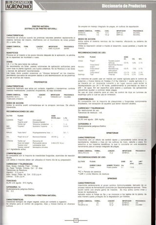 CARACTERISTlCAS:
PIRETRO NATURAL
(EXTRACTO DE PIRETRO NATURAL)
Insecticida se produce cuando las píretrinas naturales penetran rápidamente al
SIStema nervioso del insecto. interfiriendo con el mov1miento de iones potasio
(K} y sodio (Na).
HOMBRECOMERCIAl
~"RECO
BENEFICIOS
FORM.
L
CONCENT.
5.61%
IMPORTADOR
AGRO VlLLACURI
PROCEDENCIA
ESPAÑA
Provoca en el insecto a los pocos minutos después de la aplicación, la pérdida
de la capacidad de movilidad o vuelo.
DOSIS:
0.5 ·1 U Ha para todos los cultivos
Se recomienda vía foliar, usando volúmenes de aplicación suficientes para
cubrir toda la planta logrando una buena cobertura. No es fitotóxico a las dosis
y épocas de aplicación recomendadas.
~..as bajas dosis pueden ocas1onar un "choque temporal" en los insectos.
penmtiendo que estos se recuperen debido a una desintoxiC3ción de las piretrinas
por las enzimas del insecto.
PROFENOFOS
CARACTERISTICAS:
Insecticida fosforado que actúa por contacto, ingeslión y translaminar; controla
11sectos masticadores, picadores chupadores. de baja loxicidad.
~BRECOMERCIAl FORk
X1.ECRON 500 E.C. CE
FABRICAHTE SYNGE'ITA
MODO DE ACCION:
CONCEHT.
500~
IMPORTADOR PROCEDENCIA
FARMAGROSA' COl.OMBlA
Inhibe la enzima acetil colinesterasa en la sinapsis nerviosa. De efecto
lrl'eversible.
RECOMENDACIONES DE USO:
CULTIVO
-~oooo~
IAIZ.
SORGO
~APA.AJI
~Ol
:TRICOS
PLAGAS
'Ngón'
"Cgarrr.a veroe•
"Arah ta roja'
'Cogollero·
'Acaro hialino'
'l'lllgón de la COl'
'Ar.tt;;~ ro¡a·
A¡lh.sgoss~
Empoasca Ktaemeri
Tetnnychus ao'abannus
SI)Odop;era 'rvgíperda
DOSIS
MI/200L.agua
Polyphagotarsonemus latus -
Brev<:oryne brass!Cae 300-350 g.
LJha.
1 - 15
1 - 2
0.4-0.6
0.8 - 1.
•Acaro del tostado'
Paoorychus ci~i
Phyf«oppreta o!eivora
lepodosapl>es bedai
Se'enaspldus atllCU'atus
O050-0072 %(o.a)
'Ot.el€za coma•
'Quel€za redonda"
a.= ingrediente activo
COMPATIBILIDAD
Es compatible con la mayoría de insecticidas fungicidas. acaricidas de reacción
neutra.
1..os caldos 6 mezclas deben ser utilizados el mismo día de su preparación.
CARENCIAS YTOLERANCIAS:
1alz, Sorgo, Cebolla, Frijol . 14 dias
Jl,ji. Papa, Tomate, Cftricos, Col : 21 dias
Tolerancias de Residuos:
Algodón : 0.3 p.p.m.
Maíz, Sorgo. Papa. Ají, Col : 0.02 p.p.m.
Cftricos : 0.05 p.p.m.
TOXICIDAD:
DU50 oral aguda : 613 mg/Kg
CATEGORIA: 1b
Moderadamente peligroso-Danino
PH: 5.0
ROTENONA+ PIRETRINA NATURAL
CARACTERISTICAS:
nsecticida biológico de origen vegetal, actúa por contacto e ingestión.
Se emplea para el control de pulgones. trips y mosca blanca en diversos
cultivos
Se emplea en manejo Integrado de plagas, en cultivos de exportación.
NOMBRE COMERCIAL
EXTRACiO
EXTRACTOL
FORMUL
Pt.t
CE
MODO DE ACCION:
CONC.
50'
100~1
IMPORTADOR
SERFISA
SERFtSA
PROCEDENCIA
NACIONAl
N.~CIONAL
Actúa sobre el sistema nervioso de los insectos, afectando su sistema de
locomoción.
1nhibe la respiración celular e impide el desarrollo, causa parálisis y muerte del
insecto.
RECOMENDACIONES DE USO:
CULnvO PLAGAS DOSIS
8% 10% 50%
C1t1100S "Pulgón" Toxoptera auran~o
Aphrs spp 0.5-1% 02% o 1%
"mosca blanca· Aleurothnsus lloooosus
Manzano "pJigón" AphiS spp
·rr.osca blanca' AleurodiCUS spp 0.5-1% 02% 01'4
Algodón "PJ'Qón" Aph.s gossypt
·,.osea blanca' Beffi.S<I tabaco 0.5-1% 0.2'4 01%
Esp~rrago "T-ps" Thnpsspp o5-1'4 02'4 o06%
La rotenona se puede usar en mezcla con aceite agrícola para el control de
pulgones y mosca blanca en frutales (1-2 Kg rotenona + aceite agricola 2 1.).
se macera en un recip1ente cubierto y en lugar oscuro para evitar la
fotodegradación por 24 6 48 horas, posteriormente la pre-mezcla se lleva a
200 l. de agua. Sin ser especifico para acaros y querezas. las aplicaciones
preventivas ayudan a controlar éstas plagas.
Se usa en posl cosecha para el caso de control de trips en turiones de
espárrago para lo cual se usa en inmersión.
COMPATIBILIDAD:
Es compatible con la mayoría de plaquic1das y fungicidas comúnmente
empleados, con excepc1ón de aquellos que tienen reacción alcalina.
CARENCIAS Y TOLERANCIAS:
Sin restricciones de uso.
Tolerancia de residuos : n/d.
TOXICIDAD:
DU50 oral aguda : 264 mgiKg.
CATEGORIA: 11
Moderadamente peligroso-Dañino
PH= 6
CARACTERISTICAS:
SPINETORAM
Insecticida con un efecto de control rápido y contundente sobre larvas ce
lepidópteros, dlpteros y trips en los cultivos de maíz, cebolla y papa Es
selectivo a los insectos benéficos, lo que lo convierte en una excele,.•e
herramienta para el mane¡o integrado de plagas
NOMBRE COMERCIAL FORMUL. CONCENT.
ABSOLUTE60 SC SC 60 g~
RECOMENDACIONES DE USO:
CULTIVOS PlAGAS
IMPORTADOR
BAYERSA.
DOSIS pe•
(días)
NOMBRE COMUN
p~
NOMBRE TECNICO Uha
Plu:el'.axytos:ela 01 10.05
•pe = Periodo de carencta
..LMR =Límite Máximo de residuos
SPINOSAD
CARACTERISTlCAS:
PROCEOE:"CoA
lMR"'
(ppm)
lnsechClda perteneciente al grupo químico Actonomycetales, derivado de un
proceso natural de fermentación producida por Saccharopolispora sponosa Ttene
acc16n sobre una amplia gama de insectos. Es muy activo contra crlas y
larvas de lepidopteros
Aplicado sobre el follaje se fija y se incorpora a los tejidos de la planta de
esta manera queda protegido de la degradación por fotólisis.
NOMBRE COMERCIAL
GF -120
TAACER120 SC
FORMUL.
CB.
s.c
CONCENT.
0.2 g1
120 9~
IMPORTADOR
BAYERSA
BAYERSA
PROCEOE~CIA
USA
COI.OI.IBIA
----1~1----
 