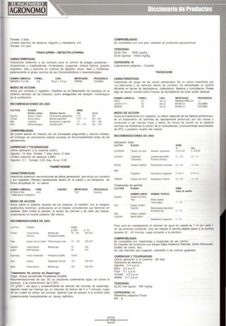 Tomate: 3 días
limites máximos de residuos Algodón y mandanna: n/d
Tomate: 0.5 ppm
THIACLOPRID + BETACYFLUTHRINA
CARACTERÍSTICAS:
COMPATIBILADAD:
Es compabble con una gran variedad de productos agroquimicos.
TOXICIDAD:
DL50 Oral : 5000 mg/Kg
DL50 Dermal >5000 mg/Kg.
Insecticida SIStémico y de contacto para el control de plagas picadoras - CATEGORIA: 111
chupadoras y masticadoras: Arrabiatado, pulgones, mosca blanca, gusano L1geramente pel¡groso - Cu1dado
cogollero, tuta y epinotla en cultivos de algodón. arroz, maiz y hortalizas.
perteneciente al grupo qulmico de las Cloronicotinilicos ó neonicotinoides. THIODICARB
NOMBRE COMERCIAL FORMUL. CONC.
MONARCA 1125 SE S.E 100 g,1 • 12.5 gil
MODO DE ACCION:
IMPORTADOR
CROPSA
PROCEDENCIA
COLOMBIA
Actúa por contacto e ingestión. Interfiere en la transmisión de impulsos en el
sistema nervioso de los Insectos, como antagonista del receptor nicotinergico
de la acetilcolina.
RECOMENDACIONES DE USO:
CULTIVOS
Algodón
Tomate
t.m
A'ltJZ
PLAGAS
Nombre común
Gusano rosado
Mosca blanca
CogOI ero
Mosca 11 nadora
COMPATIBILAOAD:
Nombre " cnico
Pectlnophora ¡¡ossypiel1a
Btm15oa a<gentifoll
Spodoptera frug1pe•da
Hydretli W111hl
DOSIS
1/ha
0.75
o75- 1o
1 o
06- o75
mllcil.
500
625. 833
500- 650
300- 375
Se puede aplicar en mezcla con los principales plaguicidas y abonos foliares,
sin embargo se recomienda realizar pruebas de fitooompatibilidad antes de las
aplicaciOnes.
CARENCIAS Y TOLERANCIAS:
Ultima aplicación a la cosecha (UAC)
OJgodón: 14 dlas. Tomate: 7 dlas; Arroz 8 dlas
Limites máximos de residuos (LMR):
Algodón: 0.1; Tomate: 0.05 dlas; Arroz: 0.05
THIAMETHOXAM
CARACTERÍSTICAS:
Insecticida sistémico neonicotmoide de última generación, que actúa por contacto
y por ingestión. Penetra rápidamente dentro en la planta y se transporta en
forma acropétala en el xilema.
NOMBRE COMERCIAL FORM.
ACTARA25WG W.G.
' FABRICANTE SYNGENTA
MODO DE ACCION:
CONCENT. IMPORTADOR
TQC'
PROCEDENCIA
COlombia
Actua sobre el sistema nevioso de los insectos. al interferir con el receptor
acetilcolina nicotinico, produciendo en el insecto convulsiones que terminan en
parálisis. Esto inhibe el hambre, la acción de cammar y de volar del insecto,
ocasionando la muerte postenor del mismo.
RECOMENDACIONES DE USO:
CUlTNO PLAGAS OOSIS
g/ 2001 9 ha
;omate mosca blanca Bernow spp 70. 100 280-400
caracha ~tor>g<Ua
"aca 9"'90!0 de los ande$ Premnouypes YllfaJ( 70- 100 280-• 00
~godón mosca blanca Bernow spp 70 280
~u gón A¡lll¡s gossypo 50 200
Esparrago mosca cecidomide Prod>plosls longi!iia 70280
·= sogata Sogatodes onZ>COia 100 280-400
"olelon mosca blanca Bem sla spp 100 280-400
Tratamiento de corona en Esparrago:
Plaga: mosca cecidomide Prodiplosis longifila
Recomendaciomnes de uso: En un recipiente conteniendo agua, se coloca el
producto a la concentración de 0.35%
70 g/200 l. de agua y posteriormente se colocan las coronas de esparrago,
dejando reojar las mismas por un intervalo de tiempo de 5 a 7 minutos, luego
de los cuales se retiran las coronas, dejando que se sequen a la sombra para
posteriormente transplantarlas en campo definitivo.
CARACTERISTICAS:
Insecticida del grupo de los ox1ma carbamatos. Es un activo insecticida por
vía estomacal y de reducido efecto de contacto, ha demostrado un control
eficiente en larvas de lepidopteros, coleopteros, dípteros y homópteros. Posee
algo de acción ovlclda sobre huevos de lepidópteros de buen poder residual.
NOMBRE COMERCIAL
w.co
LARVIN375 F
SE~
FORMUL.
s.c
se
se
MODO DE ACCION:
CONC.
340gll
340gll
350 gil
IMPORTADOR
DROKASAPERU S.A
BAYERSA
BAYERSA
PROCEDENCIA
COLOI.'BIA
COLOI!BIA
Actúa principalmente por ingestión, su efecto depende de los hábitos alimenticios,
en el tratamiento de semillas es rápidamente absorvido por las raíces y
conducido a las nuevas ho¡as y tallos. Su forma de acción en el sistema
nerv1oso es inhibiendo la acción de la colinesterasa, produciendose acumulación
de ATC y postereor muerte del 1nsecto.
RECOMENDACIONES DE USO:
Aplicación foliar
CULTIVO PLAGAS DOSIS
" 1/ha
ALGOOOH 'Gusano de ho¡a' Alabama argl.li1acea O03-0.0S o15.0 25
ALFAlFA 'Cobala<la' An1lCatsla !je"'matjs o1 -02 0.5 -1.0
·caballada' Prodefl>a endan•a
FRIJOL 'Gusano medidor' Pseudoplusa 111dudens o2 -0.4 1.0 -2.0
MAIZ
•eogotero· Spodoptera frugiperda 0.15-0 2 0.75-10
TOMATE "Gusa~o del fruto• Spodoptera endan1a 0.2 -0.4 1.0 -2~
Tratamiento de semilla:
CULTIVOS PLAGAS DOSIS
mllkg de semilla
NOMBRE COMUN NOMBRE TECNICO
A.godon Gusano de tierra
Tnps Felba experta
Tlnps tabaci 7- 10
Fn¡ol Gusano pocador
Clgarnta Elasmopa pus l>gnosellus
Empoasea spp 5- 10
MaiZ Gusano cortador
Cogollero .AQrot~ps¡IOn
Spodoptera lf119 perda 7. 10
Para usos en Impregnación el volumen de agua ha usarse es 1 mi por cada 1
mi. de producto comerCial Una vez tratada la semilla dejarla secar a la sombra
durante 30 - 45 minutos. luego proceder a la siembra.
COMPATIBILIDAD:
Es compatible con msectiCidas y fung1Cidas de uso común.
No mezclar con productos que tengan sales metálicos (Manzeb, Zineb, Mancozeb
Sulfato de cobre. etc).
No use mezclas que coagulen, preCipiten ó se vuelvan grasosos.
CARENCIAS Y TOLERANCIAS:
Ultima aplicación a ta cosecha : 28 días
Tolerancia de residuos:
Algodón : 0.4 p.p.m
Maíz : 2.0 p.p.m.
Frijol : 0.1 p.p.m.
Tomate : 0.2 p.p.m.
Alfalfa : 0.1 p.p.m.
TOXICIDAD:
DU50 oral aguda : 166 mg/Kg.
CATEGORIA: 1b
Altamente peligroso-Tóxico
PH : 6
-----l§}l----
 