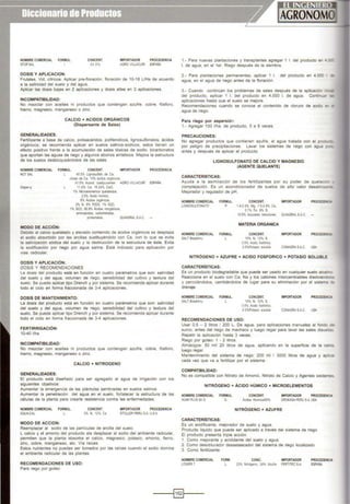 NOMBRE COMERCIAL FORMUL.
STOPSAL 1
DOSIS Y APLICACION:
CONCEIIT.
40 5'
IMPORTADOR PROCEDENCIA
AGRO VIUACU'ij ESPAÑA
Frutales, Vid. cílncos· Aplicar pre-floración, floración de 10-18 UHa de acuerdo
a la salinidad del suelo y del agua.
Aplicar las dosis bajas en 2 aplicaciones y dosis altas en 3 aplicaciones.
INCOMPATIBILIDAD:
No mezclar con acettes ni productos que contengan azufre, cobre, fósforo,
hierro, magnesto, manganeso o zinc.
GENERALIDADES:
CALCIO + ACIDOS ORGÁNICOS
(Dispersante de Sales)
Fertilizante a base de calcio, polisacáridos, polifenolicos, lignosulfonatos, ácidos
orgánicos: se recomienda aplicar en suelos salinos-sodicos, estos tienen un
efecto positivo frente a la acumulación de sales tóxicas de sodio, bicarbonatos
que aportan las aguas de riego y algunos abonos sintéticos. Mejora la estructura
de los suelos desbloqueándolos de las sales.
NOMBRE COMERCIAL FORMUL. CDNCENT. IMPORTADOR PROCEDENCIA
NOTSAL L 45 5% Llgnosu~alo de Ca
o~ato de Ca 10% écldos orgAnoeos,
41 Sll. Aoond coadyuvantes AGRO VlllACURI ESPAÑA
O.Sper-q 11 6% Ca 16 2411. CaO,
MODO DE ACCIÓN:
1% Mocroe>emeniOS queatados
25% ),etJo hUmlto
8% Acodos orgánocos.
2% N 6% P206, ,, 1<20.
1'11. 503. 66~ Ácidos ;t'(lf9aiICOS
aOWIOaCidos, c:arllollodlalO
OUIAGRAl SAC.
Debtdo al calcio quelatado y elevado contenido de ácidos orgánicos se desplaza
el sodio absOfbido por las arcillas suslituyéndolo con Ca, con lo que se evita
la sahnización sódica del suelo y la destrucción de la estructura de éste. Evita
la sodificación por riego por agua salina. Está indicado para aplicación por
vías radicular.
DOSIS Y APLICACIÓN:
DOSIS Y RECOMENDACIONES
La dosis del producto está en función en cuatro parámetros que son: salinidad
del suelo y del agua, volumen de riego, sensibilidad del cultivo y textura del
suelo. Se puede aplicar tipo Drench y por sistema. Se recomienda aplicar durante
todo el ciclo en forma fraccionada de 3-4 aplicaciones.
DOSIS DE MANTENIMIENTO:
La dosis del producto está en función en cuatro parámetros que son: salinidad
del suelo y del agua, volumen de riego, sensibilidad del cultivo y textura del
suelo. Se puede aplicar tipo Drench y por sistema. Se recomienda aplicar durante
todo el ciclo en forma fraccionada de 3-4 aplicaciones.
FERTIRRIGACIÓN:
10-40 1/ha
INCOMPATIBILIDAD:
No mezclar con aceites ni productos que contengan azufre, cobre, fósforo,
hierro, magnesio, manganeso o ztnc
CALCIO + NITROGENO
GENERALIDADES:
El producto está disellado para ser agregado al agua de irrigación con los
siguientes ob¡etivos:
Aumentar la emergencia de las plántulas sembradas en suelos salinos.
Aumentar la penetraetón del agua en el suelo. fortalecer la estructura de las
células de la planta para crearle resistencia contra las enfermedades.
NOMBRE COMERCIAL FORMUL.
AQUA-CAL L.
MODO DE ACCION:
CONCENT.
3'4 N, 12% Ca
IMPORTADOR PROCEDENCIA
STOLLER PERU S.A. USA
Reemplazar al sodio de las partículas de arcilla del suelo.
L calcio y el amonio del producto ala desplazar al sodio del ambiente radicular,
permiten que la planta absorba el calcio, magnesio, potasio, amonio, fierro,
zinc, cobre, manganeso, etc. Vla ralees.
Estos nutrientes no puedes ser tomados por las ralees cuando el sodio domina
el ambiente radicular de las plantas.
RECOMENDACIONES DE USO:
Para riego por goteo:
1 . Para nuevas plantaciones y transplantes agregar 1 l. del producto en -
l. de agua, en el 1er Rtego después de la siembra.
2.· Para plantactones permanentes, aplicar 1 l. del producto en 4,000
agua. en el agua de nego antes de la floración.
3.. Cuando conttnúan los problemas de sales después de la apliCéiCIOt"
del producto, aplicar 1 l. del producto en 4,000 l. de agua. Cont.n..a.
aplicaciones hasta que el suelo se mejore.
Recomendaciones cuando se conoce el contenido de cloruro de sodiO ~
agua de riego.
Para riego por aspersión:
1.· Agregar 100 1/ha. de producto, 5 a 6 veces.
PRECAUCIONES:
No agregar productos que contienen azufre, al agua tratada con el proc...c!::
por peligro de precipitaciones. Lavar los sistemas de riego con agua -
antes y después de aplicar el producto.
LIGNOSULFONATO DE CALCIO Y MAGNESIO
(AGENTE QUELANTE)
CARACTERISTICAS:
Ayuda a la asimilación de los fertilizantes por su poder de quelao
complejación. Es un acondtcionador de suelos de alto valor desali,..~
Me¡orador y regulador de pH.
NOMBRE COMERCIAL FORMUL. CONCENT. IMPORTADOR PROCE:e
UG'IOSULFOI'IATO p 14-2 '" Mg 1.5-2 411, Ca
O1% Fe 6'llt S
168% An.cares reduclores OUIAGRAL SAC.
MATERIA ORGÁNICA
NOMBRE COMERCIAL FORMUL CONCENl IMPORTADOR PROC~
SALTBreaktlllu L 15'4 N. 12% S
OS'lo lV::Jdo loslonco
0.5.,.Polas.o soluble CONAGRASA.C USA
NITRÓGENO +AZUFRE + ACIDO FOSFORICO + POTASIO SOLUBLE
CARACTERÍSTICAS:
Es un producto biodegradable que puede ser usado en cualquier suelo alca:r'C
Reacciona en el suelo con Ca, Na y los cationes intercambiables disolviéndo. :a
y percolándolos, cambiándolos de lugar para su eliminación por el sistema :lE
drenaje.
NOMBRE COMERCIAL FORMUL.
SALTBreaktnru L
CONCENT.
15% N 12% S,
0.5'4 Aodo fos!ónco,
O5%Potasio soluble
RECOMENDACIONES DE USO:
IMPORTADOR PROCEDEIIO·
CONAGRA S.A.C. USA
Usar 0.5 - 2 litros 1 200 L. De agua, para aplicaciones manuales al fondo
surco, antes del riego de machaco y luego regar para lavar las sales disue ·
Repetir la aplicación hasta 3 veces.
Riego por goteo: 1 • 2 litros
Almácigos: 50 mi/ 20 litros de agua, aplicando en la superficie de la cara
luego regar
Mantenimtento del sistema de flego 200 mi 1 3000 litros de agua y ap 'Cir
cada vez que va a ferttlizar por el sistema.
COMPATIBILIDAD:
No es compatible con Nttrato de Amonio, Nitrato de Calcio y Agentes oxidan:es
NITRÓGENO + ÁCIDO HÚMICO + MICROELEMENTOS
NOMBRECOMERCIAL FORMUL. IMPORTADOR PROCEDENCt.t
HUMI PLUS 80 G G DROKASA PERU SA USA
NITRÓGENO + AZUFRE
CARACTERÍSTICAS:
Es un acidtficante, mejorador de suelo y agua.
Producto liquido que puede ser aplicado a través del sistema de riego
El producto presenta triple acción:
1. Como mejorante y acidulante del suelo y agua.
2. Como desobturador desastaacador del sistema de riego localizado
3. Como fertilizante.
NOMBRE COMERCIAL
LOWER 7
FORM. CONC. IMPORTADOR
L 23% Nttrógeno, 24% AziJ!te FERTITECSA.
PROCEDENCIA
ESPAN>
--~§]~-----
 
