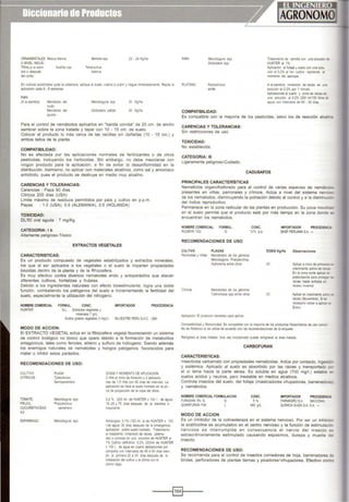 ORNAMENTALES Mosca blanca
A NIVEL INOUS-
TRIAl(a as.em-
btao~
del corte)
Bemsaspp
Te:ranych.ls
te~
22- 24 Kgiha
En a.t.'IOS acolchados qute la cobe<1ura apl.que a suelo vue •a a cubtv y ~egue .nmedia:a:->erte. Reprta .a
a)lloCaa6n cada 6 - 8 semanas
PPf'A
(A la siembra) Nemitodo de Me~yne spp 20 Kglha
nudo
Nemitodo de' Globodera pal da 20 Kgiha
quiste
Para el control de nemátodos aplicarlos en "banda corrida" de 20 cm. de ancho
sembrar sobre la zona tratada y tapar con 1O• 15 cm. de suelo.
Colocar el producto lo más cerca de las raicillas sin dañarlas (10 - 15 cm.) y
ambos lados de la planta.
COMPATIBILIDAD:
No es afectada por las aplicaciones normales de fertilizantes o de otros
pesticidas, incluyendo los herbicidas. Sin embargo, no debe mezclarse con
ningún producto para la aplicacrón, a fin de evitar la desuniformidad en la
distribución. Asimismo, no aplicar con materiales alcalinos, como sal y amoniaco
anhídrido, pues el producto se destruye en medio muy alcalino.
CARENCIAS Y TOLERANCIAS:
Carencias : Papa 90 días
Cítncos 200 dias (USA)
Límite máximo de residuos permitidos por pals y cultivo en p.p.m.
Papas : 1.0 (USA) 0.5 (ALEMANIA), 0.5 (HOLANDA)
TOXICIDAD:
DU50 oral aguda : 7 mg/Kg.
CATEGORIA: 1b
Altamente pel¡groso-Tóxrco
EXTRACTOS VEGETALES
CARACTERISTICAS:
Es un producto compuesto de vegetales estabilizados y extractos minerales,
los que al ser aplicados a los vegetales o al suelo le imparten propiedades
biocidas dentro de la planta y de la Rhizosfera.
Es muy efectivo contra diversos nematodes endo y ectoparásitos que atacan
diferentes cultivos, hortalizas y frutales.
Debido a los ingredientes naturales con efecto bioestimulante, logra una doble
función, combatiendo tos patógenos del suelo e incrementando la fertilidad del
suelo, especialmente la utilización del nítrogeno.
NOMBRE COMERCIAL FORMUL. CONC. IMPORTADOR PROCEDENCIA
HUNTER SL Exltactos vegelales y
mlnt<ales 7griL
Acldo$ grasos vegetales 3 mg!Lt SILVESTREPERU SAC. USA
MODO DE ACCION:
El EXTRACTO VEGETAL actúa en la Rhlzosfera vegetal favoreciendo un sistema
de control brológico no tóxico que opera debido a la formación de metabolitos
antagónicos. tales como fenoles. etrleno y sulfuro de hidrogeno. Siendo además
los enemigos naturales de nematodes y hongos patógenos, favorecidos para
matar o inhibir estos parásrtos
RECOMENDACIONES DE USO:
CUtTIVO
CITRICOS
TOMATE,
FRIJOL,
CUCURBITACEAS
AJI
ESPARRAGO
Meloodogyne spp
Pratylencllus
pene:rans
Melo1dogyne spp
DOSIS Y I.IOI.CENTO DE API.ICACION
2 'Ha a 111100 ée l'<l<aaoo y 2apícacoo-
nes de 1.5 t rla oon 60 das de ~n:ervalo La
aploCaCI6n se ha'll a suelo llUmedo en a zo-
na de proyecoón de la copa de• arbol.
0.2 '4 ¡200 mi de HUNTER x 100 l. de agua)
15.,45 y 75 d1as despues de la siembra o
trasp ante
Amacigos: 0.1%(100 ml. al de HUNTER x 100
1de agua) 30 dtas después de ta emergenc.a,
aplicación sobre suelo hilmedo. Tratamiento
al trasplante: mmersión de raíces (plántu-
las) o COfonas en una solución de HUNTER al
1% Culbvo definilivo: 0.2% (200ml de HUNTER
x 100 l. de agua en cuatro aplicaciones por
campaña con intervalos de 45 a 60 dias sien·
do la primera 20 a 30 días después de la
instalaCIÓn del cu tivo y laulhma con el
u~imo riego.
PlATAHO
t.leloldogyne spp
Globodeca spp
COMPATIBILIDAD:
Trata-noen¡o de se"nnla oon una S<:>UCIÓ< 01
1-UNTER al l'llo
A¡olic:aoon a lollaje ysueocon ul8 SDfu..
CIOt' al O2' al le•. Mvo tepi(>endo a
m<>menlo del apoo¡oe.
A la SJemb<a· on::EISión de rat:eS en ur.o
so<~~oon al 0.2'll. por 1 -nintJ!o
Apjocaoones al cuelo y zona de races de
una s.:>ucion al 0.2'4 (200 ml/100 tros :li
ag"a) con mtervalos de 60- 90 dfas.
Es compatible con la mayorla de los pesticidas. salvo los de reacción alea -¿
CARENCIAS Y TOLERANCIAS:
Sin restricciones de uso.
TOXICIDAD:
No establecida.
CATEGORIA: 111
Ligeramente peligroso-Cuidado.
CADUSAFOS
PRINCIPALES CARACTERISTICAS
Nematícida organofosforado para el control de varias especies de nematoc..a
presentes en Vti'as, parronales y cltricos. Actúa a nivel del sistema ner.r
de los nematodos dosmtnuyendo la población debido al control y a la dism1nuc
del índice reproductivo
Permanece en la zona radicular de las plantas en producción. Su poca mov ,x
en el suelo permrte que el producto esté por más tiempo en la zona donoe a
encuentran los nematodos
NOMBRE COMERCIAL FORMUL
RUGBY.10G G
RECOMENDACIONES DE USO
CULTIVO PLAGAS
Parronales y V•hs NematodOs de los géneros
Meloidogyne Pratytenehus,
)(¡ph1nema entre otros
Cltr1cos Nematodos de los géneros
Tylenehulus spp entre otros
Ap 1cac1ón: El p<oducto vlenehsto para apl.:ar.
CONC.
10'4 p.p
IMPORTADOR PROCED~
B.'.SF PERUANA SA -
DOSISKg/Ha Observaciones
30
30
Aplicar ainiao de pnrr.a..a
crecimiento actwo de ra.;.a;s
En la zona norte ap IC8r .-
poslcosecha para p<ote;e> la
raíces hasta entrada !!"
receso mvernal
Aplicar en crecimiento ac:. ~
ralees (NoV>embre).So es
necesario volver a a¡lloca
Enero
Compa~bl dad y fitotox.:oclad Es oompatlb e con lamayotta de los productos fitosamtafiOs de uso com..-
No es fitolOXJCO s se ut11za de acuerdo con las recomendaoones de la ebqueta.
Re1ngreso al a•ea ttatada Una .az ·~c:otporaelo puede re ngresar al área tratada.
CARBOFURAN
CARACTERISTICAS:
Insecticida carbamato con propoedades nematiddas. Actúa por contacto, inges:...::
y SIStémica Aplrcado al suelo es absorbido por tas raíces y transportado e
el xt lema hacia la parte aérea. Es soluble en agua (700 mgfL) estable ;:-
suelos acidos y neutros. pero inestable en medios alcalinos.
Controla insectos del suelo del follaje (masticadores chupadores, barrenadore.
y nemátodos
NOMBRE COMERCIAL FORMULACION
FURADAN 5'4 G G
QUtMtFURAN F48 l
MODO DE ACCION
CONC.
5'4
480 giL
IMPORTADOR PROCEDE!oQ..
FARMAGROSA NACIOML
OUiMICASUIZA SA SA -
Es un inhíbidor de la colinesteraza en el sistema nervioso. Por ser un inhiboo::
la acetílcolina es acumulativo en el centro nervioso y la función de estimulaco-
nerviosa es Interrumpida en consecuencia el nervio del insecto "
extraordinariamente estimulado causando espasmos, dureza y muerte Of;
insecto.
RECOMENDACIONES DE USO:
Se recomienda para el control de insectos comedores de hoja, barrenadores e:..
brotes, perforadores de plantas tiernas y pícadores,chupadores. Efectivo con!:'"
----1~1---
 