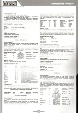 INSTRUCCIONES DE USO:
1. Las estacas deben estar en condiciones frescas
2. Una vez cortadas las estacas, humedecer ligeramente la parte basal de
la estaca con un trapo, evitando el exceso de humedad.
3. Introducir (aprox. 2 a 4 cm.) la parte húmeda de la estaca en el recipiente
que contenga el producto dee tal manera que se impregne el productoa la
estaca.
4. Colocar la estaca en un hoyo hecho previamente, evitando se frote la
estaca al introducirla.
Evitar en lo posible el exceso de humedad.
usos :
CULTIVOS
Manzano
DOSIS PARA 1000 ESTACAS
Vid
Crisantemos
45 gramos
Rosas
EPOCA DE APLICACIÓN :
Usar al momento del enraizamiento
CATEGORÍA TOXICOLOGICA : 111
Ligeramente peligroso-Cuidado
AUXINAS + CITOQUININAS
CARACTERISTICAS:
Regulador de crecimiento de plantas, promotor radicular proveniente de algas
marinas Ecklonia máxima obtenido por la ruptura en frío de las células por
diferencial de presiones.
Producto 100 % natural.
Es un producto con alto contenido de Auxinas y relativamente bajo contenido
de Citoquininas, esta relación produce un efecto sobre la división y la elongación
celular aumentando el tamaño de los frutos.
NOMBRE COMERCIAL FORMULACION CONC. IMPORTADOR PROCEDENCIA
FRUTONE S.L.
KElPAK se
ROOTING S.L.
MODO DE ACCION:
AUXINAS 10mgll
CITOQUININAS 3mgll
Auxinas 11.00 mgll
Citoquininas 0.031mgn
AUXINAS 78.36%
CITOQUININAS 1.5%
FAUSTOPIAGGIO
BASFPERUANAS.A. Sudafrica
ORCM<ASAPERU S.A.MEXICO
Promueve el desarrollo radicular y foliar del cultivo.
RECOMENDACIONES DE USO:
CULTIVO DOSIS Momento de aplicación
ARROZ 2ll ha. Aplicación totalcuando la planla tenga 10 días después
de transplanfada
Pfof'A 2ll ha. Aplicar dirigido al cuello de la planta, con planlas que
tengan 3a4 hojas
AJIPAPRIKA 2ll ha. Aplicar drrigido al cuello de la planta luego del
transplante.
CEBOLLA 3ll ha. Aplicar alos15 dias deltransplante
PIÑA !L/ ha Aplicar 20 diasdespués del transplante
FRESA 2llha Aplicar 21 díasdespuésdeltransplante
BROCOLI 2ll ha Aplicar alos 15dias despuésdeltransplante
LECHUGA 2ll ha Aplicar cuando la planta1enga 3 hojas verdaderas.
CRISANTEMO 2ll ha Aplicar 11 dlas después del traosplante.
APIO 2ll ha Aplicar alos9dlasdespuésdel transplante
ESPARRAGO 2ll ha Aplicar a los 28dias después del lransplanle, con un
gaslo deagua de 250 ltlros1ha.
ALCACHOFA 2% Tralamíenlopor inmersióll al momento del ilansplante.
CLAVEL 2% Aplicación foliar alos 7dias después del transplante.
COMPATIBILIDAD:
Evitar mezclar el producto con otros de reacción alcalina.
BACILLUS MEGATERIUM + BACILLUS LICHENIFORMES + AZOTOBACTER
CHROOCOCCUM + PSEUDOMAS FLUORESCENS
NOMBRECOMERCIAL
ECOTERRAWG
CARACTERISTICAS:
FORM.
WG
CONCENT. IMPORTADOR PROCEDENCIA
FARMAGROSA
CIANAMIDA HIDROGENADA
Es un regulador de crecimiento que estimula el brotamiento de yemas en
frutales.
Actúa como compensador de la falta de horas de frio. Aplicado en uvas,
manzanos, perales y otros frutales de hoja caduca, produce una brotación de
yemas mas abundante, mas temprana y mas uniforme.
Rompe la dormancia de las yemas, elimina la dominancia apical, mejora la
calidad, aumenta la producción y productividad de los frutales caducifolios. En
la planta es fuente de nitrógeno para la formación de aminoácidos y proteínas.
En el suelo se descompone en forma de urea y amoníaco actuando como
fertilizante.
HOMBRE COMERCIAL FORM. CONCENT. IMPORTADOR PROCEDENCIA
BROTSIL50 SL S.A. 250 gil SILVESTRE PERUSAC CHINA
CIANAMAX S.l. 530 gil CROPSA
DORMEX S.A. 520 gil BASFPERUANAS.A. ALEMANIA
FITOBROT S.A. 530 gil BAYERSA ALEMANIA
NEXUS S.A. 520 gil HORTUSS.A. CHINA
RAPISROT 50 SL S.l. 530 gil FARMAGROS.A CHINA
MODO DE ACCION:
Estimula el brotamiento de yemas en frutales tipo: manzanos, peros, vid; que
generalmente por falta de frío invernal en zonas tropicales/subtropicales no
logran hacerlo con regularidad (rompe la dormancia). Los frutales tratados emiten
brotes mas temprano y mas uniformes. El follaje viejo después del tratamiento
se defolia, razón por la cual no se debe aplicar una vez iniciado el brotamiento.
RECOMENDACIONES DE USO:
CULTIVO
Uva, Manzano, Peral,
Durazno, Ciruelo.
Pecanas, Granada,
Chinmoya, Hrguera.
DOSIS
2.5 V100 l. agua
0.5-1.5 11100 l. agua
Aplicar inmediatamente después de la poda.
Regar normalmente después de la aplicación.
Para cultivos de vid de muy difícil brotación usar 5-7 l. de Cianamida/100 l.
agua.
Existen variedades de Melocotón, Ciruelo sensibles al producto para lo cual se
recomienda hacer pruebas preliminares usando dosis entre 1 y 1.5%.
Época de Aplicación: Se debe aplicar 20 dias antes de la fecha deseada o
normal de brotación.
Una sola aplicación es suficiente.
Se debe aplicar inmediatamente después de la poda, junto y antes del nego
para mejores resultados.
COMPATIBILIDAD:
Se puede mezclar con pesticidas que no sean de reacción alcalina.
CARENCIAS Y TOLERANCIAS:
Carencias: No determinado.
Tolerancia de residuos: El producto se degrada totalmente.
TOXICIDAD:
DU50 oral aguda : 300 mg/Kg.
CATEGORIA : 11
Moderadamente peligroso-Oai'lino
CITOQUININA
CARACTERISTICAS:
Es un regulador de crecimiento de plantas, que al ser aplicado al folla:,e ::e
éstas proporciona además de la hormona citoquinina, enzimas y elemel';.,s
menores esenciales que bajo un adecuado balance aumentan los rendirr'en:ns
y mejoran la calidad de las cosechas.
Crecimiento más rápido y uniforme de los cultivos.
Mejor conformación de las plantas.
Mayor tolerancia a condiciones ambientales adversas; aplicado al suelo eslimwa
el desarrollo y multiplicación de la microflora que da lugar a la formación oe
humus y otros compuestos que aumentan la capacidad de cambio del suelo y
mejoran su estructura.
NOMBRECOMERCIAL FORM. CONCENT. IMPORTADOR PROCEOEHCIA
AGROCI~IAX PLUS S.l. 854.74 gil DROKASAPERUS.A.-
CYTEX L Ctloquinrna 0.01%,
Inertes 99.9% CONAGRAS.AC. USA
GOCROP REG. CREC.
CITOOUININICO 0.01% NEOAGS.AC. USA
KOYLLOR S.l. Co (0.75 ppm), Zn (525n ppm),
Cu (37 ppm), B(335 ppm),
Mo (25 ppm), N1(0.75 ppm),
y demas Componentes. FAUSTOPIAGGIO -
RUMBA c.s. REG. CREC.
CITOQUININICO 0.1% SILVESTRE PERIJ SAC
TRIGGRR FOLIAR L.S. Citoquínína : 0.12 !VI +
Macro +Mraoelementos FARMEXSA USA
TRIGGRR SUELO L.S. Citoquinina : 0.04 !VI +
Macro +Miaoelementos FARMEXSA USA
X.CYTE L.S. Citoquimnas 0,04% STOI.LER PERUSA USA
-----l§]l----
 