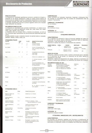 MODO DE ACCION:
l.a Citoqutnina en cantidades significativas aumenta la cantidad de nitrogeno y
almidones en las células manteniendo a éstas en niveles hídricos óptimos de
tal forma que son capaces de tolerar o recuperarse rapidamente de condiciones
ambientales adversas. Este mejor acondicionamiento determina que las plantas
no decaigan rapidamente al final de su periodo vegetativo dando como resultado
mayor producción de proteínas.
RECOMENDACIONES DE USO:
l.a Cttoquinina se recomienda para aumentar rendtmientos y la calidad de las
cosechas en los cultivos de algodonero arve¡a. apiO, coles, fresas. frijol, habas,
melón, papa, pepinillo, soya, tomate.
La eficiencia varía con la dosis, forma y momento de aplicación, por ello es
muy importante seguir estrictamente las recomendaciones específicas para cada
cultivo.
Se aplica también al suelo o mediante inmersión de semilla botánica o esquejes,
plántulas. estacas. bulbos, ralees, etc.
CITOQUININA FOl.IAR:
CULTIVO DOSIS
1/ha
Algodonero 1
tw yc.tlola 3
Legumnosas 0.5
Papa
3
A¡l. Ptmten10 0.5
Marigold
Tomate
CITOQUININA SUELO:
usos DOSIS
Ruptura de latencta de 1%
semtlla de papa
Vlgo<izar seml"as de 1%
papa y ajo
V1gonzar plamulas de 1 lb
tcrna:e a11 ymarygokl
V¡gonzat plártulas de 2 '-
anoz
Vogonzat se<nollas Clt 100 ml/25 Kg
legrMOSIS y m8tZ
Aplicaoón 111 suelO 1 ~'ha
¡papa)
AplicaCión en almac1go 15 ml/100 m2
(marigold)
A¡)hcaoón en frutales 1-2 L'ha
No. DE
1'
2'
,.
1'
2'
1'
1'
1'
MOMENTO DE APLICACION
APLICAC.
A1 1ntcoo de1 botonaje
Al 50% de botooaje
Al tnoao oef e•,grosamoen10 de
bullo y <>s demas a 11tervalos de
7-8 dtas
A la apanaón de los pnmeros bo-
tones norales.
A los 10 dtas
Al IniCIO de la !ubenzación con
3' culhvares precoses y semi
ptecoces.
1'
Al iniCIO de la tubetizaaoo ylos
demas a onter.alos de 10 • 15 d·as
en cu~vares tarooos.
A la apanaón de los pn.'l'léiOS bo-
tones ftotaoes y <>s demas a .,.
ter.alos de 7 dtas.
A la aparición de ~primeros bo-
tones norales y os demas a n-
ter.alos semanales.
A la apanclón de los primeros bo-
tones ftorales y los demás a in·
tervatos semana'es
A la apalictón de los pnmeros boto·
nes norales
En ta etapa de encañado o
'punto algodo,.
FORMA DE API.ICACION
lnmer¡tón por 1 a 2 mnulos
Inmersión por 1a 2minutos
lnnw~rs>On de ptantulas y ralees
antes del traosptante por 5 mmulos
lnmt/SIOII de pla•:ulas de as 'gar-
bas' d..rantt 10 r.unJtos
PulvertzaCJ6n con mocil la al momen-
to de la preparatoon del suelo a la
sembra, al aporque o cambio de
SUfOO
Con mochila al momanto de la prepa·
rac>On de las camas.
Pulvenzac>l>n con mochtla al fondo
del suelo de abonamiento al comier-
zo de las campanas
COMPATIBILIDAD:
Puede mezclarse con herbicidas, insecticidas, fungicidas y fertilizantes follar.
Sin embargo se recomienda hacer las pruebas de compatibilidad antes de
emplearlo masivamente.
CARENCIAS Y TOLERANCIAS:
No se considera.
TOXICIDAD:
Es un producto inocuo
CATEGORIA : 111
Ligeramente peligroso- Cuidado
CITOQUININA+GIBERALINA
CARACTERISTICAS:
Es un regulador de crecimiento a base de hormonas vegetales las cuales son
sustancias que ejercen efectos altamente específicos sobre el desarrollo
crecimiento y otras actividades de las plantas.
Mejorando la calidad del producto e incrementando las cosechas.
NOMBRE COMERCtAL FORMUL.
CtTOGB l
PROMAUNA
MODO DE ACCION:
CONCENT.
OloqUIIW3 21 gn
Goberalina 206gn
C4oQutn•na 1.8% p¡o
Gtbe<akaS 1.8'4 p.p
IMPORTADOR PROCEDENCIA
COI.t!:RCW.ANDINA
INDUSTRIAL NACIOIW.
BAYERSA USA
Citoquinina.· estimula la división celular, revierte la dominancia apical, interviene
en el crecimiento de las yemas y el desarrollo de los frutos, demora la
senescencia de las hojas.
Giberalinas.· Estimula el alargamiento del vástago, estimula el crecimiento y la
floración y también esta implicada en el crecimiento del embrión de la plántula
RECOMENDACIONES DE USO:
CULTIVO MOMENTO DE APliCACIÓN DOSIS(~'ha) ,.
ALGOOON A •RICiode llofaa6n y.o fruct!icaoOn 0,125
PMENTON 1'A¡llic. AJ ÍllQO de 1ra.llotaa6n
2'aplic. AJ cua¡ado de .a Ira noracoon
3' aplic. En mad..-aa6n de Ira flot1o6n 0.125 003
lpor apücaa6n)
FRESA :mao de floraaon
1' a los 30 dtas del transptante
2' JO d'as después de 1ra Aplocac!Ón 0.125 003
3' 30 dias despues de 2da A¡)hcactón (por aplicac>On)
PEPINO 1' Al mielo de la nocaclón O,125 003
2' 15 dias después de 1ra. Aptlcaclón (por aplicación)
3' aplicación desp.Jés de Ira. Cosecha
PN'A Variedad precoz: tntcio de 1ubenzac>6n 0.125
Vanedad tanfa (fracoooada) 0.03
1' a n100 de la tubertzaCJ6n
2• 15 d'as después de l'apltcacoon o125
TOMATE 1'- Al inoaode l'oracloo
2' 15-20 c1 as después de l'a¡titc:aC>OI 0,'25-0,180 o03-0.045
ARROZ tnoeoode macol!amJOnto 0,06 0.015
AJI 1'. A uucio de 1' flotaa6n 0,125 0.03
2'. al cua¡ado de la 1' floractón (poc ap'icación)
3'. En la maduración de la 1' floración
MARIGOLD lnic.o de botones 0.25 0.06
MANZANO Desde el momento de plena floración
Hasta comienzo de calda de petalos o125
CARENCIAS Y TOLERANCIAS:
No aplicable
TOXICIDAD:
DU50 oral:> 5000 mglkg.
CATEGORIA: 111
Ligeramente peligroso-Cuidado
CITOQUININA, AMINOÁCIDOS, NPK , MICROELEMENTOS
CARACTERISTICAS:
Es formulado con Extractos vegetales para favorecer la multiplicación de
simbiontes microbianos que inducen la producción de citoquininas en las plantas
estimulando la multiplicación celular en los estadios mas críticos de su desarrollo
-----1§)1----
 