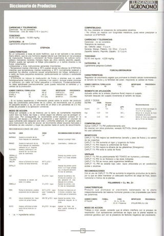 CARENCIAS Y TOLERANCIAS:
Carencias : No se considera
Toleranc1as : Uva de mesa 0.15 n (p.p.m.)
TOXICIDAD:
DU50 oral aguda 10.000 mg/Kg.
CATEGORIA : 111
Ligeramente peligroso-Cuidado
ETEPHON
CARACTERISTICAS:
Es un compuesto a base de ácido fosfórico, que al ser aplicado a las plantas
libera etileno, que es una hormona vegetal natural que interviene en los procesos
de maduración, floración y coloración de frutos cosechados de cultivos como:
plátano, manzanos, naranjos, mangos, higos, ajo, olivo, cebolla, pepinillo, zapallo.
Ethefon puede ser aplicado al follaje (pre-cosecha) y/ o baños directos a los
frutos cosechados.
Limitaciones y otras instruociones generales Importantes:
• Temperatura medias inferiores a 1e•c pueden anular los efectos de ETEPHON.
mientras que temperaturas medias superiores a 35•c normalmente aceleran y
acentúan los efectos, pudiendo causar amarillamiento del follaje, defoliación y/
o caldo de frutos pequel'los excesivos. particularmente en cultivos o variedades
suceptibles.
• ETEPHON no induce la maduración de frutos o plantas que no estén
fisiológicamente maduros (p. ej., pintones o en sazón), aunque puede provocar
la coloración y/o caldo de fnutos pequeños o inmaduros. Consecuentemente,
no debe aplicársele prematuramente, pues puede reducirse la cantidad y/ o
calidad de la produoción.
NOMBRE COMERCIAL FORMULACION
~ESAC 48 Sl L S
ETHREL 4 SC
PREP 720 Sl
CONC.
480 g.l
480~
7213 g!~g
IMPORTADOR
HORTUSSA
FARMAGRO S.A.
BAYERSA
PROCEDENCIA
CHILE
USA
COlOMBIA
- Si no tuviera expenencia o Información previa sobre la acción del producto
bajo las condiciones particulares de su cultivo, se recomienda que lo pnuebe
en pequeña escala, p. ej.• en una rama de un árbol o en parcelitas de 2-3 m2,
antes de proceder a la aplicación comercial.
MODO DE ACCION:
Actúa por contacto y no se trasloca; por lo tanto, es sumamente importante
cubrir bien los fnutos, las hojas y ramas según los efectos que se persigan en
cada caso. Por consiguiente, se recomienda poner especial cuidado en la
selección del equipo y el método de aplicación y usar siempre un volumen de
agua suficiente para asegurar una total y un1forme cobertura. En general, salvo
para maduración de cal'la de azúcar, se recomienda utilizar equipos manuales o
terrestres de alto volumen y mojar las plantas hasta el punto de escurrimiento.
RECOMENDACIONES DE USO:
CULTIVO usos OOSIS RECOMENDACIONES DE EMPLEO
l.a:
NARANJA Ace•eralacokl<aclón de los
frutos después de eosachados Asperjarosumergir frutos
MANGO Acelera lamaduración delos 192 g/100 1agua cosecnados y tratados pre·
frutos después de eosachados
Ylamentec;oo un fungk:ida
PLATANO Acelera yun•forrntza la ma-
duraCIÓnde los frutos des·
pués de cosacllados
.PEPINillO Asoe~ar las pantas cuando
.ZAPALLITO benen 3 a5 hojas verdade·
ITALIANO ras.
MELON lndUC41 la foonaCIO<l de mato~ 48-72 ~ 100 l.
numero de flores femeninas de agua
ZAPALLO Aspeqar las pla';as cuando
be'e" 3 a5 no¡as verdade-
ras y asegunda apliCaCión
45 das de sembrado.
60 g100 l. agua AspeiJarlas p.a•:as a los
45 eas de la s.e~bra y a
Incrementa el liMaiiO del 2da api0C8001l 20 eas
bAbo o la cabeza despues de a prrme<a
CEBOllA 30 91100 l. O';lUa Aspel)a' asp.artas alos
30 d'as de cransplanta~o.
PAPA Rompe la dormaneta yacelera 48·72 g/100 1agua Sumerg11 los tubercolos !lO'
brotamiento detos tuberculos para 1tonelada de 3minutos ytendetlos ba¡o
papa. sombrapara el brotamtento
VID lnduoe brota'!litnto de mayor 480·720 g/100 l. agua Aspe~ar las plantas Inme-
número deyemas fruteras diatamente después de la
poda.
OLIVO Acelera,un•fonnlzala mode·
raetOnde los frutos ¡l<lr co-
secha.
i.a. =Ingrediente activo.
48 g/100 l. de agua Aspe~ar les frutos del
árbol cuando comienza la
maduración.
COMPATIBILIDAD:
Es muy inestable en presencia de compuestos alcalinos.
• No utilizar en mezcla con fungicidas metálicos, pues estos precipitan e
inactivan al ETEPHON
CARENCIAS YTOLERANCIAS:
CarenCias · no se considera
Tolerancia de residuos·
a¡o, Cebolla. papa : 5 p p.m.
Naranja, Mango, Plátano, Vid, Ohvo : 2 p.p.m.
Zapalhto 1taliano, Pepinillo, Zapallo : 0.1 p.p.m.
TOXICIDAD:
DU50 oral aguda : 4,229 mg/Kg.
CATEGORIA : 111
Ligeramente peligroso-Cuidado
FORCHLORFENURON
CARACTERISTICAS:
Regulador de crecimiento vegetal que promueve la división celular incrementando
el tamaño de frutos y la fertilidad del polen, mejorando la calidad de frutos.
NOMBRE COMERCIAl FORMULACION
CAPUT 1" PM FM
MOMENTO DE APLICACIÓN:
CONC.
1%
IMPORTADOR
roe
PROCEDENCIA
Aplicado antes de la antesis (Apertura floral) mejora el cuajado.
Aplicado después del cuajado incrementa el tamaño de bayas.
USOS Y DOSIS
CULTIVO DOSIS Volumen
dt agua Recomendaciones
" gJHa
ZapallO 0 5 100 20l Ap.:ar en 'rulos que tengan Ot
10 a 15 <n de <OOQJtud
Hogo 0.05 100 200 l A¡licar en el eontJnto de "'D
a moc;ento del envero
Vd 0.05 100 200 L A¡licar en frutos qJe prese'Yl
de 8a 10 mm de dlámet'O
COMPATIBILIDAD
Aphcar CAPLIT 1% PM preferentemente solo
No mezclar con otros productos. excepto ACTIVOL (Acido giberélico)
No usar adherente
BENEFICIOS
CAPLIT 1% PM mejora los rendimientos (tamaño y peso de frutos) y la calida:
de las cosechas
CAPLIT 1% PM aumenta el vigor y turgencia de frutos
CAPLIT 1% PM mejora la uniformidad de frutos
CAPLIT 1% PM mejora la eficacia de las giberelinas (Sinergismo)
CAPLIT 1% PM ev1ta la calda de flores
VENTAJAS
CAPLIT 1% PM es prácticamente NO TOXICO en humanos y animales
CAPLIT 1% PM no es fitotóxico a las dosis indicadas
CAPLIT 1% PM es 1nocuo para organismos benéficos
CAPLIT 1% PM es estable bajo calor, rayos ultravioleta y/o en condiC1006$
acidas o alcalinas
RECOMENDACIONES
Con el uso de CAPLIT 1% PM se aumenta la exigencia productiva de la plart.a
por lo que se debe mantener un adecuado equilibrio de carga de fruto. es~
nut.ricional e hídrico de la plantas
POLIAMINAS + Cu, Mn, Zn
CARACTERISTICAS:
Producto que promueve el crecimiento balanceado de la planta
independientemente del balance hormonal gracias a las propiedades que bene~
las poliam1nas
NOMBRE COMERC.
KITRelEAF
FORMUL.
LS
MODO DE ACCION:
CONC.
2% Cu. 2% Mn.
2% Zn• Pollam nas
IMPORTADOR PROCEDENCIA
STOLLER PERUS.A. USA
Trabaja a nivel celular, evitando que el etileno interfiera con el proceso de
respiración. Con aplicaciones periódicas se logra que la planta explote su
potencial genético aún con la presencia de factores negativos del crecimiento.
---;~r----
 
