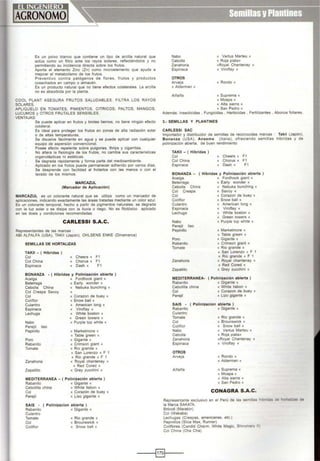 Es un polvo blanco que contiene un tipo de arcilla natural que
actúa como un filtro ante los rayos solares, reflectándolos y no
permitiendo su inCldenc•a directa sobre los frutos.
Aporta el elemento Ztnc (Zn) como mtcroelemento que ayuda a
mejorar el metabolismo de los frutos.
Preventivo contra patógenos de flores, frutos y productos
cosechados en campo o almacén.
Es un producto natural que no tiene efectos colaterales. La arcilla
no es absorbida por la planta.
COOL PLANT ASEGURA FRUTOS SALUDABLES. FILTRA LOS RAYOS
SOLARES.
APLIQUELO EN TOMATES, PIMIENTOS, CITRICOS, PALTOS, MANGOS,
LUCUMOS y OTROS FRUTALES SENSIBLES.
VENTAJAS:
Se puede aplicar en frutos y brotes tiernos, no tiene ningún efecto
colateral.
Es ideal para proteger los frutos en zonas de alta radiación solar
o de altas temperaturas.
Se disuelve fácilmente en agua y se puede aplicar con cualquier
equipo de aspersión convencional.
Posee efecto repelente sobre pulgones, thrips y cigarritas.
No altera la fisiología de los frutos, no cambia sus características
organolépticas ni estéticas.
Se degrada rápidamente y forma parte del medioambiente.
Aplicado en los frutos puede permanecer adherido por varios días.
Se desprende con facilidad al frotarlos con las manos o con el
lavado de los mtsmos.
MARCAZUL
(Marcador de Aplicación)
MARCAZUL es un colorante natural que se utiliza como un marcador de
aplicaciones, indicando exactamente las áreas tratadas mediante un color azul.
Es un colorante temporal, hecho a partir de pigmentos naturales, se degrada
con la luz solar o se distpa con la lluvia o riego. No es litotóxico aplicado
en las dosis y condiciones recomendadas.
CARLESSI S.A.C.
Representantes de las marcas :
ABI ALFALFA (USA). TAKII (Japón), OHLSENS ENKE (Dinamarca)
SEMILLAS DE HORTALIZAS
TAKII - ( Híbridas )
Col
Col China
Espinaca
~ Cheers « F1
« Chorus « F1
« Dash « F1
BONANZA
Acelga
Betarraga
- ( Hibrldas y Polinización abierta )
Cebolla China
Col Crespa Savoy
Col
Coliflor
Culantro
Espinaca
Lechuga
Nabo
Perejil liso
Pepiníllo
Poro
Rabanito
Tomate
Zanahoria
Zapallito
« Fordhook giant «
« Early wonder «
« Nebuka bunching «
«
« Corazon de buey «
« Snow ball «
e American long e
e Viroflay «
e While boston e
« Green towers «
• Purple top white e
« Marketmore «
e Tabla green «
« Gigante e
e Crimson giant e
« Rto grande «
e San Lorenzo • F 1
« Río grande « F 1
« Royal chantenay «
« Red Cored «
• Grey zucchini «
MEDITERRANEA - ( Polinización abierta )
Rabanito • Gigante «
Cebollita china « White lisbon •
Col • Corazón de buey «
Perejil « Uso gigante •
SAIS ( Pollnlzaclon abierta )
Rabanito « Gigante «
Culantro
Tomate
Col
Coliflor
« Rio grande «
• Brounswick «
« Snow ball «
Nabo
Cebolla
Zanahona
Espinaca
OTROS
Arve¡a
« Alderman «
• Vertus Marteu •
« Roja piata»
cRoyal Chantenay «
« Viroflay «
« Rondo «
Alfalfa « Suprema «
« Moapa •
« Alta sierra «
« San Pedro •
Además: Insecticidas , Fungicldas , Herbicidas , Fertilizantes , Abonos foliares.
3.- SEMILLAS Y PLANTINES
CARLESSI SAC
Importador y distribuidor de semillas de reconocidas marcas : Takll (Japón),
Bonanza (USA), Anseme (Italia), ofreciendo semillas híbridas y de
polinización abierta, de buen rendimiento
TAKII - ( Híbridas )
Col
Col China
Espinaca
• Cheers « F1
• Chorus « F1
• Dash « F1
( Híbridas y Polinización abierta )BONANZA -
Acelga
Betarraga
Cebolla Ch•na
Col Crespa
Col
Coliflor
Culantro
Esptnaca
Lechuga
Nabo
Pere¡il liso
Pepinillo
Poro
Rabanito
Tomate
Zanahoria
Zapallito
MEDITERRANEA-
Rabanito
Cebollita china
Col
Perejil
« Fordhook giant «
e Early wonder «
• Nebuka bunching «
« Savoy e
e Corazon de buey «
« Snow ball e
e American long «
• Viroflay •
e White boston «
e Green towers «
« Purple top white e
e Marketmore e
• Tabla green •
« Gigante «
« Crimson giant «
« Rio grande «
« San Lorenzo • F 1
« Rio grande « F 1
• Royal chantenay «
«Red Cored «
« Grey zucchini «
( Polinización abierta )
«Gigante«
« White lisbon «
« Corazon de buey •
« Lizo gigante «
SAIS - ( Pollnlzaclon abierta )
Rabanito « Gigante e
Culantro
Tomate
Col
Coliflor
Nabo
Cebolla
Zanahona
Espinaca
OTROS
Arve¡a
Alfalfa
« Rio grande e
« Brounswick e
e Snow ball e
« Vertus Marteu e
« Roja ptata»
eRoyal Chantenay «
e Viroflay «
e Rondo e
e Alderman e
« Suprema •
• Moapa «
• Alta sierra «
• San Pedro «
CONAGRA S.A.C.
Representante exclusivo en el Perú de las semillas 1.IJOCaS ce -.o-..a zas de
la Marca SAKATA.
Brócoli (Maratón)
Col (Wakaba)
Lechugas (Crespas, americanas, etc.)
Pepinillos (Siice Max, Runner)
Coliflores (Candíd Charm, White Magíc, Shtromaru 11)
Col China (Cha Cha)
----1§]1-- --
 
