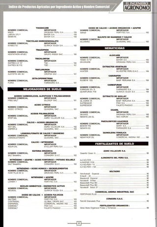 THIODICARB
IMPORTADORNOMBRE COMERCIAL
MACO DROKASA PERU S.A. ................. 159
LARVIN 375 F
SEMEVIN
BAYER S.A................................... 159
BAYER S.A. ... ..... .............. ..... 159
TIOCYCLAM HIDROGENOXALATO
NOMBRE COMERCIAL IMPORTADOR
EVISECT-S QUIMICA SUIZA S.A. .................. 160
TRIAZOPHOS
IMPORTADORNOMBRE COMERCIAL
HOSTATHION 40%EC GRUPO ANDEX SAC ................... 160
TRICHLORFON
IMPORTADORNOMBRE COMERCIAL
DIATREX 2.5 "G"
DIATREX 80 P.S.
TQC ............................................... 160
TQC ................................... ......... 161
TRIFLUMURON
IMPORTADORNOMBRE COMERCIAL
ALSYSTIN 480 SC CROPSA SAC .............................. 161
NOMBRE COMERCIAL
FURIA
ZETA.CIPERMETRINA
IMPORTADOR
FARMAGRO S.A.
MEJORADORES DE SUELO
.......... 161
ACIDOS CARBOXILICOS, ALIFATICOS Y POLISACARIDOS
NOMBRE COMERCIAL IMPORTADOR
FREE SALT SILCROP SAC ........................... 161
ACIDO CITRICO
IMPORTADORNOMBRE COMERCIAL
ACIDO CITRICO QUIAGRAL SAC . ............ ... ..... 161
ACIDOS POLIMALEICOS
NOMBRE COMERCIAL IMPORTADOR
STOP SAL AGRO VILLACURI S.A. ............... 162
CALCIO + ACIDOS ORGANICOS
NOMBRE COMERCIAL IMPORTADOR
NOT SAL AGRO VILLACURI S.A. ....... 162
DISPER-Q QUIAGRAL SAC ................ 162
LIGNOSULFONATO DE CALCIO Y MAGNESIO
NOMBRE COMERCIAL IMPORTADOR
UGNOSULFONATO QUIAGRAL SAC ....................... 162
CALCIO + NITROGENO
NOMBRE COMERCIAL IMPORTADOR
AQUA-CAL STOLLER PERU S.A. . .. ............. 162
MATERIA ORGÁNICA
IMPORTADORNOMBRE COMERCIAL
SALT Breakthrv CONAGRA S.A.C........................ 162
NITRÓGENO + AZUFRE + ACIDO FOSFORICO + POTASIO SOLUBLE
NOMBRE COMERCIAL IMPORTADOR
SALT Breakthrv CONAGRA S.A.C......................... 162
NITRÓGENO + ÁCIDO HOMICO + MICROELEMENTOS
NOMBRE COMERCIAL IMPORTADOR
HUMI PLUS 80 G DROKASA PERU S.A. .............. 162
NITRÓGENO + AZUFRE
NOMBRE COMERCIAL IMPORTADOR
LOWER 7 FERTITEC S.A. ... ........ 162
NOCLEO SIMBIÓTICO - ENZIMÁTICO ACTIVO
NOMBRE COMERCIAL IMPORTADOR
NEOSOIL QUIMICA SUIZA S.A. .................. 163
OXIDO DE CALCIO
NOMBRE COMERCIAL
SALTRAD
CONTRASAL
DISPERSAL
CODESALT
CODESALT
+ ACIDOS FULVICOS
IMPORTADOR
FERTITEC S.A. ... ....................... 163
GLOBAL CROPS SAC ................. 163
COMERCIAL ANDINA IND. ........ 163
PSW S.A. ...................... 163
FAUSTO PIAGGIO ....................... 163
OXIDO DE CALCIO + ACIDOS ORGANICOS + AZUFRE
NOMBRE COMERCIAL IMPORTADOR
Saltrad FERTITEC S.A. ........................... 163
SULFATO DE MAGNESIO Y CALCIO
NOMBRE COMERCIAL IMPORTADOR
SILCAMAG QUIAGRAL SAC ........................... 163
NOMBRE COMERCIAL
TEMIK 1S"G"
DK-DIKARB
NOMBRE COMERCIAL
HUNTER
NOMBRE COMERCIAL
RUGBY® 10G
NOMBRE COMERCI.AL
FURADAN S% G
QUIMIFURAN F48
NOMBRE COMERCIAL
QL-AGRI®35
SUPRESSOR
SUPRESSOR
NOMBRE COMERCIAL
DK-DATE
NEMATE 240 SL
NEMATICIDAS
ALDICARB
IMPORTADOR
BAYER S.A. ........................... .... 163
DROKASA PERU S.A. .......... . .... 163
EXTRACTOS VEGETALES
IMPORTADOR
SILVESTRE PERU S.A.C............. 164
CADUSAFOS
IMPORTADOR
BASF PERUANA S.A.................. 164
CARBOFURAN
IMPORTADOR
FARMAGRO S.A. ......................... 164
QUÍMICA SUIZA S.A. .......... ...... 164
EXTRACTO DE QUILLAY
IMPORTADOR
BASF PERUANA S.A. .... 165
PSW S.A...................................... 165
FAUSTO PIAGGIO ........... ..... 165
OXAMIL
IMPORTADOR
DROKASA PERU S.A. ................. 165
NEO AGRUM ..... ..................... .... 165
PAECILOMYCES LILACIMUS
NOMBRE COMERCIAL IMPORTADOR
BIOSTAT PM SERFI S.A. ........ .................... ..... 165
NEMATA SC FARMAGRO S.A. ......................... 165
QUINOLEINA FENOLICA
NOMBRE COMERCIAL IMPORTADOR
NEMATHOR 20L COMERCIAL ANDINA IND........ 166
FERTILIZANTES DE SUELO
AGRO VILLACURI S.A.
Greenfol Green N .......... 89
AJINOMOTO DEL PERU S.A.
AJI-NO·FER ................................................. ........................................ 89
AJINOFER FOS ...................... .......................................................... 89
AJI-NO·FER + K ................................................................................................. 89
AJI-NO-FER + NK ............................................................................................... 89
SOLTAGRO
Nitrofoska® Especial .................................................................... ...... 90
Entec® - 26 ....... . .................................. ........................................ ................. 90
Blaukorn® Especial ................................................................. ................... ...... 90
Novatec® N-Max ........................... ...................... ............... 90
Basacote® Plus 6M ........................................................................ . ................. 90
Basacote® Plus 9M ................................................................... ........................ 90
Novatec® Solub 21 ................................................. .................. ... 90
COMERCIAL ANDINA INDUSTRIAL SAC
FERTIPHOS PLUS ...... ................... .............................................. ..... 89
CONAGRA S.A.C.
Fert-AII Granulado Plus ................... .................... .............................. 89
FERTILIZANTES ORGANICOS :
Grow More Orgánicos Frutas y Hortalizas ........................................................ 89
----i~l----
 