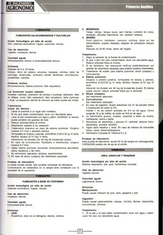 FUMIGANTES HALOCARBONADOS Y SULFURILOS
Acción Toxicológica y/o sitio de acción
~'IC, sistemas enzimáticos, hfgado, pulmones, riñones.
l ías de absorción
<]estión, inhalación. dermal.
Toxicidad aguda
·oderadamente tóxicos a extremadamente tóxicos.
Síntomas
Jespués de 4 a 12 horas:
l.'areos. dolor de cabeza, anorexia, náuseas, vómitos, dolor de
~!ómago, tartamudeo, confusión mental, temblores, convulsiones.
=:>ileptoides, cianosis.
Síntomas tardíos:
:::·onconeumonia, edema pulmonar, fallo respiratorio.
_os bromuros causan además:
:-1pollas cutáneas. ulceración de córnea y mucosas, salivación, falta
::: reflejos, coma. fallo respiratorio, fallo circulatorio, daño pulmonar
·enal. La exposición dermal de bromuro de metilo puede ser mortal.
-ratamiento
Actuar sin demora
Llevar al paciente a un lugar bien ventilado.
Si los ojos están contaminados, lavar con abundante agua.
- Lavar la piel contaminada con agua y jabón. CUIDADO: el veneno
puede penetrar los guantes de hule.
-" Reducir actividad fisica al mínimo.
- Respiración asistida si es necesario.
- Tratamiento intensivo en caso de edema pulmonar: Oxigeno
húmedo 6-7 1/min o apresión positiva.
Torniquetes en brazos y piernas, aminofilina (0.25-0.50 g) IV lenta.
Morfina: Adultos (5-10 mg) IV lenta.
Introducción de diuresis con 40 mg de furosemida (Lasix).
En caso de convulsiones: Diazepam o barbitúricos, oxígeno
húmedo 6-7 1/min.
- Vigilar edema pulmonar recurrente, bronconeumonía secundaria,
daños hepáticos o del riñón.
No administrar adenalina, atropina. expectorantes.
· ::¡ En caso de shock (colapso) dar tratamiento apropiado.
:::oruebas de laboratorio
-:o existe prueba simple, sólo pruebas complejas de laboratorio.
:Ancentración de metabolitos en la sangre tiene correlación con la
5eVerídad de la exposición.
FUMIGANTES A BASE DE FOSFAMINA
Acción toxicológica y/o sitio de acción
~ stemas enzimáticos. hfgado, riñones.
Vías de absorción:
-.halación, dermal.
Toxicidad aguda
:.xtremadamente tóxicos
Síntomas:
1. LEVE:
Escalofríos, dolor en el diafragma. diarrea, vómitos.
2. MODERADO:
Fatiga, vértigo. lengua sucia, sed intensa, zumbido de oídos,
ansiedad, dificultad respiratoria, tos, opresión torácica.
3. SEVERO:
Dolor gástrico, tambaleo, cianosis, vómitos, dolor en las
extremidades, pupilas dilatadas, ataques de sofocación estupor
rápido.
Después de 24-60 horas, lesión del hígado.
Tratamiento:
1. Alejar al paciente de la fuente de contaminación.
2. Si ojos o piel han sido contaminados, lavar con abundante agua.
Reducir actividad fisica al minimo.
3 Si es necesario, dar respiración artificial preferiblemente con
aparato de respiración equipado para presión positiva intermitente.
4. Tratamiento de sostén para edema pulmonar, shock (colapso) y
convulsiones.
a. Edema pulmonar:
Oxigeno a presión positiva, torniquetes en brazos y piernas,
aminofilina (0.25-0.50 g) IV lenta; Morfina: Adultos (5-1 0 mg) IV
lenta.
Inducción de diuresis con 40 mg de furosemida (Lasix). El edema
puede recurrir: reducir actividad física por 4 semanas.
b. Shock (colapso):
dar tratamiento adecuado.
c. Convulsiones:
Dar tratamiento adecuado.
5. En caso de ingestión. lavado estomacal con 31 de solución salina
o bicarbonato de sodio al 5%.
Instilar 1 oz de carbón activado en 3-4 oz de agua. Como
purgante 15 g de sulfato de sodio en 6-8 oz de agua.
6. no administrar grasas, aceites, laxantes a base de aceite,
mantequilla, crema o leche.
7. Soluciones de electrólitos y glucosa IV, controlar, balance hidro-
electrolítico, prevenir acidosis.
8. Vigilar daño hepático y renal. En caso de indicios de miocarditis
tóxica, hacer electrocardiograma.
9. Administrar Complejo B, Vitamina K y C.
Pruebas de laboratorio
Para prueba de laboratorio: enviar 25 mi de sangre sin anticoagulante.
CHEQUEAR posible olor de ajo en el vómito.
IBJIICCIIM
---
UREA, URACILOS Y TRIAZINAS
Acción toxicológica y/o sitio de acción
Sistema respiratorio, piel, ojos, membranas mucosas.
Vías de absorción
Ingestión derrnal.
Toxicidad aguda
Ligeramente tóxicos
Síntomas
Manipulación:
Puede causar irritación de ojos, nariz, garganta y piel.
Ingestión:
Puede causar gastroenteritis, náusea, vómitos. diarrea, taquicardia,
convulsiones, acidosis.
Tratamiento:
1. Si la piel y el pelo están contaminados, lavar con agua y jabón.
Lavar los ojos con abundante agua.
--~@:11----
 