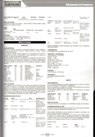 c::MBRE COMERCIAL FORMULACIOH CONC. IMPORTAOOR PROCEDENCIA
_ FlYS!) EC PralecMa 20~
8oJióloco óe ppetlltliO 100 ~1 ~()(ASA PERUSAARGEWINA
!tODO DE ACCION:
"SeCticida que actúa por contacto, dando muerte al insecto debido al daño
~o en el sistema nervioso.
..:SOS:
•.AGAS OOSIS
mi. de producto comercial Cantidad de agua Área de aplicación
...ca'3CI>as. 1ormigas,
--.cas mMqu toa 65 mi S litros 100m2
-oXICIDAD:
: _50 oral aguda : > 200 mg/kg de peso vivo
:..so dermal aguda : > 4000 mg/kg de peso vivo
-='fj(;idad lnhalatoria : > 5.00 mg/L
INSECTICIDAS
ABAMEC11NA
:.t.RACTERISTICAS:
--secticida, acaricida, insecticida. de actividad trastaminar, nuevo, diferente y
.neo en su género para el control de "mosca minadora• y "acaros" dañinos
r variedad de cultivos.
=os un producto derivado natural obtenido de un microorganismo del suelo, el
:.-eptomyces avermitílis. Químicamente no está relac.onado con ningún otro
xcncida o insecticida actualmente registrados.
deja depósitos visibles de la aphcae~ón, pero proporciona un reservorio de
a::amectina dentro de la hoja. Esto contribuye a la actividad de larga-duración
:e producto. Puede ser utilizado en invernaderos y en cultivos a campo abierto.
- está considerado como destructor de los predadores naturales o insectos
;er~éficos.
CDRE COMERCIAL FORMUL COHC. IMPORTAOOR PROCEOE.NCIA
.¡;,¿=-.¡ 1.8EC CE 18g1 ARIS l"lOUSTRIAt. SA
1.8 EC CE 18 9~ BIOGRUN SAC
$.EX CE 18 g.~ FARMEXSA NACIONAL
¡¡¡:s.t.C 18 CE ce 18 ~~ HO~TUSSA CHILE
'<E 1.8% EC E.C 18g.ol FARMAGRO SA.
~-~~INA 1.8 EC CE 18 g.ol FAUSTO PIAGG!O ISRAEL
_. :¡mNA 1.8 EC CE 18 9n STOCKTON PERU S.A.C. ISRAEL
iJ,-O.OETIN E.C 18gn SILVESTREPERU S.AC. JORDANIA
--""lA CE 18 gft DROKASA PERU S.A SINGAPUR·CHINA
?CER 1.8% EC E.C. 18 gft AGROKLINGES.A.
.f?..AQ 1.8 EC CE. 18 gn GRUPO ANDEXSAC COSTA RICA
F?lMEC 1.8% EC C.E. 18 gn rae· USA
'-El<ICANTE·SYNGENTA
!tODO DE ACCION:
=s un pesticida de amplio espectro que inactiva a las especies de artrópodos
~-duyendo los ácaros y los insectos. Actúa estimulando la liberación pre-
"'laptica de un neurotransmisor inhibitorio, el ácido gamma-aminobutírico (GABA),
ocandose a los receptores post-sinápticos. En artrópodos, la abamectina inhibe
i señal de la transmisión en las uniones neuromusculares; esta vía es el
- .smo mecamsmo de amplificación de la acción GABA. Los ácaros e insectos
::-..edan Irreversiblemente paralizados y de esta manera mueren.
IIECOMENDACIONES DE USO:
::...nvos
.....;;.>CHOFA
..E:-1JGA
<'.ORESY
PLAGAS
'Mosca I!>OI'adora•
'Ac:arcs'
'Ataros tostador"
'Aranita Roja'
'Aearo hialino'
'Mnador de brotes
y ho¡as·
'Ataros'
OOS1S
l.lnomyu n"<lobtensl$ 04 -05 Llla
Teuanycllus sp 0 6a12 1'12
Phyllocoptruta olervora 0.6 a 1.5 llha
Aetivrdad residual de 90·100 aras
Panonyehus crtn
Potyphagotarsonemus latos
Phyiloetnstis otrella 0.5 - 1Ollha.
Tetranychus sp.
RECOMENDACIONES
Aplocar el' a;aeue .nioal
<!e plaga.
N>liqce rua'ldo los
acaros y r.inadores
apa·ezca1 y re;llla las
apicaoo'leS rua'1do sea
nuJdobrensiS neresano
para man:ener el
control.
ApiH¡ue despues de la
floración, cuando
aparezcan los pnmeros
ácaros en fru!as y rep<ta
cuando sea necesario.
Aplicar en brotes tiernos
a la presencia de la
plaga.
25 a 50 mi 1 100 l. agua
Aplique cuando los
ácaros y mrnadores
aparezcan y repita las
aolicationes cuando
ORNAMBflAI.ES 'Mosca ~Madora'
HOLANTAO 'mose.t "'nadara'
FRESAS 'Arar>la 1018'
lJrlom)'Za hll'dobrellS:S
lncm)'Za nud<!bterss
Te:ranyel'ols 5¡).
ó
C5a'5 1.1 11a
500-600 mL'ha
sea necesar o para
man:erer el control.
0.5 a 1.0 l. / !la Rearoce O<JS a¡:Jieaaones
con un onterva o de 7
días y reprta la
sUCtJencia cuardo sea
'Aearo del
c:oetamen'
Stenotarsonerl'Us pa l.aus neeesanO pa-a
mantener el control.
PI>PA
PAPRIKA
TOMATE
VID
PALTO
"Mel$ea mnadora·
·aearo hral no'
'Aranta ro¡a·
"Mo$ca mrnadora·
"Ennosios de la v>d'
'Aran ta ro¡a'
L•nomyza hu dol>rens s
Polyphagotarsonemus
latus
Teuanychus sp
lirlomyza
~erusvit•s
Oligonychus yotnerSJ
200 mL/200 !.agua
250·400 mllha.
O3 a 1.2 1./ ha
0.8·1 O1/ha.
0.8·1O1/ha
Aplique cuando los
acaros y minadores
aparezcan y repua las
ap'icacJones
h u i dobrensis
cuando sea necesarro
para mantener el control
Epoca de aplicación: Cuando las plagas inicien su aparición, con un cubrimiento
total de las plantas.
COMPATIBILIDAD:
Es compabble con los plaguicidas de uso común.
CARENCIAS Y TOLERANCIAS:
Ultima aplicae~ón a la cosecha :
Algodón · 20 días
Cítricos : 7 dlas
Tomate. Apio : 3 días
Tolerane~a de residuos (FAO)
Peras : 0.35 p p.m.
Apio, Lechuga 0.5 p.p.m.
Almendra y aceites cltricos . O.1 p.p.m.
Fresas : 0.01 p.p.m.
Tomate : 0.005 p.p.m.
TOXICIDAD:
DUSO oral aguda . 300 mg/Kg.
CATEGORIA: 11
Moderadamente peligroso-Daf'lino.
PH : 4-9
CARACTERISTICAS:
ACEFATO
Es un insecticida fosforado de actividad sistémica para el control de insectos
picadores chupadores, barrenadores y masticadores.
Actúa principalmente por ingestión y/ó contacto y al ser absorbido por la planta
deja muy pocos residuos tóxicos en las hojas.
Es ráp1damente soluble en el agua, pero estable a la hidrolisis en un amplio
margen de ph.
NOMBRE COMERCIAL
ACETHION 75 PS
GUAROIAN
ORTI-EI6t) 75 PS
IENCETHO SAUME
VENCETHOR 75 ~
FORMUL
PS
PS
PS
PS
PS
MODO DE ACCION:
CONC.
75%
75 ""
75 ""
74 '
75 '
IMPORTAOOR
TQC
OUIMICASI!<ZA SA
F.ARI.'EX SA
SERFISA
SERFlSA
PROCEDENCIA
NACIONAl.
ISRAEl
NACIONAL
NACIO'W.
USA•HACiO'W.
Inhibe la enzima acetil colinesteraza, en la SINAPSIS nerviosa. Es irreversible.
RECOMENDACIONES DE USO:
El Acetato al 75% se recomienda para el control de un amplio rango de insectos
picadores-chupadores; especialmente pulgones y trips.
Actúa también eficientemente contra comedores, minadores y enrolladores de
hoja en cultivos hOrtíoolas y alimenticios.
El Acetato Polvo Seco se recomienda para el control de las mismas plagas,
en áreas donde es dificil aplicar en pulverizaciones debido a su seguridad de
manipuleo y para el control de insectos del suelo como el gorgojo de los Andes,
gorgojo de la chupadera, gusanos de tierra y escarabajos del follaje.
Aplicación Foliar:
CULTIVO PLAGAS
ALGODON Pulgón Aph sgosyp<i
DOSIS
Kg (l)lha
0.15·0.50
%
0.50·0.10
----1§)1----
 
