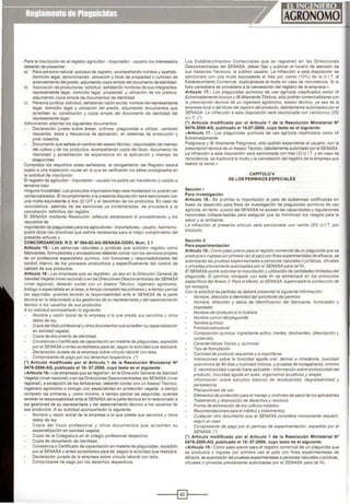 Para la Inscripción en el registro agricultor • importador • usuario los interesados
deberán de presentar:
a) Para persona natural: solicitud de reg1stro. acompallando nombre y apellido.
domicilio legal, denominación. ub1cación y título de propiedad o contrato de
arrendamiento del predio, adjuntando copia simple del documento de identidad.
b) Asociación de productores: solicitud, seílalando nombres de sus integrantes,
representante legal. domicilio legal. propiedad, y ubicación de los predios,
adjuntando copia simple de documentos de identidad.
e) Persona jurídica: sohc1tud. señalando razón social, nombre del representante
legal, domicilio legal y ubicación del predio, adjuntando documentos que
acrediten su constitución y copia simple del documento de identidad del
representante legal.
Adicionando además los siguientes documentos:
Declaración jurada sobre áreas, cultivos, plagu101das a utilizar, cantidad
requerida, dosis y frecuencia de aplicación, en sistemas de producción y
post cosecha.
Documento que sellale el nombre del asesor técnico, responsable del manejo
del cultivo y de los productos, acampanando copia del titulo, documento de
identidad y acreditación de experiencia en la aplicación y manejo de
plaguicidas.
Cumplidos los requisitos antes seftalados. el otorgamiento del Reg1stro estará
sujeto a una inspección ocular en la que se verificarán los datos consignados en
la solicitud de inscripción.
El registro de agricultor -importador· usuario no podrá ser transferido o cedido a
terceros ba¡o
ninguna modalidad. Los productos importados bajo esta modalidad no podrán ser
comercializados. El incumplimiento a la presente disposición será sancionado C:on
una multa equivalente a dos (2) UIT y el decomiso de los productos. En caso de
reincidencia, además de las sanciones ya contempladas. se procederé a la
cancelación definitiva del registro.
El SENASA mediante Resolución Jefatura! establecerá el procedimiento y los
requisitos de
importac1ón de plaguicidas para los agricultores • importadores • usuario. Asimismo,
podrá dictar las directivas que estime necesarias para el mejor cumplimiento del
presente articulo.»
CONCORDANCIAS: R.O. N" 084-02-AG-SENASA-DGSV, Num. 3.1
Artículo 15.· Las personas naturales o jurídicas que soliciten registro como
fabricantes, formuladotes y envasadores deberán contar con los servicios propios
de un profesional especialista químico, con funciones y responsabilidades del
control interno de los procesos productivos y especfficamente del control de
calidad de sus productos.
Artículo 16.· Las empresas que se registren. ya sea en la Dirección General de
Sanidad Vegetal(nivelnaaonal) o en las Direcciones Desconcentradasdel SENASA
(nivel reg1ona/), deberán contar con un Asesor Técmco, ingeniero agrónomo,
biólogo o especialista en el érea, a tiempo completo /as primeras y a tiempo parcial
/as segundas, quienes tandron la responsabilidad anta al SENASA da la parte
técnica en lo relacionado a las gestionas de su representada y del asesoramiento
técnico a los usuarios da sus productos.
A su sollc1/ud acampanarán lo siguiente:
Nombre y razón social de /a empresa a /a que presta sus serviCIOS y otros
datos de ley,
Copla de/titulo profesionaly otrosdocumentos que acrediten su especialización
en sanidad vegetal,
Copia da documento da Identidad,
Constancia o Certificado de capacitación en materia da plaguicidas, expedido
poral SENASA o entes acreditados para tal, según la actividad que realizará,
Declaración Jurada de la empresa sobre vínculo laboral con ésta,
Comprobante de pago por los derechos respectivos. (')
(' ) Artículo modificado por el Artículo 1 de la Resolución Ministerial N°
0476-2000-AG, publicado el16· 07-2000, cuyo texto es el siguiente:
• Artículo 16.· Las empresas que se reg1stren, en la D~rección General de Sanidad
Vegetal (mvel nacional) o en las Direcciones Desconcentradas del SENASA (nivel
regional). a excepción de los Almacenes, deberán contar con un Asesor Técnico.
ingeniero agrónomo o biólogo con especialidad en protección vegetal, a tiempo
completo las primeras y, como mínimo, a tiempo parcial las segundas. quienes
tendrán la responsabilidad ante el SENASA de la parte técn1ca en lo relacionado a
las gestiones de su representada y del asesoramiento técnico a los usuarios de
sus productos. A su solicitud acompanarán lo siguiente:
Nombre y razón social de la empresa a la que presta sus servicios y otros
datos de ley,
Copla del título profesional y otros documentos que acred1ten su
espeCJalización en samdad vegetal,
Copia de la Colegiatura en él colegio profesional respectivo,
Copia de documento de identidad,
Constancia o Certificado de capacitación en materia de plaguicidas. expedido
por el SENASA o entes acreditados para tal, según la actividad que realizará,
Declaración Jurada de la empresa sobre vínculo laboral con ésta,
Comprobante de pago por los derechos respectivos.
Los Establecimientos Comerciales que se registren en las Direcciones
Desconcentradas del SENASA, deben fijar y publicar el horario de atención de
sus Asesores Técnicos. al público usuario. La Infracción a esta disposición se
sancionará con una multa equivalente al d1ez por ciento (10%) de la U.I.T al
Establecimiento Comercial, duplicándose la multa en caso de reincidencia. Si la
falta persistiera se procederá a la cancelación del registro de la empresa.>>
Articulo 11.· Los plaguicidas químicos de uso agrlco/a clasificados como lA
Extremadamente tóx1cos y IBA/lamente Tóxicos, sólo podrán comercializarse con
la prescripción técnica de un íngemero agrónomo, asesor técmco, ya sea de la
empresa/oca/o del /ttulardelreg1strodel producto. debidamente autorizadosporel
SENASA. La infracción a esta disposición será sancionada con veinticinco (25)
U.l. T. (")
(') Artículo modificado por el Artículo 1 de la Resolución Ministerial N•
0476-2000-AG, publicado el16-07-2000, cuyo texto es el siguiente:
«Articulo 17.· Los plagwcidas químicos de uso agricola clasificados como lA
Extremadamente
Peligrosos y lB Altamente Peligrosos. sólo podrán expenderse al usuario, con la
prescripción técnica de un Asesor Técnico, debidamente autorizado por el SENASA.
La infracción a esta disposición será sancionada con tres (3) U.t.T. y en caso de
reincidencia, se duplicará la multa y la cancelación del registro de la empresa que
realizó la venta.»
CAPITULO V
DE LOS PERMISOS ESPECIALES
Sección 1
Para investigación
Articulo 18.· Se prohíbe la importación al pais de sustanc1as codificadas en
fases de desarrollo para fines de investigación de plaguicidas quimicos de uso
agrlcola. en tanto, a juicio del SENASA no existan las capacidades y regulaciones
nacionales indispensables para asegurar que se minimicen los riesgos para la
salud y el ambiente.
La mfracción al presente articulo será sanc1onada con ve1nte (20) U.I.T. por
producto.
Sección 11
Para experimentación
Artículo 19.·Comopasopreviopara elregistro comercialde un plaguicida que se
produzca o mgreseporprimera vez alpaís con fines experimentales de eficaaa. se
autorizarán las pruebas experimentales a personas naturales ojurfdicas. oficiales
o privadas previamente autorizadas porel SENASA para tal fin.
El SENASA podrá autorizar/a importación y utilización de cantidades limitadas del
plagwcida. El permrso otorgado con este fin se enmarcará en los protocolos
especfficos del Anexo 3. Para elefecto, e/SENASA. supervisaré la conducción de
tos ensayos.
Con la solicitud de permiso se deberá presentar la siguiente información:
Nombre. dirección e identidaddel solicitante del permiso
Nombre. dirección y datos de identificación del fabricante, formulador o
importador
Nombre del producto silo hubiera
Nombre común delplaguicida
Nombre qulmico
Fórmula estructural
Composición química: ingrediente activo, inertes, disolventes, (descripción y
contenido)
Caracterlsticas físicas y qufmrcas
Tipo de formulación
Cantidad de producto requerido o a importarse
Indicaciones sobre la toxicidad aguda oral, darme/ e inhala/orle, toxicidad
subcrónica de 90 dlas y toxiadadcrónica, y pruebas de mutagénesis, mínimo
2; neurotoxtetdad cuando fuere aplicable • lnformaaón sobre ecotoxicidaddel
producto, toxicidad aguda en aves, organismos acuáticos y abejas
Información sobre estudios básicos de res/dualidad, degradabilldad y
persistencia
Precauciones de uso
Elementosde protecciónpara elmanejoy controles de saludde los aplicadores
Tratamiento y d1sposícíón da desechos y residuos
Forma de eliminación de los cultivos tratados
Recomendacionespara elmédico y tratamientos
Cualquier otro documento que el SENASA considere conveniente requerir,
según el caso
Comprobante de pago por el permiso de experimentación, expedido por el
SENASA. (")
¡•) Articulo modificado por el Articulo 1 de la Resolución Ministerial N°
0476-2000-AG, publicado el 16· 07-2000, cuyo texto es el siguiente:
«Articulo 19.· Como paso previo para el registro comercial de un plaguicida que
se produzca o ingrese por primera vez al país con fines experimentales de
eficacia. se autorizarán las pruebas experimentales a personas naturales o jurídicas,
ofic1ales o privadas previamente autorizadas por el SENASA para tal fin.
----1@]1----
 