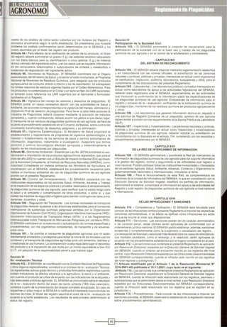 costos de los análisis de rutina serán cubiertos por los titulares del Registro y
abonados anualmente según la tarifa establecida. De presentarse una muestra
:l(Oblema los análisis confirmatonos serán determinados por el SENASA y los
costos asum1dos por el titular del reg1stro del producto.
Artículo 94.- Para efectos de la verificaciÓn de calidad de su producto, el titular
jel reg1stro deberá sum1mstrar un gramo (1 g.) del estándar analítico (etiquetado
:.on los datos bás1cos para su 1dentificac1ón) o cinco gramos (5 g.) de material
:ecoico valorado del mgrediente acllvo, y en los casos que se requiera,información
=e los compuestos relacionados o subproductos de síntesis y metabolitos o
sustancias de degradación del Ingrediente activo.
Artículo 95.- Monitoreo de Residuos.- El SENASA coordinará con el Organo
especializado del Ministerio de Salud, y el sector privado involucrado. el Programa
-..aciana! de Momtoreo de Residuos Qulmicos, para asegurar que los productos
agropecuarios de consumo directo e interno y los de exportación, no sobrepasen
es limites máximos de residuos vigentes fijados por el Codex Alimentarius. Para
os productos no contemplados en el Codex y en tanto se fijen los LMR nacionales.
se tomarán como referencia los LMR sugeridos por el fabricante o formulador
aprobados en el Registro.
Articulo 96.- Vigilancia del manejo de residuos y desechos de plaguicidas.- El
SENASA podrá, en casos necesarios decidir con las autoridades de Salud y
.;mbiente, las acciones correspondientes a la vigilancia del manejo, eliminación y
=sposición final de desecho de plaguicidas. Para llevar a cabo tales acciones la
.,dustna de Plaguicidas deberá cooperar mediante la provisión de métodos
apropiados y, cuando corresponda, deberá asumir los gastos a que dieren lugar.
:3 transporte de los res1duos de plaguicidas qulmicos de uso agrícola, se hará de
3CUerdo al proced1m1ento establecido en el Convenio de Basilea, sobre control del
"'10Vimiento transfronterizo de desechos peligrosos y su eliminación.
Articulo 97.- Vigilancia Ep1dem1ológ1ca .- El Ministerio de Salud propiciará el
establecimiento y mejoram1ento de programas de v1g1lancia epidemiológica y la
::reac1ón o fortalec1m1ento de los servicios de salud y centros toxicológicos de
-'ormación, diagnósllco, tratamiento e investigación. Asegurará que dichos
servicios y centros tOXICOlógicos efectúen apropiada y sistemáticamente el
-eg1stro de las Intoxicaciones por ptagu1CJdas.
Articulo 98.- Monlloreo Ambiental.- Estando por Ley No. 26744 prohibidos el uso.
'abricación e importación de los productos agroquímicos registrados, que para el
"'!CIOdel año 2000 no cuenten con un Estudio de ImpactoAmbiental (ElA) aprobado
::;orla Autoridad Competente, ellnshtuto de Recursos Naturales (INRENA), como
-.rtoridad Competente en matena ambiental del Ministerio de Agricultura, en
:.oordinación con el SENASA, establecerá los procedimientos necesarios para
-ealizar el monitoreo ambiental del uso de plaguicidas quimicos de uso agrícola
xorde con el presente Reglamento.
Artículo 99.- Control del Almacenamiento. - El SENASA cooperará con las
-stituciones responsables de los sectores Salud, Ambiente, Aduanas y Trabajo
;;n la inspección de los espacios públicos yprivados, destinados al almacenamiento
:e plaguicidas químicos de uso agrlcola, para verificar que no exista riesgo para
a salud y el ambiente o contaminación de otros productos, o entre sí, y que
:Justan las medidas de seguridad e higiene para atender contingencias tales como
:errames, incendios y otras.
Articulo 1OO.- Regulación del Transporte.- Las normas nacionales de transporte
:e plaguicidas deberán ajustarse a las directrices establecidas para el transporte
.,ternac1onal de sustancias qulmicas peligrosas emitidas por la Organización
nternacional de Aviación Civil (ICAO): Organización Marítima Internacional (IMO):
...sociación Internacional de Transporte Aéreo (lATA); y a los Reglamentos
~ternacionales sobre Transporte de Mercancías Peligrosas por carretera (RID).
: SENASA participará en la elaboración o actualización de normas especificas y
;rocedim1entos, con los organismos competentes. de transporte y de aduanas.
entre otros.
Artículo 101. - Se prohibe el transporte de plaguicidas agrícolas que no estén
::ebidamente embalados y proteg1dos para evitar la rotura de los envases que los
contienen y el transporte de plaguicidas agrícolas junto con alimentos, bebidas y/
omedicinas de uso humano. La contravención a esta regla dará lugar al decomiso
:el producto y a la 1mpos1ción de una multa por un monto equivalente a tres (03)
:.J 1T., sin perjuic1o de la responsabilidad penal a que hubiere lugar
Sección 111
Re- evaluación Técnica
Articulo 102. - El SENASA, en coordinación con la Comisión Nacional de Plaguicidas
otros órganos especializados, someterá a un proceso de re- evaluación Técnica,
os ingredientes activos grado técnico y productos formulados registrados cuando
eXIstan indicadores de efectos adversos a la agricultura, la salud y al ambiente,
aún cuando el producto se utilice de acuerdo con las indicaciones de la etiqueta y
l)ajo adecuadas prácticas agrícolas. EL SENASA se pronunciará sobre el resultado
::te la re - evaluación dentro del plazo de ciento ochenta (180) días calendario,
contados a partir de la presentación del dossier completo actualizado. En caso de
-equerirse un plazo mayor, el SENASA lo notificará al interesado exponiéndole las
razones técnicas. El titular del registro asumirá el costo de la re - evaluación de
acuerdo a la tarifa establecida. Los resultados de este proceso determinarán el
status del registro
Sección IV
Participación de la Sociedad Civil
Artículo 103. - El SENASA promoverá la creación de mecanismos para la
part1c1pacíón de la soc1edad c1vil en el buen uso y manejo de tos plaguicidas
qulm1cos de uso agrícola y en el control de la adulteración y contrabando.
CAPÍTULO XVI
DEL SISTEMA DE RECONOCIMIENTO
Articulo 104.- El SENASA deberá disponer mediante reglamentación especifica
y en concordancia con las normas oficiales, la acreditación de las personas
naturales y jurídicas. públicas y privadas. interesadas en actuar como organismos
de certificación, inspección, auditarla, laboratorios, evaluadores y otros, para el
cumplimiento de las disposiciones del presente Reglamento.
Artículo 105.- Laboratorios.- Los laboratorios públicos y privados interesados en
actuar como laboratorios de apoyo a las actividades reguladoras del SENASA.
deberán estar registrados ante el SENASA, especialmente, en las actividades
que involucran la confirmación de la información sobre las especificaciones de
los plaguicidas qulmicos de uso agrícola: Evaluadores de información para el
registro y proceso de re - evaluación; verificación de la composición química de
los plaguicidas: monitoreo de los residuos químicos en productos agropecuarios
y otros.
Artículo 106. - Los laboratorios que generen información técnica en respaldo a
una sohc1tud de Registro Comerc1al de un plaguicida, químico de uso agrícola
deben tender a cumplir con los requerimientos de la Buena Práctica de Laboratorio
(GLP).
Artículo 107. - Inspectores y muestreadores.- Las personas naturales y jurídicas,
públicas y privadas. interesadas en actuar como Inspectores y muestreadores
de plagu1c1das químicos de uso agrícola, deberán solicitar su acreditación en
concordancia con lo d1spuesto en el articulo 104. cumpliendo con los requiSitos y
proced1m1entos establecidos por et SENASA.
CAPITULO XVII
DE LA RED DE INTERCAMBIO DE INFORMACION
Articulo 108. - El SENASA administrará y coordinará la Red de Intercambio de
información de plagu1cidas quim1cos de uso agrlcola para dar soporte informático
a la gestión del registro, control y segUimiento a las actividades post registro a
nivel nacional Podrán participar todas las mstituciones involucradas o interesadas
de los sectores Agrícola. Salud, Ambiente, Aduanas, Comercio y Organismos no
gubernamentales nacionales e mternacionales, vinculados al tema.
Articulo 109. - Para el funcionamiento de esta Red, se complementará las
funciones de la Unidad de lnformatica del SENASA, la que en coordinación con la
Dirección General de Sanidad Vegetal, diseñará los perfiles de información,
administrará el sistema, consolidará la información en apoyo a las actividades del
Registro y post registro de plagu1c1das químicos de uso agrícola a nivel nacional
e internacional.
CAPITULO XVIII
DE LAS INFRACCIONES Y SANCIONES
Articulo 110.- Competencia y Tipificación.- El SENASA está facultado para
conocer de las infracciones contra el presente Reglamento e imponer las respectivas
sanciones admimstrativas. A tal efecto se tipifican como infracciones los actos
en que se incurre al v1olar sus disposiciones.
Articulo 111.- Sanc1ones.- Las sanciones podrán ser de carácter administrativo
o de carácter penal, estas últimas serán aplicadas de conformidad con el
ordenamiento JUrídico nacional El SENASA podrá establecer, además, sanciones
accesor~as o complementarias como la suspensión o cancelación del registro
y la revocaCIÓn de hcenc1as y sanoones más severas para los casos de reincidencia.
Las med1das cautelares como el embargo y la retención. serán aplicadas de
acuerdo con los proced1m1entos estableCJdos por el órgano competente en el país.
Artículo 112. - Las sanciOnes que contempla elpresente Reglamento se aplicarán
por Resolución Directora/ exped•da porla Dirección General de Sanidad Vegetal
del SENASA. cuando el mfractor se encuentre inscrito en /os reg1stros del mvel
central. oporResolución D1rectora1 expedida porlas Direcciones Desconcentradas
del SENASA correspondientes. cuando el infractor este inscrito en los registros
delnivel regional o subregional.()
(•) Articulo modificado por el Articulo 1 de la Resolución Ministerial N"
1216-2001-AG publicada el18-11-2001, cuyo texto es el siguiente:
«Articulo 112.- Las sanciones que contempla el presente Reglamento se aplicarán
por Resolución Directora!, expedida por la Dirección General de Sanidad Vegetal
del SENASA, cuando la Infracción esté relacionada con los registros, permisos o
autorizaciones que se administren desde el nivel central, o por Resolución Directoral
expedida por las Direcciones Desconcentradas del SENASA correspondiente,
cuando la infracción esté relacionada con los registros que se expiden en su
jurisdicción.»
Articulo 113. -Procedimientos.- Para conocer de las infracciones e imponer las
sanciones previstas. el SENASA observará lo establecido en la legislación nacional
sobre procedimientos administrativos.
----1~1----
 