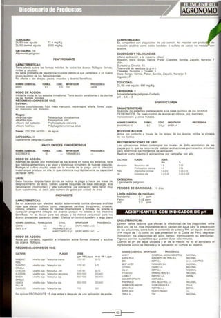 TOXICIDAD:
DL/50 oral aguda:
DL/50 dermal aguda·
CATEGORIA: 1B
Altamente peligroso
CARACTERISTICAS:
72.4 mg/Kg.
2000 mg!kg.
FENPYROXIMATE
Tiene efecto sobre las formas móviles de todos los ácaros fitófagos (larvas.
ninfas y adultos).
No tiene problema de resistencia cruzada debido a que pertenece a un nuevo
grupo químico de los ferox1p1razoles.
No afecta a las abe¡as peces. insectos y ácaros benéficos.
NOMBRE COMERCIAL
KENYO
FORMUL.
s.c
CONC. IMPORTADOR
5 % TOC
PROCEDENCIA
JAPQN
MODO DE ACCION :
Inhibe la muda de los estados inmaduros. Tiene acción paralizante o de derribe
de las formas móviles.
RECOMENDACIONES DE USO:
Cultivos:
Cítricos cucurbitaceas, frijol. fresa marygold, espárragos. alfalfa, flores papa.
ají, manzano, vid, durazno.
Plagas:
«Arañita roja»
«Aral'iita roja»
«Acaro del tostado>>
«Acaro hialino>>
Tetranychus cínnabarinus.
Panonychus citrí
Phyllocoptruta oleivora
Poliphagotarsonemus latus
Dosis: 200 300 ml/200 1 de agua.
CATEGORIA: 111
Ligeramente peligroso-Cuidado
PAECILOMYCES FUMOSOROSEUS
NOMBRECOMERCIAL
SUCCESSOR SC
FORMUL.
se
CONC. IMPORTADOR PROCEDENCIA
FARMAGRO S.A
MODO DE ACCIÓN :
Además de causar alta mortalidad de los ácaros en todos los estadios, Itera
sus hábitos alimenticios y su vigor y disminuye el número de nuevas posturas.
Protege el cultivo mucho antes de la muerte de la plaga por la infección
ínvasiva que produce en ella, lo que deteriora muy rápidamente su capacidad
de hacer daño.
USOS:
Debe hacerse dirigida hacia donde se hub1ca la plaga y hacia las áreas de
desplazamiento de esta. Deben usarse boquillas de baja descarga, alta
nebulización (microgotas) y alta turbulencia. La aplicación debe tener muy
buen cubrimiento, es decir, alto número de gotas por unidad de área.
PROPARGITE
CARACTERISTICAS:
Es un acarícída con efectiva acción exterminante contra diversas arai'htas
ro¡as que atacan cultivos como: manzanas, perales, durazneros. ciruelos
cltricos, viñedos . cultivos de plantas ornamentales y florales. Se adapta a
cualquier programa Integral de ácaros porque no afecta a los insectos
benéficos, no es tóxico para las abejas y es menos perjudicial para los
écaros predatores (parásitos útiles). Efectúa un control duradero a largo plazo
NOMBRECOMERCIAL FORMULACIDN
~~~ CE
OMI~ JOW WP
MODO DE ACCION:
CONC.
784 g,1
PRQPARGITE 300g.
HUMECT~S SOg.-1
IMPORTADOR
GRUPO ANDEX SA C.
GRVPOANDEX SAC.
PROCEDENCIA
Actúa por contacto, ingesllón e inhalación sobre formas jóvenes y adultos
de écaros fitofagos.
RECOMENDACIONES DE USO:
CULTIVOS PLAGAS DOSIS
g.en 100 L.agua ml.en 100 L.agua
MANZANO cAraftJ1a ro,¡• Te~aryd>us te anus 125-180 50-70
PERA
DU~NO cAtallita 10f1• Tetranyd>us spp. 125·180 5-70
CIRUELA
CITRICOS cAraMaro,ao Panonyct>us crtri 125·180 50-70
ALGODÓN •Arañta ro¡a> Tetranychus peruvianus 500·1000 200-400
SANDIA «Arañlla ro¡u Tetranycllus spp. 500·1000 200-400
ZAPALLO
VAINITA rAra~11a re¡a. Tetranycllus spp. 500·1000 200-400
PALLAR
CLAVELES •Ara~ita ro¡a• Tetraoyd>us sop 750 300
No aplicar PROPARGITE 15 días antes o después de una aplicación de aceite
COMPATIBILIDAD:
Es compatible con plaguicidas de uso común No mezclar con prc>d~ICfll
reacción alcalina como caldo bordales ó sulfato de calcio no
aceites.
CARENCIAS Y TOLERANCIAS:
Ultima aplicación a la cosecha (días)·
Algodón, Maíz, Sorgo, Vainita, Paliar, Claveles, Sandía, Zapallo, Naranjo: 7
dias.
Durazno y Ciruela: 15.
Tolerancia de residuos (p.p.m.):
Claveles, Durazno y Ciruela: 3
Maíz, Sorgo Vainíta, Paliar, Sandia, Zapallo, Naranjo: 5
Algodón: 7
TOXICIDAD:
DL/50 oral aguda. 890 mg/Kg.
CATEGORIA: 11
Moderadamente peligroso-Cuidado
pH : 6.4 - 8
SPIRODICLOFEN
CARACTERISTICAS:
Acaricida no sistémico perteneciente a la clase química de los ACIDOS
TETRONICOS. De buen control de écaros en cítricos. vid, manzano,
melocotonero y otros frutales.
NOMBRE COMERCIAL
ENVIDOR 240 SC
FORMUL.
se
CONC. IMPORTADOR PROCEDENCIA
251 gil BAYER SA
MODO DE ACCION:
Actúa por contacto a través de los tarsos de los ácaros. Inhibe la síntesis
de los lípidos.
RECOMENDACIONES DE USO:
Las aplicaciones deben contemplar los n1veles de daño económico de las
plagas por lo que se recomienda realizar evaluaciones permanentes al cultivo
para determinar los momentos de aplicación.
Realizar como máximo 2 aplicaciónes por campaña por año.
CULTIVOS: PLAGAS: DOSIS:
Uha.
Marrdanna Panor11CIIus c1tn 06
Pl>yHocoptfllla oletvora 08
Palio Ologonye~us pun/Cae 0 4.0 6
V>d Colome<us lfJ/.s 0.2.0 25
CATEGORIA:
Ligeramente peligroso
PERIODO DE CARENCIAS: 14 días
Limite máximo de residuos:
Mandarina: 0.1 ppm
Palto: 0.02 ppm
Vtd: 2 O ppm
'4
o03
004
002-0.03
o02.0.025
ACIDIFICANTES CON INDICADOR DE pH
CARACTERISTICAS:
Existen varios factores que afectan la efectividad de los plagulcidas. entre
ellos uno de los más importantes es la calidad del agua para la preparación
de las soluciones, sobre todo el contenido de sales y PH; así aguas alcalinas
(PH mayor de 7 O) como los que presentan en la Costa del Per1, degradan
(hidrolizan) los plaguic1das en poco tiempo. disminuyendo su efectividad.
Algunos son tan suceptibles que pueden durar sólo minutos.
Cuando el pH del agua utilizada y el de la mezcla no es el apropiado el
ingrediente activo se degrada y la aplicación no cumple su objetivo.
NOMBRECOMERCIAL IMPORTADOR PROCEDENCIA
ACtDYF COMERCIAL ANDINA INDUSTRIAL NACIONAL
AJIFOL PLUS AJINOMOTO DEL PERV SA NACIO'IAL
885 SERflSA USA .SUOAFRJCA
SESTVIATER FARMAGROSA NACIONAL
crrooa ITAGROSA NACIONAL
Clipprl SERFISA NACIONAL
FITOACIOO DROKASA PERU SA NACIONAL
LOWER 7 FERn~CSA. ESPilÑA
MANVERTOPTIM PH HORTUSS.A.
PANTERA pH ARIS INDUSTRIAL SA NACIONAL
QU MJFOL PH MASTER QUÍMICASUIZA SA ITALIA
SPAAYPLUS FERTI~C S.A ESPiWI
SUPERACID FAUSTO P1AGGIO
TRIPLE A TOC NACIO'W.
----1~1---
 