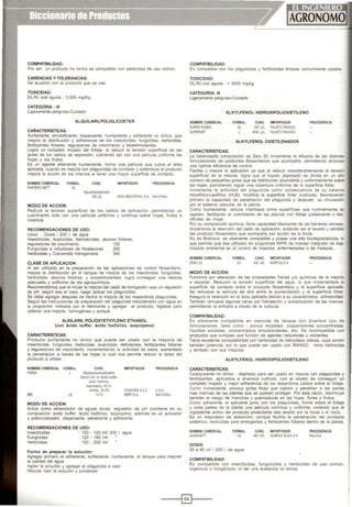 COMPATIBILIDAD:
Por ser un producto no ionice es compatible con pestocidas de uso común.
CARENCIAS Y TOLERANCIAS:
De acuerdo con el producto que se use
TOXICIDAD:
DL/50 oral aguda : 3,000 mg/Kg.
CATEGORIA : 111
Ligeramente peligroscrCuidado
ALQU1LARILPOLIGLICOETER
CARACTERJSTlCAS:
Surfactante, emulsdcante, dospersante, humectante y adherente no oóniCO, que
mejora la distribución y adherencia de los insecticidas, fungocidas, herbicidas,
fertilizantes foliares, reguladores de crecimiento y bioestimulantes.
Logra un completo mojado del follaje, al reducir la tensión superficial de las
gotas de los caldos de aspersión, cubriendo así con una película uniforme las
hojas y los frutos
Es un agente altamente humectante, forma una película que cubre el área
aplicada, cuando se mezcla con plaguicidas de contacto y sistémicos el producto
mejora la acción de los mismos al tener una mayor superficie de contacto.
HOMBRE COMERCIAL FORMUL COHC. IMPORTADOR PROCEDENCIA
PAHTC:RAWEI SL
Alq"'latilpolíghcoe:et
500 g/1 ARISINDUSTRIAL SA NACIONAl
MODO DE ACCION:
Reduce la tensoón superficial de los caldos de aplicación, permotiendo un
cubrimiento total con una película umforme y continua sobre hojas, frutos e
insectos.
RECOMENDACIONES DE USO:
Usos: Dosis 1 200 l. de agua
Insecticidas. Acancidas, Nematocidas, abonos foliares.
reguladores de crecimiento 150
Fungicidas e inductores de fitoalexinas 200
Herbicidas y Cianamida hidrogenada 300
CLASE DE APLICACION
Al ser utilizado en la preparacoón de las aplicaciones de control fitosanitario,
mejora la distribución en el tanque de mezcla de los insecticidas, fungicidas,
herbicidas, abonos foliares. y bioestimulantes, logra conseguir una mezcla
adecuada y uniforme de los agroquimicos.
Recomendamos que al iniciar la mezda del caldo de tum¡gación usar un regulador
de pH. según sea el caso, luego aplicar los plaguicidas.
Se debe agregar después de hecha la mezcla de los respectivos plaguicidas.
Seguir las instrucciones de preparación del plaguicida mezclándolo con agua en
la proporción indicada por el fabricante y agregar el producto. Agítese para
obtener una mezda homogénea y aplique.
ALKILARIL POLIOXYETHYLENO ETHANOL
(con ácido buffer, ácido fosfórico, isopropano)
CARACTERISTICAS:
Producto surfactante no iómco que puede ser usado con la mayoría de
insecticidas, fungicidas, herbicidas, acaricidas, defoliantes, fertilizantes foliares
y reguladores de crecimiento, incrementando la actividad de estos. aumentado
la penetracion a través de las hojas lo cual nos permote reducir la dosis del
producto a ubhzar
NOMBRE COMERCIAL FORMUL.
FAENA L
865 LS
MODO DE ACCION:
CONC.
Alkylarypolyoxyelhylene.
ElaOC)j con un áodo buffer,
ácido 'osfo-loo
osopropano 63 lit
Inertes 36.5%
14%
IMPORTADOR
CO~AGRA SA.C
SERFISA
PROCEDENCIA
USA.
NACIONAL
Actúa como ablandador de aguas duras. regulador de pH (contiene en su
composición ácido buffer, ácido fosfórico. osopropano, además es un activador
y potencializador, dispersante. penetrante y adherente.
RECOMENDACIONES DE USO:
Insecticidas : 100 - 120 mV 200 l. agua
Fungicidas : 120- 180 mV •
Herbicidas . 150 - 200 mil
Forma de preparar la solución:
Agregar primero el adherente, surfactante. humectante. al tanque para mejorar
la calidad del agua.
Agotar la solución y agregar el plaguicida a usar.
Mezclar bien la solución y pulverizar.
COMPATIBILIDAD:
Es compatible con los plaguicidas y fertilizantes foliares comunmente usados.
TOXICIDAD:
OUSO oral aguda : > 3000 mg/l<g
CATEGORIA: 111
Ligeramente peligroso-Cuidado
ALKYLFENOL HIDROXIPOLIOXIETILENO
NOMBRE COMERCIAL
SUPER HUMEO
SU"ERWET
CARACTERISTICAS:
FORMUL. CONC. IMPORTADOR
Sl 250 gil. FAUSTO PIAGGIO
9880 g'l. FAUSTO PIAGGIO
ALKYLFENOL OXIETILENADOS
PROCEDENCIA
La balanceada composición de Zero 50 incrementa la eficacia de las distintas
formulaoones de productos fitosamtarios que acompaña. permitiendo alcanzar
una óptima eficiencia de control.
Facilita y mejora la aplicación ya que al reducir considerablemente la tensión
superficial de la mezcla, logra que el líquido asperjado se divida en un alto
número de pequeñas gotas que se distribuirán abundante y unoformemente sobre
las hojaS, permitiendo lograr una cobertura umforme de la superficie foliar.
Incrementa la actividad del plaguic1da como consecuenc1a de su balance
hidrofilico-Lipofílico (HLB). modifica la superficie foliar (cutlcula), favoreciendo
primero la capacidad de penetración del plaguicida y después su circulación
por el sistema vascular de la planta.
Como humectante. reduce interfases entre superficies que normalmente se
repelen, facohtando el cubnmiento de las plantas con follaje pubescente o hso
difíciles de mojar.
Por su composición quimica, tiene capacidad disolvente de las barreras cerosas
Incrementa la retención del caldo de aplicación. evitando asl el lavado y pérdida
del producto fitosanitano que acompaña por acci6n de la lluvia
No es fitotóx1co, es altamente compaUble y posee una alta biodegradabiltda. lo
que permite que sea utohzado en programas MIPE de manejo integrado de bajo
impacto ambiental en el control de insectos, enfermedades o de malezas..
NOMBRE COMERCIAl
ZERO 50
MODO DE ACCIÓN :
FORMUL CONC. IMPORTADOR PROCEDENCIA
se 400 Gt HORTLS SA
Funciona por alteración de las propiedades ffsicas y/o quim1cas de la mezcla
a asperjar. Reducen la tensión superficial del agua. lo que incrementará la
supeñiCie de contacto entre el producto fitosamtario y la superfiCie aplicada
Se remueve la película de aire entre la pulvenzación y la superficie foliar.
Asegura la retención en el área aplicada debido a su caracterlstica adhesividad.
También remueve algunas ceras por hidratacoón y sotubilización de las mismas.
permitiendo la entrada a través de la cutícula
COMPATIBILIDAD:
Es altamente compatible en mezclas de tanque con diversos tipo de
formulaciones, tales como : polvos mojables, suspensiones concentradas,
líquidos solubles, concentrados emulsionables. etc. Es incompatible con
productos que cumplan una función de agentes reductores u oxidantes.
Tiene excelente compatobilidad con herbicidas de naturaleza oleosa, cuya acción
también potencia. por lo que puede ser usado con RANGO, otros herbicidas
y también con sus mezclas.
ALKYLFENOL HIDROXIPOLIOXIETILENO
CARACTERISTICAS:
Coadyuvante no iónico • diseñado para ser usado en mezcla con plaguicidas y
fertilizantes, aplicados a diversos cultivos, con el objeto de conseguir un
completo mojado y mejor adherencia de los respectivos caldos sobre el follaje.
Como humectante, prov1ca gotas finas que cubren y penetran a las partes
mas internas de las plantas que se quieren proteger. Por ésta razón, dismonuye
también el riesgo de manchas y quemaduras en las hojas, flores o frutos.
Como adherente, al aphcarse junto con los plaguicidas. forma sobre el follaje
y otras partes de la planta una película continua y uniforme. evitando que el
ongrediente activo del producto protectante sea lavado por la lluvia o el roclo.
Es un mejorador de absorción porque facilita la penetración del producto
sistémico, herbicidas post emergentes y fertilizantes foliares dentro de la planta.
NOMBRE COMERCIAL
OUIMIWETT
DOSIS:
FORMUL CONC. IMPORTADOR
lS 980 Gt OUIMICASUtZASA
50 a 60 mi 1 200 l. de agua
COMPATIBILIDAD:
PROCEDENCIA
N3oonal
Es compatible con insecticidas, funguicidas y herbicidas de uso común,
orgánicos o inorgánicos, or ser una sustancia no iónica.
----1~1----
 