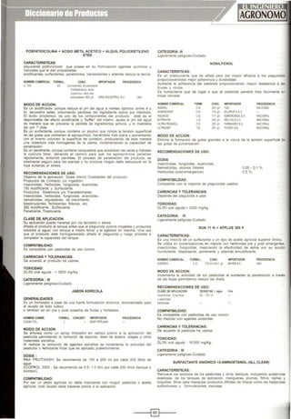 FOSFATIDICOLINA + ACIDO METIL ACETICO + ALQUIL POLIOXIETILENO
ETER
CARACTERISTICAS:
adyuvante polifuncional que posee en su formulación agentes químicos y
naturales que le dan propoedades
acidificantes, suñactantes, penetrantes, translocantes y además reduce la derova
NOMBRE COMERCIAL FORMUL. CONC. IMPORTADOR
Ll 700 EC Concentrado emuls'Onable
Fosfatidícol na áodo
propoónoeo,al<)1 e:er
PROCEDENCIA
poóaJLoetleoo 800 ~ ARISINDUSTRIAl SA USA
MODO DE ACCION:
Es un acidificante, porque reduce el pH del agua a niveles óptimos (entre 4 y
6). secuestra sales, prevoniendo pérdidas del ongredíente activo por hodróhsis.
El ácido propíónico, es uno de los componentes del producto, esté es el
responsable del efecto acidificante y "buffer" del mismo, ajusta el pH del agua
de manera que se previene la pérdida de ingredientes activos, y lo mantiene
así por 7 días.
Es un suñactante, porque contiene un alcohol que rompe la tensión superficoal
de las gotas que contoenen al agroquímico, haciéndola más plana y aumentando
con el mismo volumen la superficie de contacto, produciendo de esta manera
una cobertura más homogénea de la planta, oncrementando la capaodad de
penetración.
Es un penetrante, porque contiene compuestos que solubihzan las ceras e hidratan
la cutícula foliar, abnendo el camino para que los agroquímicos penetren
rápidamente, evitando pérdidas. El proceso de penetración del producto, es
totalmente seguro para las plantas y no produce ningun daño estructural en la
hoja evitando el stress.
RECOMENDACIONES DE USO:
Objetivo de la aplicaCión: Dosis (mVcil) Cualidades del producto:
Productos de Contacto y/o Ingestión:
Insecticidas, herbicidas. fung1cidas, acariodas
150 Acidificame y Suñactante
Productos SistémiCOS y/o Translaminares:
Insecticidas, herbicidas, fungicidas, acaricidas,
nematicidas, reguladores de crecimiento,
biestimulantes, fertilizantes foliares, etc.
300 Acidificante, Suñactante
Penetrante, Traslocante
CLASE DE APLICACION
Su aplicación puede hacerse por vía terrestre o aérea
Aliada el producto al tanque antes que al plaguioda (polvos mojables y productos
solubles al agua) con tanque a medio llenar y el agitador en marcha Una vez
que el producto esté homogeneizado aliada el plaguícida y luego proceda a
completar la capacidad del tanque.
COMPATIBILIDAD:
Es compatible con pesticidas de uso común.
CARENCIAS Y TOLERANCIAS:
De acuerdo a producto ha usarse.
TOXICIDAD:
DUSO oral aguda : > 3500 mg/Kg.
CATEGORIA : 111
Ligeramente peligroso-Cuidado
JABON AGRICOLA
GENERAUDADES:
Es un fonnulado a base de una fuerte formulación aniómca, recomendado para
el lavado de todo cultivo
o tambien en en pre y post cosecha de frutas y hortalizas
NOMBRE COMER.
CLEAN FOL
MODO DE ACCION:
FORMUL. CONCENT. IMPORTADOR
L BASF PERUANA
PROCEDENCIA
Se emplea como un spray limpiador en campo previo a la aplicación del
pesticida permitiendo la remoc1ón de esporas, telas de ácaros, plagas y otros
materiales extraños.
Al realizar la remoción de agentes extraños se mcrementa la acllv1dad del
pesticida o fertilizante fohar que es aplicado postenormente.
DOSIS:
RNA FRUITWASH: Se recomienda de 100 a 200 mi por cada 200 litros de
agua.
ECOPROL 3005 : Se recomienda de 0.5· 1.0 litro por cada 200 litros (tanque o
bombón).
COMPATIBILIDAD:
Por ser un jabón agrioola no debe mezclarse con ningún pesticida o aceite
agrícola, todo lavado debe hacerse previa a la aplicación.
CATEGORIA: 111
Ligeramente peligroso-Cuidado
NONILFENOL
CARACTERISTICAS:
Es un coadyuvante que se utiliza para dar mayor eficacia a los plagwcidas
proporcionándoles mejor adherencia y durabilidad.
Aumenta la adherencia del pesticida proporcionando· mayor resistencia a las
lluvias y rocíos.
Es humectante que da lugar o que el peshcoda penetre mas facilmente er
hojas cerosas.
NOMBRE COMERCIAL FORM. CONC. IMPORTADOR PROCEDENCIA
ADERAL cs. 250 g.1 TOC NACIONAL
ADHERCROP CS. 114 g.1 SII.CROP S.A.C.
AQUACID LE. 111 9n AGROKLINGE SA NACIONAL
EXTRAVON L E 200 gn NEOAGS.A.C. NACIONAL
Ul TRA PEGASOL es 200 gn FARMAGROS.A. NACIONAL
UlTRAWET es 250 gil ITAGROSA NACIONAL
MODO DE ACCION:
Elim1na la formación de gotas grandes a la rotura de la tensión superficial de
las gotas de pulvenzación.
RECOMENDACIONES DE USO:
DOSIS
Insecticidas, fungicidas, acaricidas,
Nematicidas, abonos foliares
Herbicidas (post-emergencia}
COMPATIBILIDAD:
Compatible con la mayoría de plaguiodas usados.
CARENCIAS Y TOLERANCIAS:
Depende del plaguic1da a usar.
TOXICIDAD:
OU50 oral aguda.> 2000 mg/kg
CATEGORIA: 111
Ligeramente peligroso-Cuidado
0,05. 0,1 %
0,5%
SUN 11 N + ATPLUS 300 F
CARACTERISTICAS:
Es una mezcla de un suñactante y un tipo de aceite agrícola superior iónico.
Se utiliza en pulverizaciones en mezcla con herbicidas pre y post emergentes,
insecticidas, fungicidas, mejorando la efectividad de éstos por su acción
humectante, dispersante, penetrante y además emulsificante.
NOMBRE COMERCIAL FORMUL CONC. IMPORTADOR
AGRJDEX CE 7289+'435 gl BAYERSA
MODO DE ACCION:
PROCEDENCIA
USA
1ncrementa la actJvídad de los pesticidas al aumentar la penetrac1ón a través
de las hojas permitiendo reducir las dosis.
RECOMENDACIONES DE USO:
ClASE DE APLICACION
InsectiCidas fung•c•das
y atariadas
DOSIS/lOO l. agua 1/ha.
50· IOO rrl
Hert>odas ll
COMPATIBILIDAD:
Es compatible con pestocidas de uso común.
No mezclar con agentes oxidantes.
CARENCIAS Y TOLERANCIAS:
De acuerdo al pesticida ha usarse.
TOXICIDAD:
DUSO oral aguda 16,000 mg/Kg.
CATEGORIA : 111
Ligeramente peligroso-Cuidado
SURFACTANTE ANIÓNICO +2-AMINOETANOL (ALL CLEAR)
CARACTERISTICAS:
Remueve los residuos de los pesticidas y otros residuos, incluyendo sustancias
aceitosas, de los tanques de aplicación, mangueras, plumas. filtros. rejillas y
boquillas. Sirve para manipular productos dtfíciles de limpiar como los herl>ícidas
sulfonilureas y formulaciones llisoosas
-----l~l----
 