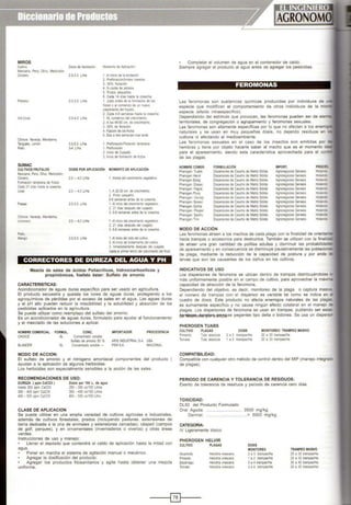 MIROS
Culuvo Oos•sde A¡lficaooo
Manzana, Pera, Olivo, Melocotón,
Cirolero 2.5-3.0 UHa
Plátano 2.0-3.0 UHa
VId (Uva) 3.0-4.0 LIHa
Cítricos: Naranja, Mandanna,
Tangúelo, Limón 3.0-6.0 UHa
Pal~o 3-4 U'Ha
SUMAC
Momento de ApiM:aclón
1 PJ iniao de labrotaaón
2 Preliolaciónib10tes rosados
3 50% floración
4 Y. caida de pétalos
5 Frutos pequeños
6 Cada 14 días hasta la cosecha.
1 Justo antes de la formaCión de las
flores o al comienzo de un nuevo
crecimiento del hijuelo.
2. Cada 4-8 semanas hasta la cosecha
1. AL comienzo del crecimiento.
2.A los 45-60 cm. de crecimento.
3 50% de floración
4 Fijación de los frutos
S. Dos a tres semanas mas tarde
1 PtellolaciónJFioración temprana
1 Prefloración
2 lnioo de Cuajado
3 Inocio de formaooo de frutos
CULTIVOS FRUTALES DOSIS POR APLICACIÓN MOMENTO DE APLICACIÓN
Manzana, Pera, Olivo. Melocotón.
Cirolero.
Fotmación temprana de frutos.
Cada 21 d•as hasta la cosecha.
Uvas
Fresas
Cítncos: Naranja. Mandanna
Umonero
Pano,
Mango
2.0 - 4.0 UHa
2.0 - 4.0 UHa
2.0-3.0 UHa
2.0- 4.0 UHa
2.0-5.0 UHa
1. lmciosdel crecimiento vegetaiJVo.
1. A20-30 cm. de crecimiento.
2. Fruto pequeño.
6-8 semanas antes de la cosecha.
l. Al lflido del crecinuento vegetati'ro.
2. 21 dias después del cuajado.
3 6-8 semanas antes de la cosecha
1.PJ iniciodel a ednuento ve-;Jeta!Ml
2. 21 dlas después del cuajado.
3. 6-8 semanas antes de la cosecha.
1. PJ inociodel ciclo del cuttivo.
2.Al imcio de brolamiento del cultivo.
3. lnmed.atamente después del cuajado
hasta el primerterao del crecimiento del fruto
CORRECTORES DE DUREZA DEL AGUA Y PH
Mezcla de sales de ácidos Poliacríllcos, hidroxicarboxílicos y
propiniónicos, fosfato éster: Sulfato de amonio
CARACTERISTICAS:
Acondicionador de aguas duras especifico para ser usado en agricultura.
El producto secuestra y quelata los iones de aguas duras. protegiendo a los
agroquimicos de pérdidas por el exceso de sales en el agua. Las aguas duras
y el pH alto pueden reducir la miscibilidad y la solubilidad y absorción de los
pesticidas aplicados en la agricultura.
Se puede utilizar como reemplazo del sulfato del amonio.
Es un acondicionador de aguas duras, formulado para ayudar al funcionamiento
y el mezclado de las soluciones a aplicar.
NOMBRE COMERCIAL FORMUL. COHC. IMPORTADOR PROCEDENCIA
CHOICE SL Concentrado soluble
Sulfato de amonio 50 % ARISINDUSTRIAL S.A. USA
BLANOER Sl Concentrado soluble --- P&NSA NACIONAL
MODO DE ACCION:
El sulfato de amonio y el nitrógeno amoniacal componentes del producto
ayudan a la aplicación de algunos herbicidas.
Los herbicidas son especialmente sensibles a la acción de las sales.
RECOMENDACIONES DE USO:
DUREZA ( ppm CaCOJ )
Hasta 300 ppm CaC03
300 - 400 ppm CaC03
400 - 500 ppm CaC03
CLASE DE APLICACION
Dosis por 100 L. de agua
250 - 300 cc/100 litros
300 - 400 cc/100 Litros
400 - 500 cc/100 Litro
Se puede utilizar en una amplia variedad de cultivos agrícolas e industriales,
además de cultivos forestales, prados (incluyendo pasturas, extensiones de
tierra dedicada a la cría de animales y extensiones cercadas), césped (campos
de golf, parques), y en ornamentales (invernaderos o viveros) y otras áreas
verdes.
Instrucciones de uso y manejo:
Llenar el depósito que contendrá el caldo de aplicación hasta la mitad con
agua.
Poner en marcha el sistema de agitación manual o mecánico.
Agregar la dosificación del producto.
Agregar los productos fitosanitarios y agite hasta obtener una mezcla
uniforme.
Completar el volumen de agua en el contenedor de caldo.
Siempre agregar el producto al agua antes de agregar los pesticidas.
FEROMONAS
Las feromonas son sustancias químicas producidas por individuos de
especie que modifican el comportamiento de otros individuos de la mis.-c
especie (efecto intraespecífico).
Dependiendo del estimulo que provocan, las feromonas pueden ser de alarra.
territoriales. de congregación o agrupamiento y feromonas sexuales.
Las feromonas son altamente especificas por lo que no afectan a los enemíg:s
naturales y se usan en muy pequeñas dosis, no dejando residuos en os
cultivos ni afectando el medioambiente.
Las feromonas sexuales en el caso de los insectos son emitidas por .a
hembras y tiene por objeto hacerle saber al macho que es el momento ió€11
para el apareamiento, siendo esta característica aprovechada para el co~
de las plagas.
NOMBRE COMER.
Pherogen Tuabs
Pherogen He!Vir
Pherogen Elalig
Pherogen Diasac
Pherogen Pegos
Pherogen Pluxy
Pherogen Cercap
Pherogen Spoex•
Pherogen Sym1a
Pherogen Phoper
Pherogen Spofru
Pherogen Trim
FORMULACIÓN
Disperw<es de Caucho de Matriz Sólida
Disperw<es de Caucho de Matriz Sólida
Dispersores de Caucho de MatnzSólida
Disperw<es de Caucho de Matriz Sólida
Dispersores de Caucho de Ma.tnz Sólida
Disperw<es de Caucho de Malriz Sólida
Disperw<es de Caucho de Malriz Sólida
Disperw<esdeGaucho de Matriz Sólida
Dispersores deCaucho de Matriz Sólida
Dispersores deCaucho de Matriz Sólida
Dispersotes deCaucho de Matriz Sólida
Dispersores deGaucho de Matriz Sólida
MODO DE ACCIÓN
1MPORT.
Agf0069ocios Genes:s
Agronegocios Genes:s
Agronegocios Geness
AgrORe-;Jocios GenesJS
Agronegocios Genes1s
Agronegocios Geness
AgrotJegoclos Geness
Agronegocios Genesos
AgrotJegocios Genesis
AgrotJegocios Genes.s
Agronegocios Genes•s
Agronegocios GeneSJS
PROCEt
Holanda
Holanda
Holanda
Holanda
Holanaa
Holanda
Holanoa
Holanda
Holaoo-
Holaoda
Holanda
Holanda
Las feromonas atraen a los machos de cada plaga con la finalidad de orientar::f
hacia trampas o accesorios para destruirlos. También se utilizan con la finalída:
de atraer una gran cantidad de polillas adultas y disminuir las probabilidaaa
de apareamiento y en consecuencia se disminuye paulatinamente las poblaciones
de plaga, mediante la reducción de la capacidad de postura y por ende ce
larvas que son las causantes de los daños en los cultivos.
INDICATIVOS DE USO
Los dispersores de feromona se ubican dentro de trampas distribuyéndolas -
más uniformemente posible en el campo de cultivo, para aprovechar la máxifTI!
capacidad de atracción de la feromona.
Dependiendo del objetivo, es decir, monitoreo de la plaga o captura masiv2.
el número de trampas con el dispersor es variable tal como se indica en e
cuadro de dosis. Este producto no afecta enemigos naturales de las plagas
es sumamente específico y no causa ningún efecto colateral en el manejo tlé
plagas. Los dispersores de feromona se usan en trampas, pudiendo ser estas
t:ll!~o~t~~affip¡P.as pegantes tipo delta o bidones. Se usa un dispersor
PHEROGEN TUABS
CULTIVO
Ptmiento
Tomate
PLAGAS DOSIS
Tuta absoluta 2 a 3 trampas/Ha
MONITOREO TRAMPEO MASIVO
20 a 30 trampas/Ha
Tula absoluta 1 a 2 trampas/Ha 20 a 30 trampas/Ha
COMPATIBILIDAD:
Compatible con cualquier otro método de control dentro del MIP (manejo integradc
de plagas).
PERIODO DE CARENCIA Y TOLERANCIA DE RESIDUOS:
Exento de tolerancia de residuos y periodo de carencia cero días.
TOXICIDAD:
DL50 del Producto Formulado
Oral Aguda:
Dermal:
CATEGORIA:
IV Ligeramente tóxico
PHEROGEN HELVIR
CULTIVO PLAGAS
Alcachofa Heliothlsvlrescens
Pimiento Heirnhis virescens
Espárrago Heliolhisvvescens
Tomate Heloolhis vlrescens
3500 mg/kg.
> 5000 mgfkg.
DOSIS
MDNITOREO TRAMPEO MASIVO
2 a 3 trampas/Ha 20 a 30 trampas/Ha
1 a 2 trampas/Ha 20 a 30 trampo,!Ha
3 a 4 trampas/Ha 30 a 40 trampas/Ha
3 a 4 trampas/Ha 20 a 30 trampas/Ha
----1~1----
 