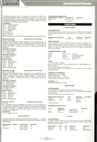 Fertílizante complejo NPK con inhibidor de mtnficación DMPP (3,4-
dimethylpyrazolefosfato). Reduce las pérdidas de Nitrógeno por lavado (lluvias
ó riegos profundos) y aumenta la eficiencia de Nitrógeno. Como resultado la
disponibilidad de Nitrógeno está adaptada mejor a las necesidades de las plantas
y la eficiencia del Nitrógeno está aumentada
Composición:
20,0 o/o Nitrógeno total (N)
5,0 o/o Fósforo (P205)
5,0 o/o PotasiO (K20)
2,0 % MagnesiO (MgO)
5,0 % Azufre (S)
0,02 % Boro (B)
0,06 % Hterro (Fe)
0,01 % Cinc (Zn)
Además cont1ene Calcio (CaO), Cobre (Cu), Manganeso (Mn) y Molibdeno (Mo)
Basacote® Plus 6M Fertilizante de Lenta liberación
16 • 8 - 12 + 2 + EM
Fertilizante NPK totalmente recubierto, equilibrado y rico en oligoelementos, con
magnesio y fósforo solubles en agua. liberación controlada de nutrientes, con
duración programada a 6 meses por la cubierta Poligen® . Indicado para ser
aplicado al sustrato en plantas de vivero o a instalaciones de campos
definitivos.
Nutrientes Principales
16% Nitrógeno total (N)
8 % Fósforo (P205)
12% PotaSIO (K20)
Nutrientes secundarlos
2 o/o Magnesio (MgO)
5 o/o Azufre (S)
Micronutrlentes
0,40 % Hierro (Fe)
0,06 % Manganeso (Mn)
0,05 % Cobre (Cu)
0.02 o/o Cinc (Zn)
0.02 % Boro (B}
0,0015 o/o Molibdeno (Mo)
Basacote® Plus 9M
16 • 8 - 12 + 2 + EM
Fertilizante de Lenta liberación
Fertilizante NPK totalmente recubierto, equilibrado y neo en oligoelementos, con
magnesio y fósforo solubles en agua. liberación controlada de nutrientes, con
duración programada a 9 meses por la cubierta Poligen® . Indicado para ser
aplicado al sustrato en plantas de vivero o a instalaciones de campos
definitivos.
Nutrientes Principales
16 o/o Nitrógeno total (N)
8 % Fósforo (P205)
12 o/o Potasio (K20)
Nutrientes secundarlos
2 o/o Magnesio (MgO)
5 o/o Azufre (S)
Micronutrientes
0,40 o/o Hierro (Fe)
0,06 % Manganeso (Mn)
0,05 o/o Cobre (Cu)
0,02 % C1nc (Zn)
0,02 o/o Boro (B)
0,0015 o/o Molibdeno (Mo}
Novatec® Solub 21
21 • o. o
Fertilizante para fertlrriego
Es un fertilizante cristalino estabilizado que aporta el 100% de nitrógeno en
forma amoniacal, especialmente indicado para suplir las necesidades de nitrógeno
en todo tipo de cult1vos. El producto contienen un inhibidor de la nitrificación,
el DMPP, que asegura la estabilidad del nitrógeno en el suelo de una forma
absorbible por los cultivos.
Composición:
21,0 o/o Nitrógeno total (N)
STOLLER PERÚ S.A.
LOS FERTILIZANTES LIQUIDOS PUEDEN SER APLICADOS AL, SUELO
MEDIANTE MOCHILAS, INYECTORES O A TRAVES DEL SISTEMA DE RIEGO
TECNIFICADO.
NOMBRE COMERCIAL FORMULAC. CONCENTRACIÓN
N-H:Bcatdum L 14 % ca • o3% B
Contiene N·HiBITOR
N·Hib Magnes1um 8 % Mg. + 0.3% B
Contiene N-HiBITOR
PROCEDENCIA
USA
USA
FERTILIZANTES GRANULADOS:
NOMBRE COMERCIAL FORMULAC. CONCENTRACIÓN PROCEDENCIA
MICIOmate catoom G 10%ea. 6%Mg. 5%S, USA
Fort1fied 3%Zn, 2%Fe 15%Mn,
1%8 O3Cu
FUNGICIDAS
ACEITE DE NEEM
CARACTERÍSTICAS:
Bioinsect1cida. fungicida y acaricida que actúa por contacto, siendo necesario
dar una cobertura completa a la planta tanto en el has como en el envés de
la hoja.
NOMBRE COMERCIAL FORMULACION CONC. IMPORTADOR PROCEDENCIA
TRILOGY 70 Ee m te de Neem 700 g,1 eONAGRA SA.C USA
MODO DE ACCION:
Como insecticida y acaricida asfixia al insecto al entrar en contacto con la
plaga incluyendo huevos; como fung1cida forma una capa protectora en la
superficie de la planta. previniendo la adhesión y germinación de esporas de
hongos, en caso que exista presencia del hongo, el aceite de neem actúa
como un anttmicrobial
RECOMENDACIONES DE USO:
CULTIVO PlAGA
Pe'!Ode ~cuneos Papo 10 paeooMandar •a
Meocotón
Naran1a
B'ÓC!lll
Fresa
Oue•esa
Mosca blaoca
Pulgón
Pseudoau ac<ospos pentágona
A.eurocr.xus liocGQsus
Brev1000oe brass~
Pudricoón de la 1101 Botryt.s cinerea
DOSIS:
1 - 2 litros 1 200 L. de agua
Para el caso de melocotón, se recomienda adicionar un aceite vegetal 0.5 L. 1
200 L de agua
En época de floraoión usar la dosis baja
Se recomienda aplicar en las primeras horas de la matlana o en las últimas
horas de la tarde.
CARENCIAS Y TOLERANCIAS:
Ultima aplicación a la cosecha:
Mandanna melocotón: 7 dias
Naranja Brócoli. fresa : 7 - 15 días
Limites máximos de residuos: 500 ppm
CATEGORÍA : 111
Moderadamente peligroso- Cuidado
AZOXYSTROBIN
CARACTERISTICAS:
Fung1cida sistémico originado a partir de sustanetas naturales.
Unica estrobdunna completamente SIStémica con movimiento persistente después
de su aplicación
Pertenece al grupó químico de las Strobilunnas
NOMBRE COMERCIAL FORMULACION
ASTRCleN WG
Al.11STAR 50 WG VIG
STRONSIL 50 WG WG
'FABRICANTE: SYNGENTA
RECOMENDACIONES DE USO:
CULTIVO
Cebo!!a
Espanago
ENFERMEDAD
NOMBRECOMUN
'Modv·
·eercosponos·s·
CARACTERISTICAS:
CONC
500 ~KQ
500~
500~
IMPORTADOR PROCEDENCIA
CROKASA PERUSA-
rae·
SilVESTRE
PERUSA.C
AGENTECAUSAL
Perorospora desuuctol
Cettospora aspa¡ag
AZUFRE
DOSIS (glha.}
250
150
Fungicida a base de azufre en varias formulaciones, granules dispersables
Suspensión Acuosa, Polvo Mojable y Polvo Seco. De acción rápida sobre
hongos de desarrollo externo.
NOMBRECOMERCIAL
AZUFRAC F 600
COSAVET$0F
KUMULUSOF
FORMUL.
SA.
G.D
W.G
CONC
600 gil
80%
80 %
IMPORTADOR
HORTUSS.A.
FARMEXSA
BASF PERUANASA
PROCEDENCIA
CHILE
INDIA
ALEWIIIA.aRASl
----IEJI----
 