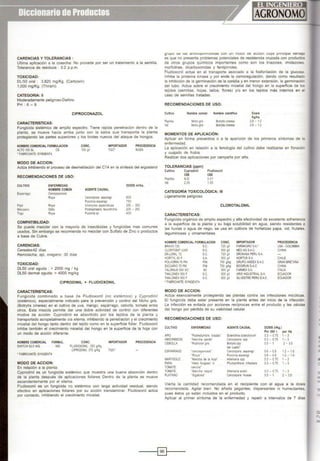CARENCIAS Y TOLERANCIAS :
Ultima aplicación a la cosecha: No procede por ser un tratamiento a la semilla.
Tolerancia de residuos : 0.2 p.p.m.
TOXICIDAD:
DU50 oral : 3,820 mg/Kg. (Carboxin)
1,000 mg/Kg. (Thirám)
CATEGORIA: 11
Moderadamente peligroso-Dañino
PH : 6- 8
CIPROCONAZOL
CARACTERISTICAS:
Fungicida sistémico de amplio espectro. Tiene rápida penetración dentro de la
planta, se mueve hacia arriba junto con la sabia que transporta la planta
protegiendo las partes superiores y los brotes nuevos del ataque de hongos.
NOMBRE COMERCIAL FORMULACION
AlTO 100 Sl CS
CONC.
100 9n
IMPORTADOR
TQC'
PROCEDENCIA
SUIZA
' FABRICANTE:SYNGENTA
MODO DE ACCION:
Actúa inhibiendo el proceso de desmetilación del C14 en la síntesis del ergosterol
RECOMENDACIONES DE USO:
CULTIVO
Esparrago
Frijol
Manzano
Trgo
ENFERMEDAD
NOMBRE COMÚN
Cercosporiosis
Roya
Roya
OidJO
Roya
COMPATIBILIDAD:
AGENTE CAUSAL
Ceroospora asparagi
Pllcciniaasparagi
Uromyces appendiCIJia
Podosphaera leuootricha
Pllccinia sp
DOSIS mi/ha.
800
750
25il - 300
200 - 250
400
Se puede mezclar con la mayoría de insecticidas y fungicidas mas comunes
usados. Sin embargo se recomienda no mezclar con Sulfato de Zinc o productos
a base de Cubre.
CARENCIAS:
Cereales42 días
Remolacha, ajo, oregano: 30 dfas
TOXICIDAD:
DL50 oral aguda : > 2000 mg 1 kg
DL50 dermal aguda: > 4000 mg/kg
CIPRODINIL + FLUDIOXONIL
CARACTERISTlCAS:
Fungicida combinado a base de Fludioxonil (no sistémico) y Cyprodinil
(sistémico), especialmente indicado para la prevención y control del Moho gris,
(Botry1is cinerea) en el cultivo de uva, mango, espárrago, cebolla, tomate entre
otros. Esta mezcla permite dar una doble actividad de control con diferentes
modos de acción: Cyprodinil es absorbido por los tejidos de la planta y
transportado acropetalmente vía xílema, inhibiendo la penetración y el crecimiento
micelial del hongo tanto dentro del tejido como en la superficie foliar. Fludioxonil
inhibe también el crecimiento micelial del hongo en la superficie de la hoja con
un modo de acción diferente.
NOMBRE COMERCIAL FORMUL. CONC. IMPORTADOR PROCEDENCIA
SWITCH 62.5 WG WG FLUDIOXONIL 250 g/Kg
CIPRODINIL 375 g/Kg TQC'
•FABRICANTE: SYNGENtA
MODO DE ACCION:
En relación a la planta:
Cyprodinil es un fungicida sistémico que muestra una buena absorción dentro
de la planta después de aplicaciones foliares Dentro de la planta se mueve
ascendentemente por el xilema.
Fludioxonil es un fungicida no sistémico con larga actividad residual, siendo
efectivo en aplicaciones foliares por su acción translaminar. Fludioxonil actúa
por contacto, inhibiéhdo el crecimiento micelial.
ijiUfJO u~ IC::I~ c:nuunu~UIIIIIUU ii::IS con un mooo oe acc1on cuya pnnc1paa vemaJa
es que no presenta problemas potenciales de resistencia cruzada con productos
de otros grupos químicos importantes como son los triazoles, imidazoles
morfolinas, dicarboximidas y fenilpirroles.
Fludioxonil actua en el transporte asociado a la fosforilación de la glucosa
Inhibe la proteína kinasa y por ende la osmoregulación, dando como resultado
la inhibición de la germinación de la conidia y en menor extensión, la germinación
del tubo. Actúa sobre el crecimiento micelial del hongo en la superficie de los
tejidos (semillas, hojas, tallos, flores) y/o en los tejidos más internos en e
caso de semillas tratadas.
RECOMENDACIONES DE USO:
Cultivo
Papñka
Vd
Nombre común Nombre científico
Moho gns Bottytis cinerea
Moho gi'S Bottytis anerea
MOMENTOS DE APLICACIÓN:
Dosis
Kg/ha
0.8 ~ 1.0
0.8 - 1.0
Aplicar en forma preventiva o a la aparición de los primeros síntomas de la
enfermedad.
La aplicación en relación a la fenologia del cultivo debe realizarse en floración
y cuajado de frutos.
Realizar dos aplicaciones por campaña por año.
TOL!:RANCIAS (ppm)
Cultivo Cyprodinil
CEE
Paprika N.O
Vid 2.00
Fludioxonil
CEE
0.01
1.00
CATEGORÍA TOXICOLÓGICA: 111
Ligeramente peligroso
CLOROTALONIL
CARACTERISTlCAS:
Fungicida orgánico de amplio espectro y alta efectividad de excelente adherencia
a la superficie de la planta y su baja solubilidad en agua, siendo resistentes a
las lluvias o agua de riego, se usa en cultivos de hortalizas papa, vid, frutales,
leguminosas y ornamentales.
NOMBRE COMERCIAL FORMULACION CONC. IMPORTADOR PROCEDENCIA
BRAV0720 S.C. 720 gil FARMAGRO S.A.' USA • COLOMBIA
CLORTOSIP LSOO S.C. 500 go1 NEOAGS.A.C. CHINA
DK-lONil 72 S.C. 720 gn DROKASA PERU S.A.
HORfYL50 F SA. 500 gn HORTUSSA CHILE
POI.VORIN75 PM P.M. 750 gll<g GRUPOAJ>lDEX S.A.C GRAN BRETAÑA
SICCARIO 75 PM P.M. 750 g,ll<g BIOGRUt>~S.A.C CHINA
TALONIL® 500 SC se 500 gn FARMEXS.A. ITALIA
THALONEX 500 F S.C. 500 gn ARIS INDUSTRIALS.A. ECUADOR
THALONEX500 F S.C. 500 gn SILVESTRE PERU S.A.C ECUADOR
' FABRICAt>ITE:SYNGENTA
MODO DE ACCION:
Actúa esencialmente protegiendo las plantas contra las infecciones micóticas.
El fungicida debe estar presente en la planta antes del inicio de la infección.
La infección es evitada por acciones reciprocas entre el producto y las células
del hongo por pérdida de su viabilidad celular.
RECOMENDACIONES DE USO:
CULTIVO ENFERMEDAD AGENTE CAUSAl DOSIS (1/Kg.)
Por 200 l. por Ha
APIO "Podredumbre rosada' Sclerotinia sclerotionum 0.3- 0.75 1- 3
ABSORBIDOS "Mancha parda' Cercospora spp 0.3 - o75 1- 3
CEBOLLA 'Pudrición gns Boltytis spp 0.5- 1 2- 3.5
del cuello"
ESPARRAGO 'cercosponosts" Cercospora asparagi 0.6- 0.8 1.2- 1.6
' Roya' PtK:ctnta asparagi 0.6 - 0.8 1.2- 1.6
MARYGOLD 'Mancha de la hota' Alternaria spp 0.3- 0.75 1- 3
PAPAl 'Hielo fungoso' 6 Phytophthora intestans 0.3 - 0.75 1- 3
TOMATE rancha·
TOMATE "Mancha negra· Alternaria solani 0.3 - 0.75 1 - 3
PLATANO "Sigatoka" Cercospora musae 0.5 - 1 2 - 3.5
Vierta la cantidad recomendada en el recipiente con el agua a la dosis
recomendada. Agitar bien. No añada pegantes, dispersantes ni humectantes,
pues éstos ya están incluidos en el producto.
Aplicar al primer síntoma de la enfermedad y repetir a intervalos de 7 días
----1~1----
=
 