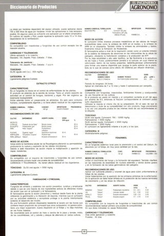 La dosis por hectárea dependerá del equipo utilizado, puede aplicarse desde
150 a 300 litros de agua por hectárea. Iniciar las aplicaciones lo más temprano
posible. En algunos casos es suficiente una aplicación por el efecto erradicativo.
En cultivos de zapallo y frijol, puede repetirse la aplicación cada 10 a 14 días,
dependiendo de la reinfestación.
COMPATIBILIDAD:
Es compatible con insecticidas y fungicidas de uso común excepto los de
reacción alcalina.
CARENCIAS Y TOLERANCIAS:
Ultima aplicación a la cosecha :
Manzano, Vid, Zapallo, Frijol, Cebada : 7 días.
Tolerancia de residuos :
Manzano, Vid, Zapallo, Frijol, Cebada : 1 p.p.m.
TOXICIDAD:
DU50 aguda oral (i.a.) : 639 mg/Kg.
CATEGORIA: 111
Ligeramente peligroso-Cuidado
EXTRACTO CITRICO
CARACTERISTICAS:
Es un fungicida no tóxico en el control de enfermedades de las plantas.
El producto es obtenido de la semilla de toronja. Tiene un amplio espectro de
actividad en el control de hongos, bacterias y algas. Por ser orgánico es
totalmente biodegradable
Actúa además como un preservante de alimentos. Es apto para consumo
humano, completamente digerible y no tiene efecto residual en los organismos.
NOMBRE COMERCIAL FORMUL CONCENT.
400 gil
IMPORTADOR PROCEDENCIA
CYTREMAX S.L.
RECOMENDACIONES DE USO:
CULTIVO
NICON PO
CITRICO$
EUCALIPTO
PAPA
ENFERMEDAD
'Pudncoón delas flores·
'Podredumbre gris'
'Hrelo fungoso•
PLATANO ·z19atoka negra'
HORTALIZAS 'Chupadera fungosa'
PAPA. ZAPALLO "Oidium"
MODO DE ACCION:
FAUSTO PIAGGIO -
AGENTE CAUSAL
Bouyjs cinerea
Botryjs cinerea
Phytophlllora
lnfestans
Staálilidium teodromae
Phythiumspp
Erysiplleciáloraceanum
DOSIS
2001.agua
60 ml.
90ml.
'lo
90ml.
90 ml.
60 ml.
60 ml.
Actua sobre la membrana celular de los fitopatógenos,alterando su permeabilidad,
produciendo la ruptura y explosión de las células microbianas.
Debido a este mecanismo de acción impide la multiplicación y aparición de
cepas resistentes.
COMPATIBILIDAD:
Es compatible con al mayoría de insecticidas y fungicidas de uso común,
recomendando primero hacer una prueba de compatibilidad.
CARENCIA Y TOLERANCIA: No tienen efecto residual en los órganismos.
TÓXICIDAD: DL/50 oral aguda: > 5000 mg/kg
CATEGORIA: 111
Ligeramente peligroso-Cuidado
FAMOXADONE + CYMOXANIL
CARACTERISTICAS:
Fungicida de contaclo y sistémico con acción preventiva, curativa y erradicante
debido a que es una mezcla de dos ingredientes activos de diferentes modos
de acción que son el cymoxanil y el famoxadone.
El famoxadone aporta la acción preventiva y residual desde fuera de la planta
inhibiendo la germinación y la liberación de esporas, mientras que el cymoxanil
por su actividad sistémica y acropétala protege a la planta interiormente
evitando el desarrollo del micelio.
Es una formulación gránulo dispersable resistente al lavado por las lluvias que
contiene mayor proporción de cymoxanil que otros compuestos, no genera polvo,
tiene una mejor suspensión, buena dispersión en el follaje y no deja manchas
en los frutos tratados.
Se recomienda para el control de hielo o rancha de la papa y tomate, mildiu
de las cucurbitáceas, vid y cebolla y ataque de alternaría en varios cultivos.
NOMBRE COMERCIAL FORMULACION CONC.
EQUATION PRO G.D. Cymoxanil 300 g/l(g
MODO DE ACCION:
Famoxadooe 225 glkg
Ad'tivos 475 g/kg
IMPORTADOR PROCEDENCIA
FARMEXSA
El cymoxanil inhibe diversos procesos metabólicos en las células de hongos
susceptibles tales como la síntesis de ADN en el núcleo, y la síntesis de
ARN en el citoplasma. También inhibe la síntesis de aminoácidos y llpidos
finalmente induce la formación de fitoalexinas.
El famoxadone actúa a nivel de la respiración celular como un potente inhibidor
de la cadena de transporte de electrones en las mitocondrias de la célula de
patógeno, afectando la fosforilación oxidativa y la producción de ATP.
Por su baja solubilidad y alto valor lipofílico, se fija fácilmente a la epicuticula
de las hojas y frutos; posteriormente penetra a la cutícula, en cuyo interior es
reformulado dentro de los lipidos presentes, redistribuyéndose uniformemente
para formar una reserva disponible que recarga la parte exterior de la planta
Esto es lo que se conoce como efecto 30 (Defensa por difusión dinámica).
RECOMENDACIONES DE USO:
CULTIVO
PAPA
ENFERMEDAD
NOMBRE COMUN
HIELO O RANCHA
Periodo de reingreso: 24 horas.
NOMBRE TECNICO
PHYTOPHTHDRA INFESTANS
DOSIS
glha Ql200 L
600 200
Aplicar en intervalos de 7 a 1O días y hasta 3 aplicaciones por campaña.
COMPATIBILIDAD:
Compatible con fungicidas, insecticidas, fertilitantes foliares y coadyuvantes
de uso frecuente en los cultivos.
Si el producto es usado en mezcla y el compañero aumenta el pH del agua
por encima de 8.5, entonces la fracción correspondiente al cimoxanil puede
sufrir degradación.
Utilícese la mezcla el mismo día de su preparación. En el caso de que se
desconozca o dude de su compatibilidad con otro producto, haga previamente
a su uso una pequeña prueba en las mismas dosis de uso recomendadas er
la etiqueta.
TOXICIDAD:
DL50 oral aguda: Cymoxanil: 760 · 12000 mg/kg
Famoxadona: > 5000 mg/kg
DL50 dermal aguda: Cymoxanil: > 2000 mg/kg
Famoxadona: > 2000 mg/kg
El cymoxanil es ligeramente irritante a la piel y a los ojos.
CATEGORIA: 111
Moderadamente peligroso
CARACTERISTICAS:
FENARIMOL
Es un fungicida sistémico local para la prevención y el control del Oidium. Es
absorbido por el follaje, en muy poca cantidad por la raíz.
NOMBRE COMERCIAL FORMULACION
RUBIGAN® 12 CE C.E.
MODO DE ACCION:
CONC.
1ZO gil
IMPORTADOR
FARMEXSA
PROCEDENCIA
COLOMBIA-USA
Inhibe el crecimiento del hongo y la formación del ergosterol. También interfiere
en las reacciones de biosintesis de núcleos esteroles y ciertos ácidos grasos
y en la formación de los tubos germinativos del patógeno.
RECOMENDACIONES DE USO:
Aplicar con suficiente presión y volumen de agua para cubrir uniformemente el
follaje de las plantas.
Iniciar tratamientos con la aparición de los primeros síntomas de la enfermedad.
En la aplicación se debe hacer énfasis en la protección de los nuevos terminales
de crecimiento y en las áreas de infección.
CULTIVO ENFERMEDAD AGENTE CAUSAL DOSIS
mi/ha %
MANZANO 'O.dium' Podosphaera leucotricha 0.5 • 0.6 1. 0.05
VID 'Oidium" Uncinula necator 0.2 . 0.32 0.02
ZAPALLO 'Oidium" Erys·phe cichorooearum 0.25- 0.4 0.05
FRIJOL 'Oidium' Erysip!lepolygoni O.t .ot6 0.02
COMPATIBILIDAD:
Es compatible con la mayoria de fungicidas e insecticidas de uso común
recomendándose realizar primero una prueba de compatibilidad.
En sus dosis indicadas no causa fitotoxicidad.
CARENCIAS Y TOLERANCIAS:
Oías entre aplicación y cosecha:
Frutales : 30 días
----i~f----
 