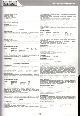 ='101 y Cucurbitaceas: 07 dias
-o4erancia de residuos:
tlnzano: 0.01 p.p.m.
.:.Xurbitaceos : 0.10 p.p.m.
'd : 0.20 p.p.m.
-oXICIDAD:
~J50 oral aguda : 2.800 mg/Kg.
::ATEGORIA: 111
...geramente peligroso-Cuidado
=-;: 7
::ARACTERISTICAS:
FENHEXAMID
:oderno fungicida del grupo de las hydroxianilidas que muestra excelentes
::...afidades contra Botrytis cinerea, no daña insectos benéficos.
<MBRE COMERCIAL FORMULACION
:..i)()R 50 PM FM
IIODO DE ACCION:
=-l19icida de acción preventiva.
CONC.
500 gilg
IMPORTADOR
6AYER S.A.
PROCEDENCIA
COLOMBIA
::S un inhibidor del crecimiento del tubo germinativo, previene la penetración
:e hongo en los tejodos de las plantas ocasionando finalmente la muerte del
-ongo.
=.?COMENDACIONES DE USO:
::....nvos ENFERMEDADES
NOMBRE COMUN
Bolrytis
DICACIONES DE USO:
DOSIS
AGENTE CAUSAL
Botrytis anerea 1.2 - 1.5
PC
(días)
LMR
(ppm)
=~ aplica en espolvoreo en mezcla con azufre en polvo (25kg/ha). Es
:comendable preparar previamente una mezcla uniforme.
::oMPATIBILIDAD:
~ puede aplicar en mezcla con los principales plaguicidas. Tiene buena
:ccompatibilidad en el cultivo recomendado. siguiendo las instrucciones de uso.
FENHEXAMID + TEBUCONAZOLE
::ARACTERISTICAS:
=.<JQicida para el control prebentivo, curativo y de largo efecto residual contra
~is en los cultivos de Tomate y Vid. No daña efectos benéficos.
..:.SRECOMERCIAL FORMULACION
::..ooR COMBI 416,7 SC s::
!IODO DE ACCION:
CONC.
66.7 gA+ 350 gil
IMPORTADOR
6AYERS.A
PROCEDENCIA
COI.OMBIA
=3thexamid inhibe el crecimiento del tubo germinativo, previniendo la penetración
:¡; hongo en los tejidos de las plantas. Tebuconazole inhibe la síntesis del
~sterol.
~COMENDACIONES DE USO:
::..nvos ENFERMEDADES
NOMBRE COMUN
Botrytis
Botrytis
DICACIONES DE USO:
AGENTE CAUSAL
Botrytis anerea
Botrytis c;ínerea
DOSIS
MI/ Cil
500
160
- llficar preventivamente a partir de la floración y cuajado de frutos.
5e puede aplicar en mezcla con los principales plaguicidas y abonos foliares
:xcepto los de reacción alcalina. Se recomienda realizar pruebas de
=npatibilidad antes de las aplicaciones.
-ene buena compatibilidad con el cultivo recomendado.
:OMPATIBILIDAD:
Se puede aplicar en mezcla con los principales plaguicidas. Tiene buena
~mpatibilidad en el cultivo recomendado, siguiendo las instrucciones de uso.
FERBAM
::ARACTERISTICAS:
::S un fungicida del grupo de los bisditiocarbamatos, que se presenta como
:olvo mojable.
- =erbam actúa por contacto, de amplio espectro.
- Es especialmente indicado para arboles frutales, forestales y plantas
:l'llamentales.
1 1 ' 1 1 :- ' 1 1 1
- Controla eficazmente hongos que atacan a las hojas y sobre todo a los que
infectan tallos y ramas.
- Puede aplicarse tanto en pulverizaciones al follaje como en forma de pintura
para tallos y ramas.
- Es de acción suave, no causa quemaduras ni caídas de órganos.
- No representa peligro alguno para los aplicadores ciñendose a nuestras
recomendaciones.
NOMBRECOMERCIAL FORMULACION CONC.
76%
IMPORTADOR PROCEDENCIA
BASFERBAM· WDG 76% WG BASF PERUANA BELG!CA
MODO DE ACCION:
Actúa externamente bloqueando los metales necesarios para el desarrollo del
hongo.
RECOMENDACIONES:
CULTIVO
MANZANO
PALTO
MANGO
ENFERMEDAD
•p, neyro·
"Antracnos•s·
'Anllacnosis'
AGENTECAUSAL
Phy;alospora obtusa
Physalospora perseae
CoUe1otncum gloesporioldes
DOSIS
Por 200 l.
351).500 g.
250-350 g.
500g
Por ha.
0.8·1 Kg.
0.8-1 Kg.
- Para dar protección contra la infección fungosa después de las podas, en
heridas de tallos.
• Se prepara una pasta liquida diluyendo 1 Kg. De FERBAM en 4 l. de agua.
Esta preparación se aplica mediante una brocha.
- Aplicarlo en forma preventiva ó al inicio de una infección.
COMPATIBILIDAD:
FERBAM es compatible con la mayoría de los insecticidas, fungicidas y
nutrientes foliares.
No deberá mezclarse con productos de reacción alcalina.
CARENCIAS Y TOLERANCIAS:
De la última aplicación a la cosecha debe mediar 8 dias.
Tolerancia de residuos : 0.2 p.p.m.
TOXICIDAD:
DU50 aguda oral (i.a.) : > 4,000 mg/Kg.
CATEGORIA: 111
Ligeramente peligroso-Cuidado
FLUSILAZOL
CARACTERISTICAS:
Fungicida Triazol sistémico con actividad fungicida preventiva y curativa..
Penetra en la planta rápidamente después de la aplicación y se rastoca por el
xílema: lluvias acaecidas a las 3 horas de la aplicación no disminuyen la eficacia
del tratamiento. No hay acumulación del producto en los meristemos apicales.
Posee acción translaminar. Impide la implantación de los patógenos durante
los 6-8 dias siguientes al tratamiento: destruye el micelio del hongo durante la
fase de implantación, desde que se produce la infección hasta antes de que
aparezcan los primeros síntomas de la enfermedad, y si ya se ha establecido
el patógeno, impide su esporulación.
NOMBRECOMERCIAL FORMULACIOtl CONCENTRACION
PUNCH C.E. 400 gA
MODO DE ACCION:
IMPORTADOR
FARMEXSA
PROCEDENCIA
Pertenece a la familia de fungicidas DMI que impiden la biosfntesis del ergosterol
inhibiendo la C-14 desmetílación. Penetra en la planta rápidamente después de
la aplicación y se rastoca por el xilema: lluvias acaecidas a las 3 horas de la
aplicación no disminuyen la eficacia del tratamiento.
RECOMENDACIONES DE USO:
CULTIVO
Banano
Maní
ENFERMEDAD
NOMBRECOMÚN
Stgatoca amafilla
VIIUela
NOMBRE TECNICO
Myoosphaerella musioola
Cercospora sp.
·Para uso en banano de consumo local yno de exportaeión.
Esle producto no cuenta ooo toleranaas EPA.
COMPATIBILIDAD
DOSIS
250
150
Es compatible con la mayoría de agroquimicos de uso comercial. En caso de
desconocerse la compatibilidad con otros plaguicidas, haga una prueba de mezcla
a escala pequeña con las mismas proporciones de campo para observar el
comportamiento de la mezcla.
CARENCIAS Y TOLERANCIAS:
CULTIVO
Banano
Manl
NO =No disponible.
PERIODO DE CARENCIA
(dias)1 LIMITEMAXtMO DE RESIDUOS (ppm)
Sin restricco6o N.O.
30 N.O
---1~1---
 