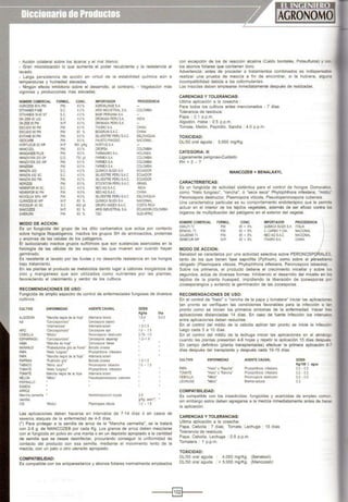 - Acción colateral sobre los ácaros y el mal blanco.
- Gran micronización lo que aumenta el poder recubriente y la resistencia al
lavado.
- larga persistencia de acción en virtud de la estabilidad química aún a
temperaturas y humedad elevadas.
- Ningún efecto inhibitorio sobre el desarrollo, al contrario, - Vegetación más
vigorosa y producciones mas elevadas.
NOMBRE COMERCIAL FORMUL. CONC. IMPORTADOR PROCEDENCIA
AGROZEB 80% PM P.M. 80% AGROI<LINGE S.A.
DITHANE®F-MB S.C. 43% ARIS INDUSTRIAL S.A. COLOMBIA
DITHANE® M-45 NT s.c. 43% BASF PERUANAS.A.
OK-ZES 40 LIO s.c. 40% DROKASA PERU S.A. INDIA
OK·ZEB80 PM W.P. 80% DROKASA PERU S.A.
ESCU0080PM P.M. 80% ITAGROSA. CHINA
ESCU0080 PM P.M. 80% BIOGRUMSAC CHINA
EVITANE 80 PM P.M. 80% SILVESTRE PERU S.A.C. ESLOVAQUIA
GEOCARB P.M. 80% FAUSTO PIAGGIO NACIONAL
HOR'ruZUB 80 WP W.P. 800 g!Kg HORTUS S.A.
MANCOZIL PM. 80% CROPSA COLOMBIA
MANGANEB PLUS P.M. 80% FARMAGRO S.A. HOLANDA
MANZATE® 200 OF G.D 750 g¡1 FARMEXSA. COLOMBIA
MANZATE®200 WP P.M. 80% FARMEXSA. COLOMBIA
MANZEB® P.M. 80% FARMEX S.A. COLOMBIA
MANZIN 430 s.c. 43% QUiMICA SUIZA S.A. ECUADOR
MANZIN 430 SC s.c. 43% SILVESTRE PERU S.A.C ECUADOR
MANZIN 800 PM P.M. 80% SILVESTRE PERUS.A.C. ECUADOR
MORIZEB P.M. 80% STOCKTON PERUS.A.C. ISRAEL
NEMISPOR 45 SC s.c. 45% NEO AG S.A.C. INDIA
NEMISPOR 80 PM P.M. 80% NEOAGS.A.C. CHINA
NOVOLUX 80% WP P.M. 80% SILVESTRE PERUS.A.C. ESLOVAQUIA
QUIMIZEB 80 WP W.P. 80% OUiMICASUIZASA NACIONAL
RDOOUR40 SC s.c 400 gil GRUPO ANDEX S.A.C. COSTA RICA
SANCOZEB W.P. 80 % ARISINDUSTRIAL S.A. ECUADOR.COLOMBIA
5-KEKURA P.M. 80% TOC SUD-AFRIC
MODO DE ACCION:
Es un fungicida del grupo de los ditio carbamatos que actúa por contacto
sobre hongos fitopatógenos. Inactiva los grupos SH de aminoacidos, proteínas
y enzimas de las celulas de los patógenos.
El isotiocianato inactiva grupos sulfídricos que son sustancias esenciales en la
fisiologia de las células de las esporas, las que mueren aún cuando hayan
germinado.
Es resistente al lavado por las lluvias y no desarrolla resistencia en los hongos
bajo tratamiento.
En las plantas el producto se metaboliza dando lugar a cationes inorgánicos de
zinc y manganeso que son utilizados como nutrientes por las plantas,
favoreciendo el crecimiento y verdor de los cultivos.
RECOMENDACIONES DE USO:
Fungicida de amplio espectro de control de enfermedades fungosas de diversos
cultivos.
CULTIVO
ALGOOON
AJI
APIO
CEBOLLA
ESPARRAGO
HABA
NARANJO
PAPA
PAPA
PAPRIKA
TABACO
TOMATE
TOMATE
MELON
PEPINILLO
SANDIA
ARROZ
Mancha carme'ita
(semilla)
ENFERMEDAD
'Mancha negra de la ho¡a'
'Cercosporiosis'
'Aiternariosis'
'Cercosporiosis'
'Mildiu'
·cercosporiosis"
'Mancha de hoja'
'Podredumble gris de flores'
'Hielo fungoso'
'Mancha negra de la hoja'
'Purlncioo gris'
'Moho azul'
'Hielo fungoso'
Mancha negra de la hoja
'Mildiu'
VID 'Mildiu'
AGENTE CAUSAL
Altemana tenu s
Cercospora capsici
Altemaria solani
Cercospora api1
Peronospora destructor
Cercospora asparagi
Cercospora fabae
Botrytis cinerea
Phytophthora infestans
Altemana solani
Botrytis cinerea
Peronospora tabacina
Phytophthora infestans
Altemana solani
Pseudoperonospora cub<lnsis
Helmintosporiumoryzae
Plasmopara vrticola
DOSIS
Kglha
1.5-2
1.0-1.5
1.0- 1.5
0.75- 1.0
1.2-1.6
1.0-1.5
1.0 - 1.5
2·5
g/Kg. sem(')
1.0 - 1.5
1/ha
3-3.5
las aplicaciones deben hacerse en interválos de 7-14 días ó en casos de
severos ataques de la enfermedad de 4-5 días.
(•) Para proteger a la semilla de arroz de la "Mancha carmelita", se le tratará
con 2-5 g. de MANCOZEB por cada Kg. los granos de arroz deben mezclarse
con el fungicida en polvo en una manta o en un depósito apropiado a la cantidad
de semilla que se desee desinfectar, procurando conseguir la uniformidad de
contacto del producto con esa semilla, mediante el movimiento lento de la
mezcla, con un palo u otro utensilio apropiado.
COMPATIBILIDAD:
Es compatible con los antiparasitarios y abonos foliares normalmente empleados
con excepción de los de reacción alcalina (Caldo bordelés, Polisulfuros) y r::::r
los abonos foliares que contienen boro.
Advertencia: antes de proceder a tratamientos combinados es indispensablE
realizar una prueba de mezcla a fin de encontrar, si la hubiera, alguna
incompatibilidad debida a los coformulantes.
Las mezclas deben emplearse inmediatamente después de realizadas.
CARENCIAS Y TOLERANCIAS:
Ultima aplicación a la cosecha :
Para todos los cultivos antes mencionados : 7 días
Tolerancia de residuos:
Papa : 0.1 p.p.m.
Algodón, Haba : 0.5 p.p.m.
Tomate. Melón, Pepinillo, Sandía : 4.0 p.p.m.
TOXICIDAD:
DL/50 oral aguda : 5,000 mg/Kg.
CATEGORIA: 111
Ligeramente peligroso-Cuidado
PH =5-7
MANCOZEB + BENALAXYL
CARACTERISnCAS:
Es un fungicida de actividad sistémica para el control de hongos Oomycetos
como "hielo fungoso", "rancha", ó "seca seca" Phytophthora infestans, "mildiú"
Peronospora destructor, Plasmopora vitícola, Pseudoperonospora cubensís.
Una característica particular es su comportamiento endoterápico que le permite
actuar en el interior de los tejidos vegetales, además de ser eficaz contra los
órganos de multiplicación del patógeno en el exterior del vegetal.
NOMBRE COMERCIAL
AMALFI73
BENAXIL73
GALBEN®73
SENECURWP
FORMUL.
P.M.
P.M.
P.M.
WP.
MODO DE ACCION:
CONC.
65 + 8%
65 + 8%
65 + 8%
65 + 8%
IMPORTADOR
OUiMICA SUIZA S.A.
C. GARBO YCIA.
NEOAGSAC.
ITAGROSA.
PROCEDENCIA
ITALIA
NACIONAL
NACIONAL
CHINA
JBenalaxil se caracteriza por una actividad selectiva sobre PERONOSP9RAlES
tanto de los que tienen fase saprófita (Pythium), como sobre el _¡{arasitismc:
obligado (Piasmopara vitícola, Phytophthora infestans, Peronospora tabacina).
Sobre los primeros, el producto detiene el crecimiento miceliar y sobre los
segundos, actúa de diversas formas: Inhibiendo el desarrollo del micelio en los
tejidos de la planta huesped, impidiendo la liberación de zooesporas por
zooesporangios y evitando la germinación de las zooesporas.
RECOMENDACIONES DE USO:
En el control de "hielo" o "rancha de la papa y tomatera" iniciar las aplicacione!!
tan pronto se verifiquen las condiciones favorables para la infección o la-
pronto como se inicien los primeros síntomas de la enfermedad. Hacer tre!!
aplicaciones distanciadas 14 días. En caso de fuerte infección los intervalos
entre aplicaciones deben reducirse.
En el control del míldiú de la cebolla aplicar tan pronto se inicie la ínfecciór
luego cada 5 a 10 dias.
En el control del mildiú de la lechuga iniciar las aplicaciones en el almácigc
cuando las plantas presentan 4-6 hojas y repetir la aplicación 15 días después
En campo definitivo (planta transplantadas) efectuar la primera aplicación 6--
dias después del transplante y después cada 10-15 días.
CULTIVO
PAPA
TOMATE
CEBOLLA
LECHUGA
ENFERMEDAD
'Hielo' o 'Rancha'
'Hielo' o 'Rancha'
'Mildiú'
'Mildiú'
COMPATIBILIDAD:
AGENTE CAUSAL
Phytophthora infestans
Phytophthora infestans
Peronospora destructor
Bremia lactuca
DOSIS
Kg/100 l. agua
0.2. 0.3
0.2. 0.3
0.2 . 0.3
0.2
Es compatible con los insecticidas, fungicidas y acaricidas de empleo común
sin embargo estos deben agregarse a la mezcla inmediatamente antes de hace-
la aplicación.
CARENCIAS Y TOLERANCIAS:
Ultima aplicación a la cosecha:
Papa, Cebolla : 7 días; Tomate, Lechuga : 15 días.
Tolerancia de residuos:
Papa, Cebolla, Lechuga : 0.5 p.p.m.
Tomatera : 1 p.p.m.
TOXICIDAD:
DL/50 oral aguda 4,050 mg/Kg. (Benalaxil)
DL/50 oral aguda : > 5,000 mg/Kg. (Mancozeb)
-----i§Jt----
 