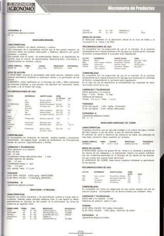 :ATEGORIA: 111
..geramente peligroso-CUidado
=- 6
MANCOZEB+BENOMIL
:AAACTERISTICAS:
=...:ngicída sistémico con efecto protectivo y curativo
=stá compuesto de 2 ingredientes activos que le dan amplio espectro de
::ntrol,por efecto de contacto (Mancozeb) y sistémico (Benomil) con acción
-eventiva y curativa.
=sa indicado para el control de enfermedades foliares y en desinfección de
~-nillas para el control de Ascomycetos, Basidiomycetos, Oomycetos y
:a~teromycetos en diversos cultivos.
BRE COMERCIAL FORMUL.
CJ.WS PM P.M
111000 DE ACCIÓN:
CONCEN.
640g +150g
IMPORTADOR
HORTUSSA
PROCEDENCIA
CHILE
=. MANCOZEB. provoca la acumulación delñ ácido piruvico, actuando sobre
;;emas enzimáticos inhibiendo la respiración celular y la germinación de las
<S:JOras
: 3ENOMYL. actúa interliriendo en la biosinteis del ADN y ARN. inactivando
m funciones proteicas, lo que provoca una distorsión del crecimiento celular
micelio y de la div1sión del hongo.
:C:-<:OMENDACIONES DE USO:
.......ilVO ENFERMEDAD AGENTE CAUSAL DOSIS
Gl 2oot.agua o/oo
-:;o roya l'llcx:ol.a~.... 600-1!00 3-4
Old•um Ensophe gram..,..
!Ul!TACEAS Old•un Eos•ohe ochc>-acearu"' 600-1!00 3-4
Fe 'Ma~ Ce<tospera apo 800-1000 4-5
de la Hoja'
~1
OtdtUm o.cf.um rrang1
erae 1!00-1000 4-5
roya Heml..avestiln 800-1000 4-5
Manchas Ceowspen coffe cáa 800-1000 4-5
'Podredumbre SderotJum ceptVONm 1000
-ca'
rtiZ«ton as1s Rluzoton<a solan1 1000 5
. :;oo()N Chupadera Rhtzoton1a solani 250-300 1.25-1 .5
_;:$a
~ Podredumbre BoiiyU c1rerea 800-1000 4-5
de FlOres yvamas
:oMPATIBILIDAD:
=s 1ncompatíble con productos de reacción alcalina aceites y emulsiones
':llcentradas. Se sugiere hacer pruebas de combinacion con formulaciones
::1.11das de cúpricos. organofosforados y dinitros.
:ARENCIAS Y TOLERANCIAS:
_· ma aplicación a la cosecha:
-"Qo: 26 días
-=10 :14 días
:..CUbitaceas,mango.café,cebolla.Haba: 5 días
_,.,1tes máximos de residuos:
:afe : 3,0 ppm
:..CUbitaceas.mango· 2 ppm
-"90 : 0,5 ppm.
-:lOO, cebolla, haba O.1 p pm
-oXJCIDAD:
:_.so ORAL AGUDA: 5,000 mg/kg (MANCOZEB)
:_so ORAL AGUDA" > 10,000mg/kg (8ENOMIL)
:ATEGORIA: 111
...geramente peligroso-Cuidado
MANCOZEB + CYMOXANIL
:ARACTERISTICAS:
=.-ngicida con acción preventiva y de post-infección cuando el hongo está en
"'CUbación. Además posee actividad sistémica local, lo cual mejora su efecto
:specialmente en periodos de alta presión de la enfermedad. Su forma de
:<npleo es en aspersión foliar.
IOMBRE COMER. FORMUL. CONC. IMPORTADOR PROCEDENCIA
-IACK PM. 64 . 08% QUIMICA SUIZA SA. NACIONAL
.~RATHAN~ W.P 64 . 08% ARISINDUSTRIAL SA. COLOMBIA
:URTINEV PM. 64 . 08% SILVESTRE PERUS.A.C JOROANA
::!'IZATE® M-Il P.M. 64 - 08% FARMEXSA
:<-ZATE WP 64 - 08% DROKASA PERU SA. COLOMBIA
DUCYMOX
MOXANMZ'M'
PM
WP
MODO DE ACCION:
<ARMAGRQ SA.
'iORTUS SA. CHilE
El Mancozeb interliere en la respiración celular en el ciclo de Krebs y el
Cymoxaníl en la aiosa s de RNA
RECOMENDACIONES DE USO:
Es compatible con los plagUicidas de uso en el mercado. Si el producto
acompañante de la mezcla aumenta el Ph del agua por encima de 8.5, entonces
la fracción correspondiente al cymoxanil sufre degradación.
CULTIVO
CEBOLLA
P/'f'A
PAPRIKA
TOMATE
ENFERMEDAD
.,.~ld1u"
'Helo Fungoso o Ranella'
'Ailernanosls'
'Helo Fungoso·
"Ttzón temprano·
COMPATIBILIDAD:
AGENTE CAUSAL
Peronospora destructor
Phytophlhora infestans
Alemana añosa
Phytopntora 1nfeslans
Alternaría añosa
DOSIS
500g 1200 1 agua
500 g/200 l.
400-500 g/200 l.
500 g/200 l.
Es compatible con los plaguicídas de uso en el mercado. Si el producto
acompallante de la mezcla aumenta el PH del agua por encima de 8.5, entonces
la fracción correspondiente al cymoxanil sufre degradación.
En el caso de que se desconozca la compatibilidad hay necesidad de hacer
una prueba prevía de su uso.
CARENCIAS Y TOLERANCIAS:
Ultima aplicación a la cosecha.
Papa : 7 dlas: Tomate 15 dlas.
Tolerancia de residuos·
Tomate . 0.5 p p m . Papa 1 p.p.m.
TOXICIDAD:
DU50 oral aguda
DU50 oral aguda
CATEGORIA: 111
1,930 mg/Kg. (Cymoxaníl)
5,000 mg/Kg (Mancozeb)
Ligeramente peligroso-Cuidado
PH : 3 - 7
MANCOZEB+HIDROXIDO DE COBRE
CARACTERIST1CAS:
Fungicida preventivo que se usa para proteger a los cultivos de papa y tomate
del hielo fungoso, al ajo del mildiu, al apio de manchas foliares.
El hidróxido de cobre a drferencia del oxiclonuro de cobre, sus partículas es
mas larga, cubriendo mayor supeñicie por contacto.
NOMBRE COMERCIAL FORMU. CONCENT.
QUIMIZEB CU PM 38.4% • 40,0%
MODO DE ACCIÓN:
IMPORTADOR
QUIMICASUIZAS.A.
PROCEDENCIA
NACIONAL
El MANCOZEB inactiva los grupos SH de añosa s is, proteínas y enzimas de
las células de los patógenos y el isotiocianato inactiva los grupos sulfuricos
que son sustanc1as esenciales en la fisiología de las células de las esporas,
los que mueren aún cuando hayan germinado.
El HIDROXIDO DE COBRE, tiene acción fungistica inhibiendo la germinación
de las esporas.
RECOMENDACIONES DE USO:
CULTIVO ENFERMEDAD AGENTECAUSAL DOSIS
g/2001. Kglha
PIPA 'heiO o ranella· Pllytophtllofa n'estans 500 1-2
AX1 'mtldu' Pe1000spora destructor 500 1-2
N'K) ·cereospora· Ce·cospora apo 500 1·2
·alternarla· Altemana sp 500 1-2
COMPATIBIL.IDAD:
Es compatible con todos los plaguicrdas de uso común excepto con los de
reacción alcalina. Incompatible con los abonos foliares que contienen Boro.
CARENCIAS Y TOLERANCIAS:
Ultima café a la cosecha : 8 dias
Tolerancia de residuos : papa O, 1 ppm
TOXIDAD:
DU50 ORAL AGUDA: 500 mg/kg (mancozeb)
DU50 ORAL AGUDA: 1000 mg/kg (Hidroxido de cobre)
CATEGORIA: 111
ligeramente peligroso-Cuidado
----I§Jt----
 