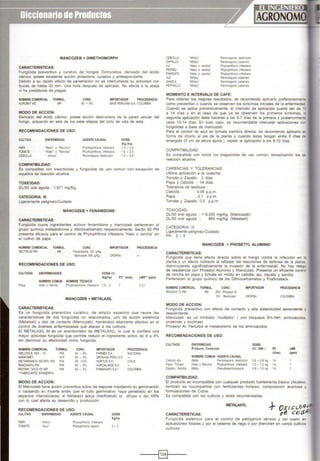 MANCOZEB + DIMETHOMORPH
CARACTERJSTICAS:
Fungicida preventivo y curativo de hongos Oomycetos, derivado del ácido
ciémco. posee excelente aoo6n protectora. curativa y antiesporulante.
Debido a su répido efecto de penetración no es Interrumpida su actividad con
lluvias de hasta 30 mm Una hora después de aplicado. No electa a la abeja
ni ha predatores de plagas
NOMBRE COMERCIAL FORMUL. CONC.
60 • 9...
IMPORTADOR PROCEDENCIA
ACROBATMZ ~ BASFPERUANASA COLOMBIA
MODO DE ACCION:
Derivado del !leido ciánico, posee acción destructora de la pared celular del
hongo. actuando en seis de los siete etapas del ciclo de vida de este.
RECOMENDACIONES DE USO:
CULTIVO
PAPA
TOMATE
CEBOLLA
ENFERMEDAD
'Helo' o 'Rancha'
'Helo' 6 'Rancha'
• anosa•
COMPATIBILIDAD:
AGENTE CAUSAL
Phythophthora infestans
Phythophthora infestans
Peronospo<a destructO<
DOSIS
(Kg./ha)
15 - 2.5
1.5 - 2.5
1.5 - 2.5
Es compatible con insecticidas y fungicidas de uso común con excepción de
aquellos de reacCión alcalina.
TOXICIDAD:
DUSO oral aguda : 1,971 mg/Kg
CATEGORIA: 111
Ligeramente peligroso-Cuidado
MANCOZEB + FENAMIDONE
CARACTERJSTICAS:
Fungicida cuyos 1ngred1entes activos fenamidone y mancozeb pertenecen al
grupo químico imldazolinona y d1tiod1carbamato respectivamente. Sectin 60 PM
presenta eficacia para el control de Phytophthora infestans "hielo o rancha" en
el cultivo de papa
NOMBRE COMERCIAL FORMUL. CONC. IMPORTADOR PROCEDENCIA
SECTIN 60 PM ~ Fenamldone 100 !)!Kg
Manoozeb 500 giKg
RECOMENDACIONES DE USO:
CULTIVOS ENFERMEDADES
CROPSA
DOSIS (1)
NOMBRE COMÚN NOMBRE TÉCNICO
(Kg/ha) pe· (dias) LMR" (ppm)
Papa Helo o rancha Phytotophthora infestans 1.5 . 2 0.01
MANCOZEB + METALAXIL
CARACTERJSTICAS:
Es un fung1cida preventivo curativo. de amplio espectro que reune las
características de dos fung1c1das no relacionados, uno de acción sistémica
{Metalaxil) y otro de contacto {Mancozeb). haCiéndolo altamente efectivo en el
control de diversas enfermedades que atacan a los cultivos.
El METALAXIL M es un enantiometro de METALAXIL. lo cual le confiere una
mayor activ1dad fung1cida que permite reducir el ingrediente activo de 8 a 4%
sin disminuir su efectividad como fungicida.
NOMBRE COMERCIAL
HIELOXJL® MIX - 72
PIAN<Ot.ET
WETARAANCH MZ·S.S"' WO
RANCHAPAJ P4
RIOOM L GOLO 68 WP
• FABRICANTE· SYNGENTA
MODO DE ACCION:
FORMUL
PM
WP
PM
PM
PM
CONC.
64- 8"'
64- 8"'
48 ·10"'
64 - 8%
64 - ....
IMPORTADOR
FARMEXSA
DROKASA PERU SA
HORTUSSA
AGROKL.NGESA
FARMAGROSA'
PROCEDENCIA
NACIONAL
CHILE
COLOYBIA
El Mancozeb llene acción preventiva sobre las esporas impidiendo su germinación
o causando su muerte antes que el tubo germinativo haya penetrado en los
espacios intercelulares; el Metalaxil actúa interfiriendo la añosa s del ARN
con lo cual afecta su desarrollo y producción.
RECOMENDACIONES DE USO:
CULTIVO
PPPA
TOMATE
ENFERMEDAD
"H1elo"
"Azul'
AGENTE CAUSAL
Phytoph1hora infestans
PhytophthO<a caps~1
DOSIS
Kg/ha
2-3
CEBOLLA
ZAPALlO
....
PEPINO
PIME'fl'O
A.X)
SANDIA
PEPINILLO
·Mddu'
"M.Idu"
"HO!Io o ranctla"
"Hoeto o rancha"
"Hoelo o rancha"
"Midu'
"M11dU'
·Miel1u·
Perooospora destruelor
Pemnospora CUbe'ISIS
~tnfestaos
Phytopltlhor.! onfestans
Phytopllhora onfestans
Pemnospora cubensiS
Pemnospora cu~s:s
Peronospora C<Jbenss
MOMENTO E INTERVALO DE CAFÉ:
Para obtener los mejores resultados, se recomienda aplicarlo preferentemen'·
como preventivo o cuando se observen los síntomas iniciales de la enfermedac
Cuando se aplica preventivamente, el intervalo de aplicación puede ser de '·
a 14 dfas y en el caso de que ya se observen los primeros síntomas,
segunda aplicación debe hacerse a los 5·7 dlas de la primera y posteriormenll
cada 10·14 dfas. En todo caso, es recomendable intercalar aplicaciones cor
fungicidas a base de mancozeb.
Para el control de azul en tomate siembra directa, se recomienda aplicarlo e-
forma de chorro al píe de la planta y cuando éstas tengan entre 6 dfas d.
emergida (5 cm de altura apróx.). repetir la aplicación a los 8-10 días.
COMPATIBILIDAD:
Es compatible con todos los plaguicidas de uso común, exceptuando los o.
reacc1ón alcalina.
CARENCIAS Y TOLERANCIAS:
Ultima aplicaCión a la cosecha:
Tomate y Zapallo: 3 dfas
Papa y Cebolla 14 días.
Tolerancia de residuos :
Cebolla 0.05 p.p.m
Papa O1 p.p m.
Tomate y Zapallo: 0.5 p p.m.
TOXICIDAD:
DU50 oral aguda
DU50 oral aguda
CATEGORIA: 111
> 8,000 mg/Kg. (Mancozeb)
669 mg/Kg. {Metalaxil)
Ligeramente peligroso-Cuidado
PH : 5-6
MANCOZEB + PHOSETYL ALUMINIO
CARACTERISTICAS:
Fungicida que tiene efecto directo sobre el hongo contra la infección en ,¡
planta y un efecto indirecto al reforzar las reacciones de defensa de la planta
disminuyendo significativamente la invasión de la enfermedad. No hay riesgo
de resistencia con Phosetyl Aluminio y Mancozeb. Presenta un eficiente centro
de rancha en papa y tomate en mildiu en cebolla, ajo. zapallo y sandía.
PMenecen al grupo qufmicc de los Dithiocarbamatos y Fosfonataos.
NOMBRE COMERCIAL FORMUL. COHC.
RHOOAX 72 PM I'M 35% Phosetyl Al
5% Mancozeb
MODO DE ACCION:
IMPORTADOR PROCEDENCIA
CROPSA COLOMBIA
Fungidda preventivo con efecto de contacto y alta sistemicidad ascendente )
descendente
Mancozeb· es un ính1bidor "multisitio" ( con bloqueos SH-/NH: aminoácidos
proteínas y enztmas)
PhoSétyl Al: Perturba el metabolismo de los aminoácidos.
RECOMENDACIONES DE USO:
CULTIVOS
Cebol:a. AtJ
Papa Torr.ate
ZapallO. Sandla
ENFERMEDAD
ProduC1o Comercial
HOMBRE COMUN AGENTE CAUSAL
M.Jd<~ PeronosPQ<a destructO<
H-elo o Ra!I<:N Pnytophlhora mfestans
Mld'J Pseudoperonospo<a
COMPATIBILIDAD:
DOSIS
Cil. /200 l.
0.6 - 0S.g
1.0 - 12kg
0.8 - 10 kg
PC
(días)
14
14
14
LMR
(ppm)
El producto es incompatible con cualquier producto fuertemente básico (Alcalino
también es incompatible con fertilizantes foliares. composición aceitosa y
formulaciones de Cobre.
Es compatible con los cultivos y dosis recomendadas.
METALAXYL
CARACTERISTICAS:
Fung1cida sistémico para el control de patógenos aéreos y del suelo en
aplicaciones follares y por el sistema de riego o por drenchen en varios cultivos
cultivos.
----t§Jt----
 