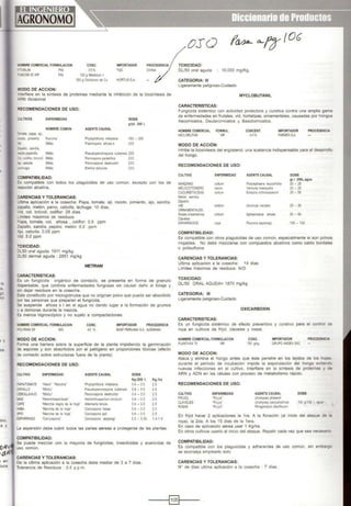 os
lino
a Y
> en
:ivos
..OMBRE COMERCIAL FORMULACION
~"TOKUN P.M.
=:.JNCOB 50 WP P.M.
MODO DE ACCION:
CONC.
35%
150 g Metalaxyl +
350 gOxicloruro óe Cu
IMPORTADOR
TQC
HORT1JS S.A.
1!erfiere en la síntesis de proteínas mediante la inhibición de la biosíntesis de
.RN ribosomal
~ECOMENDACIONES DE USO:
:ULTIVOS ENFERMEDAD
NOMBRE COMUN
·oma:e, papa, ají.
'llOO!O, pimrento Rancha
" Mildiu
:apat:o, sandfa
-elon,pepinillo Mildiu
A, coliflor, brocoli Mildiu
'IJ, cebolla Mildiu
-echuga Mildiu
COMPATIBILIDAD:
AGENTE CAUSAL
Phytophthora infestans
Ptasmopara anosa s
DOSIS
g/cil. 200 l.
150 - 250
200
Pseudcperonospota cubensis 200
Pernospora parasítica 200
Peronospora destructor 200
Bremialactucae 200
::s compatible con todos los plaguicidas de uso común, excepto con los de
-eacción alcalina.
CARENCIAS Y TOLERANCIAS:
Jltima aplicación a la cosecha: Papa, tomate. ají, rocote, pimiento, ajo, sandía,
zapallo, melón, peino, cebolla, lechuga: 10 días.
Vid, col, brócoli, coliflor: 28 días.
-lmites máximos de residuos:
=>apa, tomate, col, añosa , coliflor: 0.5 ppm
Zapallo, sandía, pepino, melón: 0.2 ppm
;jo, cebolla: 0.05 ppm
¡ffd: 5.0 ppm
TOXICIDAD:
J L50 oral aguda: 1911 mg/kg
JL50 dermal aguda ; 2851 mgfkg
CARACTERISTICAS:
MEnRAM
:Os un fungicida orgánico de contacto, se presenta en forma de granulo
dispersable, que controla enfermedades fungosas sin causar daño al follaje y
sin dejar residuos en la cosecha.
Esta constituido por microgránulos que no originan polvo que pueda ser absorbido
;¡or las personas que preparan el fungicida.
Se suspende añosa s i en el agua no dando Jugar a la formación de grumos
o a demoras durante la mezcla.
Es menos higroscópico y no sujeto a compactaciones.
'IOMBRE COMERCIAL FORMULACION CONC.
80%
IMPORTADOR PROCEDENCIA
"'!.YRMI DF WG BASF PERUANAS.A. ALEMANIA
MODO DE ACCION:
Forma una barrera sobre la superficie de la planta impidiendo la germinación
de esporas y son absorbidos por el patógeno en proporciones tóxicas (efecto
de contacto sobre estructuras fuera de la planta}.
RECOMENDACIONES DE USO:
CULTIVO ENFERMEDAD AGENTE CAUSAL DOSIS
KgJ200 l. Kg./ha
PAPNTOMATE 'Hielo' 'Rancha' Phytophthota infestans 0.4 - 0.5 2.5
ZAPALLO 'Mildiu' Pseudoperonospora cubensis 0.4- 0.5 2.5
CEBOLLNAJO 'Mildiu' Peronospora destructor 0.4 - 0.5 2.5
'MIZ 'Hefmintospotiosis' Helmlnthosporiumtorcicum 0.4 - 0.5 2.5
CAFE 'Manclla negra de la hoja' Altemaria tenuis 0.4 - o5 2.5
HABA 'Mancllade la hoja' Cercospora labae 0.4 - 0.5 2.5
APIO ·Manoha de la hoja' Cercospora apii 0.4 - 0.5 2.5
ESPARRAGO ·cercospora' Cercospora asparagi 03- 035 1.2-1.4
La aspersión debe cubrir todos las partes aéreas a protegerse de las plantas.
COMPATIBILIDAD:
Se puede mezclar con la mayoría de fungicidas, insecticidas y acaricidas de
uso común.
CARENCIAS Y TOLERANCIAS:
De la última aplicación a la cosecha debe mediar de 3 a 7 días.
Tolerancia de Residuos : 0.5 p.p.m.
oso
TOXICIDAD:
DU50 oral aguda ; 10,000 mgfKg.
CATEGORIA: 111
Ligeramente peligroso-Cuidado
MYCLOBUTANIL
CARACTERISTICAS:
Fungicida sistemico con actividad protectora y curativa contra una amplia gama
de enfermedades en frutales, vid, hortalizas, ornamentales, causadas por hongos
Ascomicetos, Deuteromicetos y Basidiomicetos.
NOMBRE COMERCIAL FORMUL
MICLOBUTAN Vlf'
MODO DE ACCIÓN:
CONCENT.
40%
IMPORTADOR
fARMEXSA
PROCEDENCIA
Inhibe la biosintesis del ergosterol, una sustancia indispensable para el desarrollo
del hongo.
RECOMENDACIONES DE USO:
CULTIVO ENFERMEDAD AGENTE CAUSAl DOSIS
gr./ 200L.agua
MANZANO oidium Podosphaera leucotricha 20 - 25
MElOCOTONERO sama Venturia inaequahs 20 -25
CUCURBITACEAS oidlum Erisip:1e cichoracearum 30- 50
Melón, sandía,
Zapallo
VID oidrum Uncmula necator 25 - 30
ORNAMENTAlES:
Rosas,crisantemos oidium Sphaeroteca añosa 30 - 50
Claveles
ESPARRAGOS roya PucCln>a asparragi 100- 120
COMPATIBILIDAD:
Es compatible con otros plaguicídas de uso común, especialmente si son polvos
mojables. No debe mezclarse con compuestos alcalinos como caldo bordales
o polisulfuros.
CARENCIAS YTOLERANCIAS:
Ultima aplicación a la cosecha: 14 días
Límites máximos de residuos: NID
TOXICIDAD:
DU50 ORAL AGUDA= 1870 mgfkg
CATEGORIA: 111
Ligeramente peligroso-Cuidado
OXICARBOXIN
CARACTERISTICAS:
Es un fungicida sistémico de efecto preventivo y curativo para el control de
roya en cultivos de frijol, claveles y rosas.
NOMBRE COMERCIAl FORMULACION
PlANTVAX 75 Vol'
MODO DE ACCION:
CONC.
750 gll<g
IMPORTADOR PROCEDEHC1A
GRUPOANDEXSAC
Ataca y elimina el hongo antes que éste penetre en los tejidos de los hojas
durante el período de incubación impide la esporulación del hongo evitaf'é.o
nuevas infecciones en el cultivo. Interfiere en la síntesis de proteínas y Ge
ARN y ADN en las células con proceso de metabolismo rápido.
RECOMENDACIONES DE USO:
CULTIVO
FRIJOl
ClAVEl ES
ROSAS
ENFERMEDAD
'Roya•
'Roya·
' Roya·
AGENTE CAUSAl
Uromyces phaseoli
Uromyces caryophyflinus
Phragmr<t•um dsciflorum
DOSIS
100 g/100 J. aQo3
En frijol hacer 2 aplicaciones la 1ra. A la floración (al inicio del ataque de .a
roya}, la 2da. A los 15 días de la 1era.
En caso de aplicación aérea usar 1 Kg/ha.
En otros cultivos usarlo al inicio del ataque. Repetir cada vez que sea necesano
COMPATIBILIDAD:
Es compatible con los plaguicidas y adherentes de uso común, sin embargo
se aconseja emplearlo solo.
CARENCIAS Y TOLERANCIAS:
W de días ultima aplicación a la cosecha : 7 días.
-----1§11----
 