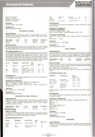 Tolerancia de residuos:
FRIJOL : 0.4 p.p.m.
CLAVELES : No necesaria.
ROSAS : No necesaria.
TOXICIDAD:
DU50 oral aguda 2,000 mgJKg.
CATEGORIA: 111
Ligeramente peligroso-Cuidado
OXICLORURO DE COBRE
CARACTERISTICAS:
Fungicida preventrvo que actua por contacto, de amplio espectro de acción en
el control de una gama de enfermedades en cultiVOS de café, papa. tomate,
apio, cebolla. palto y cacao.
NOMBRE COMER.
CUPRAVIT OB 21
ROXICOI'®
FORMUL.
MODO DE ACCION:
PM.
PM.
CONC.
85%
80%
IMPORTADOR
SAYER SA
FARMEXSA
PROCEDENCIA
NACIONAL
NACIOAAL
Es un fungrcida preventivo que actúa como fungrstátrco de muchas especies
de hongos previniendo la germinación de esporas, debido a que el ion cúprico
inhibe una amplia variedad de enzimas que contienen grupos tiolicos (-SH).
RECOMENDACIONES DE USO:
Es recomendado para el control de varias enfermedades causadas por hongos
de los géneros Pseudoperonospora, Phytophthora, Hemlleia, etc. Dentro de Jos
que destacan tmportantes enfermedades tales como el añosa de las
cucurbitáceas. el hielo fungoso de la papa y el tomate, antracnosis del palio.
roya del café, gomosls de los cítricos. añosa de la cebolla, añosa de la vid
y la añosa s del plátano entre otras. Además controla algas. musgos y llquenes
que se acumulan en las hojas. ramas y tallos de los árboles frutales.
CULTIVO ENFERMEDAD AGENTE CAUSAL DOSIS
Por ha En 200 l %
CAFE 'Maoeha del Cerc:os¡I(Wa col'€1COia 5-8Kg ll(g 05
'ruto
'Roya· Hemr>el8 vastatnx 4-5 Kg
PAPA 'Hielo,Rancha' Phytophtt>ora onlestans 3-4 Kg 1 Kg. 0.5
PALTO 'Antracnos1s" Physatospora perseae 3·4 Kg. 0.6 Kg. 03
TE 'Mancha de la Cercosporel a theae 3-5 Kg 1 Kg. 0.5
ho¡a"
COMPATIBIUDAD:
Es compatible con casi todos los plaguicidas de uso corrienle. a excepción de
los mercuriales. TMTD y DNOC.
CARENCIAS YTOLERANCIAS:
Tiempo de espera entre la última aplicación y la cosecha (días):
Papa : 14, Tomate : 7. Palio : 21 . Café y Té · 15
Tolerancia de Residuos (p.p.m.) . Papa y tomate : 10; Palio : 20; Café y Té :
No determ1nado
TOXICIDAD:
DU50 aguda oral : > 1,000 mg/Kg.
CATEGORIA: 111
Ligeramente peligroso-Cuidado
OXICLORURO DE COBRE + METALAXYL
CARACTERJSTICAS:
Fungicida de acción combinada (sistémica y de contacto) que presenta actrvidad
al'losa s is y curativa, en especial sobre el conlrol de hielo o rancha en papas
y tomates, al'losa en cebollas. pudriciones de cuello y raíz en frutales y
pudriciones pardas en cítricos.
NOMBRE COMERCIAL FORMUL.
VACOMil PLUS 50 P.M.
~ rvA/<:::.éJtJ
MODO DE ACCION:
CONC.
350g •150g
IMPORTADOR
SLVESTRE
PERU SAC.
PROCEDENCIA
JORDANIA
Por tener en su composición Cobre. actúa inactivando los radicales SH-aminos
y carboxílicos de los componentes celulares por inactivar enzimas esenciales
para el normal funC4onamiento metabólico de los hongos.
RECOMENDACIONES DE USO:
CULTIVO ENFERMEDAD AGENTE CAUSAl DOSIS
0/00 kg1200 l..agua
A¡ , Pirrue<ltO Pudticlón rad:cular PhytophthO<a capsc 25 05
P~pnka
Cebolla M.ldou Pe'l)n()SP0<8 destruciO< 20 04
eli1COS l.lareh tez Pnytophlhora s~. 30 06
Mango
Manzano.
Melocoton•ro
Papa. Tomate
Mancna fo4rar
Oidium
Hielo o Rancha
COMPATIBILIDAD:
Arte-nana sp 3.0
Sphaero:heca a~osa 3.0
Phy1ophthora ~nlestans 3.0
06
06
06
Es compatible con la mayoría de plaguicldas y azufres, excepto con los ce
reaoción alcalina.
CARENCIAS Y TOLERANCIAS:
PERIODOS DE CARENCIAS:
Ají, pimiento. páprika, cebolla : 3 días
Cítricos. mango, manzano. melocotonero,papa, tomate : 7 dias
TOLERANCIA DE RESIDUOS:
Ají, p1mrento, páprika, cebolla. cítricos, mango. amanzano, melocotonero :
ppm
Papa, tomate : 0.1 ppp
TOXICIDAD:
OU50 aguda oral : > 1.000 mg/Kg.
CATEGORIA: 111
Ligeramente peligroso-Cuidado
OXIDO CUPROSO
CARACTERISTICAS:
Fungicida-bactericida-alguicida, que actúa sobre una serie de hongos que afecta-
numerosos cultivos. Su formulación en polvo mojable con tamal'lo de partíet.rla:
muy pequellos que le permite una buena adherencia en el tejido vegeta
suspendibllidad en el agua, lo que aumenta aún mas su actividad biológica.
NOMBRE COMERCIAL FORMUL.
NORDOX 75 WP PJ~.
MODO DE ACCION:
CONC.
75%
IMPORTADOR
HORTUSS.A
PRDCEDENC!Io
CHILE
El oxido cuproso es la forma mas activa del cobre que previene la germinac:icr
de esporas. debido a que el rón cúprico inhibe una amplia vanedad de enziMa:
que contrenen grupos aí'iosa s (-SH}.
El ion cuproso Cu+ es mas efectivo que el ion Cu++.
Esto permite utilizar dosis menores,de hasta un 70 % que la de Oxicloruro o;
Cobre.
RECOMENDACIONES DE USO:
ENFERMEDAD AGENTE CAUSAL DOSIS
200 l. agua
(50%) (75%)
'Roya amanlla' Hem leia vastatrix 0.5 Kg 0.3 kg
'Hrelo' o 'Rancha' Phy1opthora lntestans o.s Kg. 0.3 kg
'Algas· y • anosa s'
'Ma~ch.'l foirar" CertxJ$potl spp o5 Kg 0.3 kg
AAemarra spp
"Gorosrs' Phytophthol'a spp 05 Kg 03kg
• a~os.a s· al'losa s spp
Cultivos: Algodón, Alfalfa, Papa, Frutales, Hortalizas, Café, Cacao, Plátano
Cítricos.
COMPATIBILIDAD:
Es compatrble con todos los plaguicidas de uso común a excepción de los
mercunales y DNOC.
CARENCIAS Y TOLERANCIAS:
Tiempo de espera entre la última aplicación y cosecha (días) Tomate : 7
Papa : 14
Café y Té : 15
Palla . 21
Tolerancra de residuos (p.p.m.).
Papa, Tomate : 10
Palto: 20
Café y Té . nfd.
TOXICIDAD:
DU50 oral aguda : 700 mgfKg.
CATEGORIA: 111
Ligeramente peligroso-Cuidado
CARACTERISTICAS:
PENCONAZOL
Fungtcida sistémico; pertenece al grupo de los triazoles, con efecto preventivc
y curativo para el control de oidium en vid, manzano, zapallo, melocotón, frijo
y ornamentales.
------l~l----
 