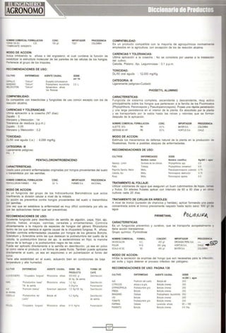 .OWBRE COMERCIAL FORMULACION
-oPAS 100EC C E
;~ S'NGENTA
'IIIODO DE ACCION:
CONC.
100~
IMPORTADOR
TOC'
PROCEDENCIA
COI.OMB!A
.:,.ctúa inhibrendo la allosa s del ergosterol, el cual contiene la función de
;stabilizar la estructura molecular de las paredes de las células de tos hongos.
"'ertenece al grupo de los tnazoles.
'ECOMENDACIONES DE USO:
::..'.TIVO ENFERMEDAD AGENTE CAUSAL DOSIS
por ha
:.->ALLO 'Oidtum• Erys•phe cxhoraeearum
-}IZANO 'Otdtum• Podosphaera leucotrocha 05 L.
El.OCOTON 'Oidtum• Spñaeroteca anosa
Var. Perslcae
:OMPATIBILIDAD:
:S compatible con insecticidas y funglcidas de uso común excepto con tos de
~cción alcalina.
::ARENCIAS Y TOLERANCIAS:
~tima aplicación a la cosecha (N? dfas)·
:apallo : 3
:anzano y Melocotón : 14
-o!erancia de residuos (p.p.m.):
:apello ; 0.05
tanzano y Melocotón : 0.2
- oXJCIDAD:
:-'so oral aguda (i a.) 4.099 mg/Kg
::ATEGORIA: 111
_geramente peligroso
:;-j ; 7
:ARACTERISTICAS:
PENTACLORONITROBENCENO
_sado para prevenir enfermedades ongrnadas por hongos provenientes del suelo
transmitidos por las semillas.
otBRE COMERCIAL FORMULACION
~tACLORO!I FARMEX PM.
'IODO DE ACCION:
CONC.
50 %
IMPORTADOR
FAR~1EXSA
PROCEDENCIA
NACIONAL
~ un fungicida del grupo de los hidrocarburos Baromáticos que actúa
rterfiriendo la división celular a nivel de la mitosis.
S... acción es preventiva contra hongos provenientes del suelo o transmitidos
:lO( semillas.
- '13 vez que se estableoe la enfermedad es muy dificil controlarla por ello es
'"!..E! las aplicaciones tienen que ser preventivas.
~COMENDACIONES DE USO:
:..retente fungicida para desrnfección de semilla de algodón, papa. fríjol, ajo,
~ebolla , habas. arve¡as. vainitas, cereales y ornamentales. Controla
~oentemente a la mayoría de especies de hongos del género Rhizoctonia
;entro de los que destaca el agente causal de la chupadera fungosa. R. añosa.
'7ambién controla enfermedades causadas por hongos de tos géneros Botrytis
3derotium y Scterotinia entre las que destacan la podredumbre del cuello de la
.:eoolla, la podredumbre blanca del a¡o, la esderol.lniosrs en fríjol. la mancha
:,anca de la lechuga y la podredumbre negra de las coles_
=~e ser aplicado drrectamente a la semtlla en desrnfección. ya sea en polvo
a como viene el producto o en forma de pasta fluida. También puede aplicarse
~ rectamente al suelo, ya sea en espolvoreo o en pulverizaCión al fondo del
._.reo.
-ene alta estabilidad en el suelo. actuando bren en condiciones de baja
.?"lperatura y alta humedad.
:...nvo ENFERMEDAD AGENTE CAUSAL DOSIS DEL FORMA DE
PRODUCTO CAFt
:;ooo~eRo 'Chupadera fungosa' Rhlzocton a anosa 500·600 g/ Oesinfeccton
50 Kg Oe semiPa
i'>;J. 'Podredumbre basal' Rhtzocton a aftosa 1·2 Kgl Oesiofecclón
TM. de sem la O2Kglha Pulvenzación
e: 'Pudrtctón blanca' Sclerottum cepivorum 1.5 Kg/100 Kg Desinfección
dentes.
':BOLLA 'Podredumbre del Botrytts a"l 0.2 Kg/Kg. Desinfección
cuello' de semilla.
=> JOl 'Chupadera fungosa· Rhtzocton•a anosa 6·10 Kglha Pulverización
COMPATIBILIDAD:
Es un producto compatrble con la mayoría de agroqu1mtcos normalmente
empleados en la agncultura. con excepet6n de los de reacción alcalina.
CARENCIAS Y TOLERANCIAS:
Ultima aplicación a la cosecha : No se considera por usarse a la instalación
del cultivo.
Cebolla. Platano Ajo, Legumrnosas . 0.1 p.p.m
TOXICIDAD:
OU50 oral aguda 12.000 mg/Kg.
CATEGORIA; 111
Ligeramente peligroso-Cuidado
PHOSETYL ALUMINIO
CARACTERISTICAS:
Fungicida de sistemia completa, ascendente y descendente, muy activo
principalmente sobre los hongos que pertenecen a la familia de tos Ficomicetos
(Phytophthora, Peronospora y Pseudoperonospora). Posee una rápida penetración
y una larga persrstencía en el interior de la planta. Es absorbido por la planta
y es transportado por la sabia hasta las raíces y rebrotes que se forman
después de la aplicación
NOMBRE COMERCIAL FORMULACION
AUETTE ~
DEFEHSE 80 WP
MODO DE ACCION:
CONC.
80%
80%
IMPORTADOR
BAYERSA
llORTUSSA
PROCEDENCIA
COlOMBIA
CHLE
Estimula los mecanrsmos de defensa natural de la planta en la producción de
fítoalexinas. frente a posibles ataques de enfermedades.
RECOMENDACIONES DE USO:
CULTIVOS ENFERMEDADES DOSIS
Nombre com~n Nombte clentifico Kg/200 0§11::1
NaranfO Ltmon GomostS dt lol c.tncos Phytophtr.cra spp 0.5
Pa.10 Tros:eu Phytophlnota cmna111Q<1· 0.5
Peptntllo Sand'a ~'el6n Mldru Pseudoperonospora cubenstS 0.75
CeoolaA;o M*l'll Peronospora destNctor 0.75
Rosa M*llll Peronospora sparsa 0.5
TRATAMIENTO AL FOLLAJE:
Utilizar volúmenes de agua que aseguren un buen cubrimientos de hojas. l'lr.IB5
y frutos. En árboles frutales aplicar con intervalo de 60 a 90 días y en Ol::'tS
cultivos cada 20 dfas.
TRATAMIENTO DE CIRUJIA EN ARBOLES:
A nivel de tronco (curación de chancros y heridas), aplicar formando una pas3
concentrada sobre el tronco previamente raspado hasta tejido sano: 500 g o,;
agua.
PIRIMETANIL
CARACTERISTICAS:
Es un funguiclda preventivo y curativo. que se transporta acropetalmente y
tiene acción translamrnar
Grupo quimico: Pynmldinas
HOMBRE COMERCIAL
()1(-ESCAI.ON
POLAR
SCALA40SC
FORMUL
se
WG
se
MODO DE ACCION:
COIICENT.
.tOOj¡
soo !l'lla
.tOO g,l
IMPORTADOR
llROI<ASA PERUSA
HORTVSSA
BA~..RSA
PROCEDEIICOA
- OJG>
CHILE ..--.
COI.ot.SiA
Inhibe la secreción de enzimas del hongo que son necesarias para la infecaon.
asi evita y logra detener el proceso infectivo del patógeno.
RECOMENDACIONES DE USO: PAGINA 138
CULTIVO ENFERMEDAD AGENTE CAUSAL DOSIS
ml.200 l. agua
M) Pu<lriCt6n del cue lo 8ocl)'tls allí 200
CITRICOS aftO$l! sis gns Botrylls ctnerea 200
GYPHSOPHILIA Podredumbre gns Bolryl scinerea 200
FRESA BoltyttS Botl)'tls cinerea 200
MANZANO OldiOSIS Podosphaera leucotricha 500
VID Boltytts Botryl scinerea 200
TOMATE Podredumbre gns BotryltScinerea 200
PÁPRIKA OidiOSJ$ Levet'ula a~osa 60 - 150
PIM•ENTO Bohrylt$ Botryl scherea 0.5 L'ha
----1~1----
 