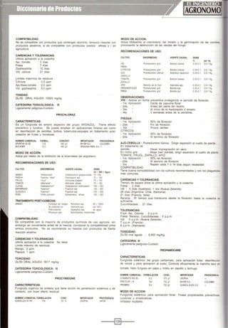 COMPATIBILIDAD:
No es compabble con productos que contengan aluminio, tampoco mezclar con
productos alcalinos si es compatible con productos usados añosa s i en
agricultura.
CARENCIAS Y TOLERANCIAS:
Ultima aphca<:lón a la cosecha·
Ajo. tomate : 3 días
Fresa : 7 dlas
Gyphsophilla : 10 días
Vid, cítricos : 21 dlas
Limites máximos de res1duos:
Cítncos 0,5 ppm
Ajo,fresa,tomate 2,0 ppm
Vid, gyphsophíla 5,0 ppm
TOXIDAD:
DU50 ORAL AGUDA: 10g20 mg/kg
CATEGORIA fOXICOLOGICA: 111
Ligeramente peligroso-Cuidado
PROCHLORAZ
CARACTERJSTICAS:
Es un fungicida de amplio espectro del grupo IMIDAZOL: Tiene efecto
preventivo y curativo Se puede emplear en aplicaciones foliares así como
en des~nfecClón de semillas, bulbos tuberculos,esquejes en tratamiento post-
cosecha de frutas y hortalizas.
HOMBRE COMERCIAL
SPORTAl( 4S CE
BUCANER
FORMUL
ce
ee
MODO DE ACCIÓN:
CONCENT.
450 gil.
450 gil
IMPORTADOR PROCEDENCIA
BAYERSA COI.OMBlA
DllOKASAPERU SA-
Actúa por mediO de la inhibición de la bioslntesis del ergostero'.
RECOMENDACIONES DE USO:
CULTIVO
MANGO
PAPAYA
FRIJOL
TOMATE
CLAVEL
ESPARRAGO
GLADIOLO
ROSA
ENFERMEDAD
'Antracnos s'
'mancha fol ar"
'roya'
'alternarla'
'cladosporlum'
•fusar,um'
'fusar~um'
'mlkllu polvoso·
TRATAMIENTO POST-COSECHA:
AGENTE CAUSAL
Col etotr>chum gloesporoides
Cercospora spp.
Uromyces phaseoli
Alternarla a~osa
Cladosporium eehinulatum
Fusarium spp
Fusarium spp
Sphaeroteca anosa
DOSIS
mi. 1 200 l. Agua
70 ·150
70- 150
70- 150
70 - 150
150 - 200
100 - 200
100 • 200
150 - 200
MANGO Complejo de hongos
de pudnc1on en
Post-coseCha
Rhyzopus Sllil
Penoei11um spp 50 - 100ml
Alternarla s~p por 100 l.
Asperg llus spp de agua
Bottiod plodta lheobromae
COMPATIBILIDAD:
Es compatible con la mayoría de productos qulmicos de uso agrícola, sin
embargo es conveniente antes de la mezcla, corroborar la compatibilidad entre
ambos productos No se recomienda su mezcla con productos de fuerte
reacci6n alcalina.
CARENCIAS Y TOLERANCIAS:
Ultima aplicaet6n a la cosecha No tiene
Límite máx1mo de residuos
Mango 2 ppm
Papaya: 1 ppm
TOXICIDAD:
DU50 ORAL AGUDA' 5617 mg/kg
CATEGORIA TOXICOLOGICA: 111
Ligeramente peligroso-Cuidado
PROCYMIDONE
CARACTERISTICAS:
Fungicida orgánico de slntesis que tiene acción de penetración sistémica y de
contacto, con buen efecto residual.
NOMBRE COMERCIAL FORMULACION
SUM SCLEX 50 PM PM.
CONC.
so%
IMPORTADOR
CROPSA
PROCEDENCIA
JAPON
MODO DE ACCION:
Actúa inhtblendo el creClm1ento del micelio y la germinación de las conid1as
provocando la destrucción de las células del hongo.
RECOMENDACIONES DE USO:
CULTIVO ENFERMEDAD AGENTE CAUSAL DOSIS
% por ha
VlD 'Podredumbre gns· 8otrytJs one'l!a 0.05-0.1 O5-1 Kg.
FRESA
CITRICOS 'Podredumbre grs' Botrytts onerea 0.05-01 05-1 Kg.
AJCX 'Podredumbre blaoca· ScleroJJm cepivorum 0.05-0.1 O5-1 Kg.
CEBOLLA
TOOATEI 'Podredumbre gns' 8otry1 scinerea 0.05-0.1 O5-1 Kg.
ZAPALLO
APIO "ManCha de la ho.a· Alternarla spp. 005-0.1 0.5-1 Kg
ORNAMENTALES "Podredumbre gris' Botry1is spp. 0.05-0.1 0.5-1 Kg
FRESA "Podredumbre gris' Botry1is spp. 0.05-0.1 0.5-1 Kg
OBSERVACIONES:
VID : Aplicar en forma preventiva protegiendo el periodo de floración.
- 1ra. Aplicación : Calda de capucha floral
- 2da. • : Antes del cierre del racimo
• 3ra. : Al inicio de la maduración ó envero
- 4ta. : 3 semanas antes de la vendimia
FRESAS :
- 1ra. Aplicación
- 2da
- 3ra.
CITRICOS
- 1ra Aplicación
- 2da.
: 50% de floración
Fin de floración
. Frutos verdes
50% de floración
Al termino de floración
AJO.CEBOLLA : Podredumbre blanca : Dirigir aspersión al cuello de planta.
En tratam1ento de
semilla Hacer impregnación en seco.
En moho gns : Mo¡ar b en plantas, dirigir aspersión al cuello de planta
TOMATE. FRIJOL, ZAPALLO, APIO :
- 1ra. Aplica<:lón : 50% de floración
- 2da : Al termino de florac1ón
- 3ra. : Repetir cada 7 ó 14 días según necesidad
COMPATIBILIDAD·
Tiene buena compatibilidad con los cultivos recomendados y con los plaguicida:
mas comunes.
CARENCIAS Y TOLERANCIAS:
Tiempo de espera entre la última aplicación y la cosecha:
Fresa : 3 días
Vid 5 días (Australia), 1 dla (Nueva Zelanda)
28 dlas (Argentina. Chile, Alemania)
21 dlas (Francia, Italia)
Naranjo : El tiempo que transcurre desde la floración hasta la cosecha e
suficiente.
Cucurbitaceas : 21 dlas.
TOLERANCIAS:
Frijol, Ajo, Cebolla 2 p.p.m.
Fresa. Naranjo, Cucurbitaceas : 3 p.p.m.
Vid : 5 p.p.m (Nueva Zelanda),
7 p.p.m. (Francia)
8 p.p.m. (Alemania)
TOXICIDAD:
DUSO oral aguda : 6.800 mg/Kg.
CATEGORIA: 111
Ligeramente peligroso-Cuidado
PROPAMOCARB
CARACTERJSTICAS:
Fungicida s1stém1co del grupo carbamato, para aplicación foliar, desinfecctQr'
de raíces y para aphcac1ón al suelo. Controla eficazmente la mancha azul e-
tomate. hielo fungoso en papa y mildiu en zapallo y lechuga.
NOMBRE COMERCIAL FORMULACION
CONSENTO 450 SC S C
PREVICUR- N
PROMESS
MODO DE ACCION:
S.A
SA.
CONC.
375 9n
722 gn
mgn
IMPORTADOR
CROPSA
BAYERSA
QUÍMICA SUIZA S.A.
PROCEDENCIA
COLOMSIA
Fungicida sistémico para aplicación foliar. Posee propiedades preventivas
curativas y erradicativas.
lnhibidor multisitio.
----1~1----
 