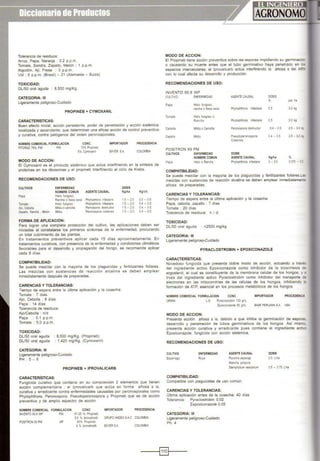 Tolerancia de residuos:
Arroz, Papa, Naranja ; 0.2 p.p.m.
Tomate, Sandía, Zapallo, Melón : 1 p.p.m.
Algodón, Aji, Fresa : 3 p.p.m.
Vid ; 5 p.p.m. (Brasil) - 21 (Alemania - Suiza)
TOXICIDAD:
DU50 oral aguda ; 8,500 mg/Kg.
CATEGORIA: 111
Ligeramente peligroso-Cuidado
PROPINES+ CYMOXANIL
CARACTERISTICAS:
Buen efecto inicial, acción persistente, poder de penetración y acción sistémica
localizada y ascendente, que determinan una eficaz acción de control preventiva
y curativa, contra patógenos del orden peronosporales.
NOMBRE COMERCIAL FORMULACION
fiTORAZ 76% P.M P.M.
MODO DE ACCION:
CONC.
70% Propineb
6% Cymoxaml
IMPORTADOR PROCEDENCIA
BAYER SA COLOIJBIA
El Cymoxanil es el producto sistémico que actúa interfiriendo en la síntesis de
proteínas en los ribosomas y el propineb interfiriendo al ciclo de Krebs.
RECOMENDACIONES DE USO:
CULTIVOS
Papa
Tomate
Ajo. Cebolla
Zapallo, Sandia , Melón
ENFERMEDAD
NOMBRE COMUN
Hielo fungoso.
Rancha 6 Seca seca
H"'lo fungoso
Mildiu 6 cenicilla
Milcfu
FORMA DE APLICACIÓN:
AGENTE CAUSAL
Phytophtora infestans
Phytophlora infeslans
Pemospora destructor
Peronospora cubensis
DOSIS
Kg/ha
1.5 - 2.5
1.5 - 2.0
1.5 - 2.0
1.5 - 2.0
Kg/cil.
0.5- 0.6
0.4 - 0.5
0.4 - 0.5
o4 - 0.5
Para lograr una completa protección del cultivo, las aplicaciones deben ser
iniciadas al oonstatarse los primeros síntomas de la enfermedad, procurando
un total cubrimiento de las plantas.
En tratamientos preventivos aplicar cada 15 días aproximadamente. En
tratamientos curativos, con presencia de la enfermedad y condiciones climáticos
favorables para el desarrollo y propagación del hongo, se recomienda aplicar
cada 8 días.
COMPATIBILIDAD:
Se puede mezclar con la mayoría de los plaguicidas y fertilizantes foliares.
Las mezclas con sustancias de reacción alcalina se d eben emplear
inmediatamente después de preparadas.
CARENCIAS Y TOLERANCIAS:
Tiempo de espera entre la última aplicación y la cosecha:
Tomate : 7 días.
Ajo, Cebolla : 8 días
Papa : 14 días
Tolerancia de residuos:
Ajo/Cebolla : n/d
Papa ; 0.1 p.p.m.
Tomate : 5.0 p.p.m.
TOXICIDAD:
DU50 oral aguda
DU50 oral aguda
; 8,500 mg/Kg. (Propineb)
1,425 mg/Kg. (Cymoxanil)
CATEGORIA: 111
Ligeramente peligroso-Cuidado
PH : 5 - 6
PROPINES + IPROVALICARB
CARACTERÍSTICAS:
Fungicida curativo que contiene en su composición 2 elementos que tienen
acción complementaria el lprovalicarb que actúa en forma allosa s is,
curativa y erradicante contra enfermedades causadas por peronosporales como
Phytophthora, Peronospora, Pseudoperonospora y Propineb que es de acción
preventiva y de amplio espectro de acción.
NOMBRE COMERCIAL FORMULACION CONC IMPORTADOR PROCEDENCIA
INVENTO66.8 WP P.M. 61.25 % Propineb
5.5 % lprovalicarb GRUPOANDEX S.A.C. COLOMBIA
POSITRON 69 PM 'Nf' 60% Prop.neb
9 %lprovabearb BAYERSA COLOMBIA
MODO DE ACCION:
El Propineb tiene acción preventiva sobre las esporas impidiendo su germinacio-
o causando su muerte antes que el tubo germinativo haya penetrado en los
espacios intercelulares; el lprovalicarb actúa interfiriendo la añosa s del A~
con lo cual afecta su desarrollo y producción.
RECOMENDACIONES DE USO:
INVENTO 66.8 WP
CULTIVO ENFERMEDAD AGENTECAUSAL DOSIS
% por ha
Papa Hielo fungoso,
rancha o Seca seca Phytophthola tnfestans 0.5 3.0 kg
Tomate Hielo fungoso o
Rancha Phytophthora infestans 0.5 3.0 kg
Cebolla M11d uo Cemcina Peronospora destnJC1or 0.4 - 0.5 2.5 - 3.0 1<;
Zapallo Milclru Pseudoperonospora 0.4- 0.5 2.5 - 3.0 ~;
Cubensis
POSITRON 69 PM
CULTIVOS ENFERMEDAD DOSIS
NOMBRE COMUN AGENTECAUSAL Kg/ha %
Papa Hielo o Rancha Phytophthora infestans 2-2.5 0.375 - oo
COMPATIBILIDAD:
Se puede mezclar con la mayoría de los plaguicidas y fertilizantes foliares.La;
mezclas con sustancias de reacción alcalina se deben emplear inmédiatamen;e
añosa de preparadas.
CARENCIAS Y TOLERANCIAS:
Tiempo de espera entre la última aplicación y la cosecha:
Papa, cebolla, zapallo : 7 días
Tomate : 20 días
Tolerancia de residuos: n 1 d.
TOXICIDAD:
DU50 oral aguda : >2500 mg/kg
CATEGORIA: 111
Ligeramente peligroso-Cuidado
PYRACLOSTROBIN + EPOXICONAZOLE
CARACTERÍSTICAS:
Novedoso fungicida que presenta dobre modo de acción, actuando a traves
del ingrediente activo Epoxiconazole como inhibidor de la biosíntesis a~
ergosterol, el cual es constituyente de la membrana celular de los hongos, y ~
trvés del ingrediente activo Pyraclostrobin como inhibidor del transporte ~
electrones en las mitocondrias de las células de los hongos, inhibiendo _
formación de ATP, esencial en los procesos metabólicos de los hongos.
NOMBRE COMERCIAL FORMULACION CONC IMPORTADOR PROCEDENW
OPERA L.S. Pyraclostrobin 133 gr/l
Epoxioonazole 50 gr/L BASFPERUANA SA USA
MODO DE ACCION:
Presenta acción añosa s is, debido a que inhibe la germinación de esporas
desarrollo y penetración de tubos germinativos de los hongos. Así mismc
presenta acción curativa y erradicante pues contiene el ingrediente actM:
Epoxioonazole, fungicida con acción sistémica.
RECOMENDACIONES DE USO:
CULTIVO
Esparrago
ENFERMEDAD
Roya
COMPATIBILIDAD:
AGENTECAUSAL
Pucciniaasparagi
Mancha púrpura
Stemphytium vesicarium
Compatible con plaguicidas de uso común.
CARENCIAS Y TOLERANCIAS:
Última aplicación antes de la cosecha: 40 días
Tolerancia: Pyraclostrobin 0.02
Expoxiconazole 0.05
CATEGORIA: 111
Ligeramente peligroso-Cuidado
Ph: 4
DOSIS
0.5 l/ha
0.5 - 0.75 Llha
-----i~l----
 