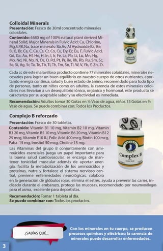 Contenido: Vitamin B1 10 mg, Vitamin B2 10 mg, Vitamin
B3 20 mg,Vitamin B5 10 mg,Vitamin B6 20 mg,Vitamin B12
25 mcg, Vitamin E10 IU, Folic Acid 400 mcg, Biotín 100 mcg,
Paba 15 mg, Inositol 50 mcg, Choline 15 mg.
 