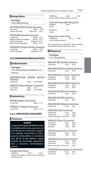 117
█ Ketoprofeno 	
Posología.
150 a 200mg diarios.
KETOPROFENO (Genfar) Genérico
comprimido 	 100mg 		 $0.20 	
solución inyectable 	 100mg/2ml 	 	 $0.93
PROFENID (Sanofi) Comercial
comprimido 		 100mg 		 $0.48 	
tableta de liberación retardada 		 200mg 		 $0.77 	
solución inyectable 		100mg/2ml 	$2.22 	
polvo solución inyectable i.v 		 100mg 		 $3.15 	
DOLOFAST (Grupo Farma) Comercial
comprimido 		 100mg		 $0.69 	
solución inyectable 		100mg/2ml	 $2.71
	
5.2.3DERIVADOSINDOLACETICOS
	
FF Indometacina
Posología.
-50 a 200 mg diarios divididos en 2 a
3 tomas.
	
INDOMETACINA GENFAR (Genfar)
Genérico
comprimido 	 25mg	 $0.03 	CNMB	
INDOCID (Merck Sharp) Comercial
comprimido 	 25mg	 $0.11 	
supositorio 	 100mg	 $0.31 	CNMB
█ Acetamicina 	
PRANEX (Bayer) Comercial 	
comprimido 		 60mg 		 $1.10 	
PRANEX LP (Bayer) Comercial	
comprimido 		 90mg 		 $1.45 	
5.2.4 DERIVADOS OXICAMES
	
█ Piroxicam 	
ALERTA
LaAgenciaEuropeadelMedicamento
haemitidorestriccionesparaelusode
este fármaco en condiciones agudas.
Si es utilizado, recomienda no sobre-
pasar los 20mg diarios ni extenderse
más allá de 14 días debido a riesgo
elevado de hemorragia gastrointes-
tinal y reacciones dermatológicas
severas.
Comprimido 20mg 	
GENÉRICO: 	 $0.07 ... 	 ... 	$0.50 	
Magma, Mk, Espibena, Genfar, Grufar, Farmandina,
Nifa, Merck, Chile
COMERCIAL: 	 $0.08 ...	 ... 	$0.81 	
Piroxim, Italpyd, Artrilase, Brexicam, Feldene 	
Solución Inyectable 40mg/2ml
GENÉRICO: 	 $0.85 	
Genfar 	
COMERCIAL: 	 $4.61 	
Feldene 	
Tableta Dispersable 20mg
COMERCIAL: 	 $0.16 ... ... 		 $0.98 	
Artronil, Italpyd, Feldene D 	
Otras presentaciones: comprimido 10mg, granulado
20mg, tableta disolucion instantanea 20mg
█ Meloxicam
Posología.
7.5 a 15mg diarios.
MELOXICAM (Genfar) Genérico
comprimido 	 7.5mg 	 $0.23 	
	
MELOXICAM (Farmandina) Genérico
comprimido 	 7.5mg 	 $0.30 	
MELOXICAM (La Santé) Genérico
comprimido 	 7.5mg 	 $0.30
comprimido 	 15mg 	 $0.56 	
MELOXICAM NIFA (Nifa) Genérico
comprimido 	 7.5mg 	 $0.35
comprimido 	 15mg 	 $0.60 	
MELOXICAM (Merck) Genérico
comprimido 	 7.5mg 	 $0.46 	
MELOXICAM (Mk) Genérico
comprimido 	 7.5mg 	 $0.61	
MELOXICAM (Magma) Genérico
comprimido 	 15mg 	 $0.54 	
COXICAM (Life) Comercial
comprimido 	 7.5mg 	 $0.38 	
comprimido 	 15mg 	 $0.62 	
solución inyectable 	15mg/1.5ml 	 $3.20
MIRALEX (Swiss) Comercial
comprimido 	 7.5mg 	 $0.46 	
comprimido 	 15mg 	 $0.61 	
granulado 	 15mg 	 $0.90
	
ISOX (Ecuaquimica) Comercial
comprimido 	 7.5mg 	 $0.51 	
comprimido 	 15mg 	 $1.03 	
OXA(Medicamenta) Comercial
comprimido 	 7.5mg 	 $0.80 	
comprimido 	 15mg 	 $1.10
solución inyectable 	15mg/1.5ml 	 $2.50
TRISEDAM (Osmopharm) Comercial
comprimido 	 7.5mg 	 $0.92 	
comprimido 	 15mg 	 $1.13
ANTIINFLAMATORIOS NO ESTEROIDALES (AINES)
 