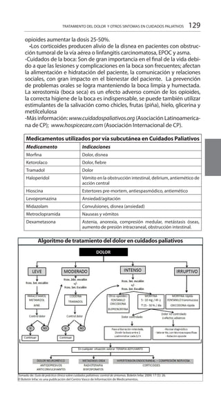 129
Algoritmo de tratamiento del dolor en cuidados paliativos
Tomado de: Guía de práctica clínica sobre cuidados paliativos: control de síntomas. Boletín Infac 2009; 17 (5): 26.
El Boletín Infac es una publicación del Centro Vasco de Información de Medicamentos.
opioides aumentar la dosis 25-50%.
   •Los corticoides producen alivio de la disnea en pacientes con obstruc-
ción tumoral de la vía aérea o linfangitis carcinomatosa, EPOC y asma.
-Cuidados de la boca: Son de gran importancia en el final de la vida debi-
do a que las lesiones y complicaciones en la boca son frecuentes; afectan
la alimentación e hidratación del paciente, la comunicación y relaciones
sociales, con gran impacto en el bienestar del paciente. La prevención
de problemas orales se logra manteniendo la boca limpia y humectada.
La xerostomía (boca seca) es un efecto adverso común de los opioides,
la correcta higiene de la boca es indispensable, se puede también utilizar
estimulantes de la salivación como chicles, frutas (piña), hielo, glicerina y
metilcelulosa
-Más información: www.cuidadospaliativos.org (Asociación Latinoamerica-
na de CP); www.hospicecare.com (Asociación Internacional de CP).
TRATAMIENTO DEL DOLOR Y OTROS SINTOMAS EN CUIDADOS PALIATIVOS
Medicamento Indicaciones
Morfina Dolor, disnea
Ketorolaco Dolor, fiebre
Tramadol Dolor
Haloperidol Vómito en la obstrucción intestinal, delirium, antiemético de
acción central
Hioscina Estertores pre-mortem, antiespasmódico, antiemético
Levopromazina Ansiedad/agitación
Midazolam Convulsiones, disnea (ansiedad)
Metroclopramida Nauseas y vómitos
Dexametasona Astenia, anorexia, compresión medular, metástasis óseas,
aumento de presión intracraneal, obstrucción intestinal.
Medicamentos utilizados por vía subcutánea en Cuidados Paliativos
 