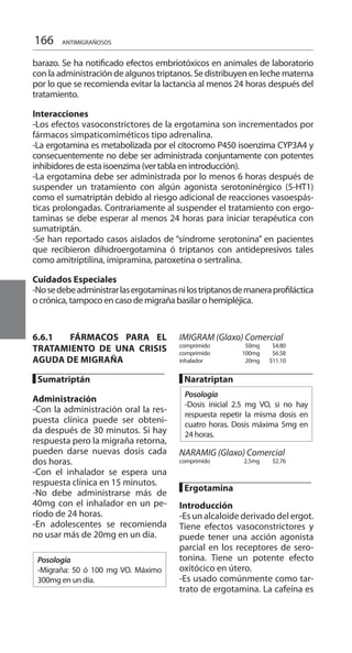 166
6.6.1 	 FÁRMACOS PARA EL
TRATAMIENTO DE UNA CRISIS
AGUDA DE MIGRAÑA 	
		
█ Sumatriptán 	
Administración 	
-Con la administración oral la res-
puesta clínica puede ser obteni-
da después de 30 minutos. Si hay
respuesta pero la migraña retorna,
pueden darse nuevas dosis cada
dos horas.
-Con el inhalador se espera una
respuesta clínica en 15 minutos.
-No debe administrarse más de
40mg con el inhalador en un pe-
ríodo de 24 horas.
-En adolescentes se recomienda
no usar más de 20mg en un día.
Posología
-Migraña: 50 ó 100 mg VO. Máximo
300mg en un día.
		
IMIGRAM (Glaxo) Comercial 	
comprimido 	 50mg 	 $4.80
comprimido 	 100mg 	 $6.58
inhalador 	 20mg 	 $11.10 	
█ Naratriptan
Posología
-Dosis inicial 2.5 mg VO, si no hay
respuesta repetir la misma dosis en
cuatro horas. Dosis máxima 5mg en
24 horas.
NARAMIG (Glaxo) Comercial 	
comprimido 	 2.5mg 	 $2.76 	
█ Ergotamina 	
Introducción 	
-Es un alcaloide derivado del ergot.
Tiene efectos vasoconstrictores y
puede tener una acción agonista
parcial en los receptores de sero-
tonina. Tiene un potente efecto
oxitócico en útero.
-Es usado comúnmente como tar-
trato de ergotamina. La cafeína es
ANTIMIGRAÑOSOS
barazo. Se ha notificado efectos embriotóxicos en animales de laboratorio
con la administración de algunos triptanos. Se distribuyen en leche materna
por lo que se recomienda evitar la lactancia al menos 24 horas después del
tratamiento.
Interacciones 	
-Los efectos vasoconstrictores de la ergotamina son incrementados por
fármacos simpaticomiméticos tipo adrenalina. 		
-La ergotamina es metabolizada por el citocromo P450 isoenzima CYP3A4 y
consecuentemente no debe ser administrada conjuntamente con potentes
inhibidores de esta isoenzima (ver tabla en introducción).
-La ergotamina debe ser administrada por lo menos 6 horas después de
suspender un tratamiento con algún agonista serotoninérgico (5-HT1)
como el sumatriptán debido al riesgo adicional de reacciones vasoespás-
ticas prolongadas. Contrariamente al suspender el tratamiento con ergo-
taminas se debe esperar al menos 24 horas para iniciar terapéutica con
sumatriptán.
-Se han reportado casos aislados de “síndrome serotonina” en pacientes
que recibieron dihidroergotamina ó triptanos con antidepresivos tales
como amitriptilina, imipramina, paroxetina o sertralina.
Cuidados Especiales 	
-Nosedebeadministrarlasergotaminasnilostriptanosdemaneraprofiláctica
o crónica, tampoco en caso de migraña basilar o hemipléjica.
 