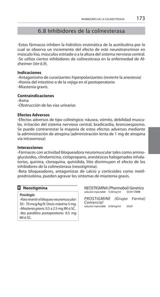 173
6.8 Inhibidores de la colinesterasa
-Estos fármacos inhiben la hidrólisis enzimática de la acetilcolina por lo
cual se observa un incremento del efecto de este neurotransmisor en
músculo liso, músculos estriado o a la altura del sistema nervioso central.
-Se utiliza ciertos inhibidores de colinesterasa en la enfermedad de Al-
zheimer (Ver 6.9).
Indicaciones 	
-Antagonismo de curarizantes hiperpolarizantes (revierte la anestesia)
-Atonía del intestino o de la vejiga en el postoperatorio
-Miastenia gravis.
Contraindicaciones 	
-Asma
-Obstrucción de las vías urinarias
Efectos Adversos 	
-Efectos adversos de tipo colinérgico: náusea, vómito, debilidad muscu-
lar, irritación del sistema nervioso central, bradicardia, broncoespasmo.
Se puede contrarrestar la mayoría de estos efectos adversos mediante
la administración de atropina (administración lenta de 1 mg de atropina
vía intravenosa)
Interacciones 	
-Fármacos con actividad bloqueadora neuromuscular tales como amino-
glucósidos, clindamicina, ciclopropano, anestésicos halogenados inhala-
torios, quinina, cloroquina, quinidida, litio disminuyen el efecto de los
inhibidores de la colinesterasa (neostigmina).
-Beta bloqueadores, antagonistas de calcio y corticoides como metil-
prednisolona, pueden agravar los síntomas de miastenia gravis.
FF Neostigmina 	
Posología
-Pararevertirelbloqueoneuromuscular:
50 - 70 mcg/kg IV. Dosis máxima 5 mg.
-Miasteniagravis: 0.5 a 2.5 mg IM o SC.
-Ileo paralítico postoperatorio: 0.5 mg
IM ó SC.
NEOSTIGMINA(Pharmabol)Genérico
solución inyectable 	 0.50mg/ml 	 $0.49 	CNMB	
PROSTIGMINE (Grupo Farma)
Comercial
solución inyectable 	 0.50mg/ml 	 $0.69 	
INHIBIDORES DE LA COLINESTERASA
 