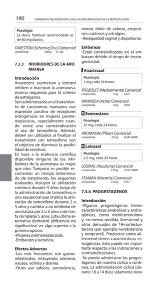 190 HORMONAS RELACIONADAS CON LA ENDOCRINOLOGÍA DE LA REPRODUCCIÓN
Posología.
La dosis habitual recomendada es
de 60 mg diarios.
	
FARESTON (Schering Ecu) Comercial
comprimido 	 60mg 	 $11.08 	
7.3.3 	 INHIBIDORES DE LA ARO-
MATASA
Introducción 	
Anastrozol, exemestan y letrozol
inhiben o inactivan la aromatasa,
enzima requerida para la síntesis
de estrógenos.
Sonadministradoseneltratamien-
to de carcinomas mamarios con
expresión positiva de receptores
estrogénicos en mujeres posme-
nopáusicas, especialmente cuan-
do existe una contraindicación
al uso de tamoxifeno. Además,
deben ser utilizados al finalizar el
tratamiento con tamoxifeno con
el objetivo de disminuir la posibi-
lidad de recidivas.
En base a la evidencia científica
disponible ninguno de los inhi-
bidores de la aromatasa es mejor
que otro. Tampoco es posible re-
comendar un tiempo determina-
do de tratamiento, los esquemas
evaluados incluyen la utilización
continua durante 5 años luego de
la administración de tamoxifeno o
uno secuencial que implica la utili-
zación de tamoxifeno durante 2 o
3 años y cambiar a un inhibidor de
aromatasa por 2 o 3 años más has-
ta completar 5 años. Esta última al-
ternativa demostró (diferencia no
significativa) ser algo superior a la
primera opción.
-Mujeres premenopáusicas.
-Embarazo y lactancia.
Efectos Adversos 	
-Los más frecuentes son gastro-
intestinales, incluyendo anorexia,
nausea, vómito y diarrea.
-Otros son sofocos, somnolencia,
mareo, dolor de cabeza, erupcio-
nes cutáneas y artralgias.
-Resequedad vaginal y dispareunia.
Embarazo 	
-Están contraindicados en el em-
barazo debido al riesgo de terato-
genicidad.
█ Anastrozol 	
Posología.
1 mg cada 24 horas.
TROZOLET(Medicamenta)Comercial
comprimido 	 1mg 	 $4.41 	
ARIMIDEX (Astra) Comercial 	
comprimido 	 1mg 	 $9.84 	
FF Exemestano 	
Posología.
25 mg, cada 24 horas.
	
AROMASIN (Pfizer) Comercial 	
comprimido 	 25mg 	 $6.08 	CNMB
FF Letrozol 	
Posología.
2.5 mg, cada 24 horas.
	
LOSIRAL (Recalcine) Comercial
comprimido 	 2.5mg 	 $3.58 	CNMB
FEMARA (Novartis) Comercial 	
comprimido 	 2.5mg 	 $5.61 	
7.3.4 PROGESTAGENOS 	
Introducción 	
-Algunos progestágenos tienen
características anabólicas y andro-
génicas, como metilestrenolona
y, en menor medida, linestrenol y
otros derivados de 19-nortestos-
terona (por ejemplo noretisterona
y norgestrel). Productos como ali-
lestrenol tienen características es-
trogénicas. Esto puede ser impor-
tante respecto a las indicaciones y
contraindicaciones.
-Se puede administrar los proges-
tágenos de manera cíclica o conti-
nua; La administración cíclica (du-
rante 10 a 14 días) solamente tiene
 