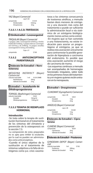196 HORMONAS RELACIONADAS CON LA ENDOCRINOLOGÍA DE LA REPRODUCCIÓN
YAZ (Bayer) Comercial 	
caja X 28
comprimido 		 $14.59 	
	 Etinilestradiol 	 0.02mg 	
	 Drospirenona 	 3mg 	
7.3.5.1.1 A.C.O. TRIFÁSICOS
			
█ Etinilestradiol + Levonorgestrel
TRIQUILAR (Bayer) Comercial 	
6 grageas cafés: Levonogestrel 0.050mg y Etiniles-
tradiol (EE) 0.030mg. 5 grageas blancas: Levonoges-
trel 0.075mg y EE 0.040mg. 10 grageas amarillas:
Levonogestrel 0.125mg y EE 0.030mg.
Caja x 21
comprimido 		 $7.00
	
7.3.5.2 ANTICONCEPTIVOS
PARENTERALES
FF Valerato De Estradiol + Nore-
tisterona
MESIGYNA INSTAYECT (Bayer)
Comercial
solución inyectable 	 1 ml	 $5.30 	CNMB
	 Noretisterona 	 50mg	
	 Valerato De Estradiol 	 5mg 	
█ Estradiol + Acetofenido de
Dihidroprogesterona
		
TOPASEL (Boehringer) Comercial
solución inyectable 		 $4.42 	
	 Estradiol 	 10mg/ml 	
	 Dihidroprogesterona	 150mg/ml
7.3.5.3 	TERAPIA DE REEMPLAZO
HORMONAL 	
	
Introducción 	
-Se trata sobre la terapia de susti-
tución hormonal en el tratamiento
de los síntomas del climaterio y
prevención de la osteoporosis en
la sección 7.3.
-La composición de estos preparados
no es apta para inhibir la ovulación,
por lo cual no pueden ser administra-
dos como anticonceptivos.
-Cuando el único objetivo de la
sustitución es el tratamiento de
síntomas subjetivos a la falta de es-
trógenos como p.e. crisis vasomo-
toras o los síntomas consecuencia
de trastornos atróficos, a menudo
bastan dosis menores de estróge-
no y una duración más corta del
tratamiento o puede ser suficiente
la administración local o vía sisté-
mica de un estrógeno biológica-
mente menos activo como estriol.
-En mujeres que se han sometido
a una histerectomía, no existe in-
dicación para asociar un proges-
tágeno al estrógeno, ya que se
realiza esta asociación únicamente
para contrarrestar la posible gene-
ración de hiperplasia o carcinoma
del endometrio. Es posible que
esta asociación aumente el riesgo
de carcinoma de mama.
-Los esquemas continuos a menudo
van acompañados de hemorragias
funcionales irregulares, sobre todo
enlosprimerosmesesdeltratamien-
toyenmujeresquienesreciénentra-
ron en la menopausia.
█ Estradiol + Drospirenona
CLINOMAT (Gynopharm) Comercial
caja x 28
comprimido 		 $20.4 	
	 Estradiol 	 1mg 	
	 Drospirenona 	 2mg 	
ANGELIQ (Bayer) Comercial 	
caja x 28
comprimido 		 $23.68 	
	 Estradiol 	 1mg 	
	 Drospirenona 	 2mg 	
█ Valerato de Estradiol + Cipro-
terona
	
CLIMENE (Bayer) Comercial 	
comprimido 		 $8.34 	
	 Ciproterona 	 3mg 	
	 Valerato De Estradiol 	 2mg 	
█ValeratodeEstradiol+Prasterona
GYNODIAN DEPOT (Bayer) Comer-
cial
solución inyectable 	 1ml 		$7.83
	 Prasterona 	 200mg 	
	 Valerato De Estradiol 	 4mg
 