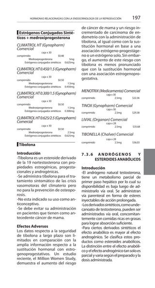 197HORMONAS RELACIONADAS CON LA ENDOCRINOLOGÍA DE LA REPRODUCCIÓN
	
█ Estrógenos Conjugados Sinté-
ticos + medroxiprogesterona
CLIMATROL HT (Gynopharm)
Comercial
caja x 30
comprimido 		 $0.48 			
	 Medroxiprogesterona 			 5mg
	 Estrógenos conjugados sintéticos	 0.625mg 	
CLIMATROLHT0.450/1.5(Gynopharm)
Comercial
caja x 30
comprimido 		 $0.50 			
	 Medroxiprogesterona 			 1.5mg
	 Estrógenos conjugados sintéticos	 0.450mg 	
CLIMATROLHT0.300/1.5(Gynopharm)
Comercial
caja x 30
comprimido 		 $0.50 			
	 Medroxiprogesterona 			 1.5mg
	 Estrógenos conjugados sintéticos	 0.300mg
CLIMATROLHT0.625/2.5(Gynopharm)
Comercial
caja x 30
comprimido 		 $0.50 			
	 Medroxiprogesterona 			 2.5mg
	 Estrógenos conjugados sintéticos	 0.625mg 	
█ Tibolona 	
Introducción 	
-Tibolona es un esteroide derivado
de la 19 nortestosterona con pro-
piedades estrogénicas, progesta-
cionales y androgénicas.
-Se administra tibolona para el tra-
tamiento sintomático de las crisis
vasomotoras del climaterio pero
no para la prevención de osteopo-
rosis.
-No esta indicado su uso como an-
ticonceptivo.
-Se debe evitar su administración
en pacientes que tienen como an-
tecedente cáncer de mama.
Efectos Adversos 	
Los datos respecto a la seguridad
de tibolona a largo plazo son li-
mitados en comparación con la
amplia información respecto a la
sustitución hormonal con estro-
genoprogestativos. Un estudio
reciente, el Million Women Study,
demuestra el aumento del riesgo
de cáncer de mama y un riesgo in-
crementado de carcinoma de en-
dometrio con la administración de
tibolona, al igual como con la sus-
titución hormonal en base a una
asociación estrógeno-progestáge-
no o un estrógeno solo. Sin embar-
go, el aumento de este riesgo con
tibolona es menos pronunciado
que con la sustitución hormonal
con una asociación estrogenopro-
gestativa.
	
MENOTRIX(Medicamenta)Comercial
caja x 30
comprimido 		 2.5mg 	 $22.36
TINOX (Gynopharm) Comercial
caja x 30
comprimido 		 2.5mg 	 $29.38
LIVIAL (Organon) Comercial 	
caja x 28
comprimido 		 2.5mg 	 $35.68
TIBONELLA (Chalver) Comercial
caja x 28
comprimido 	2.5mg $36.03
7.3.6 	 A N D R Ó G E N O S Y
ESTEROIDES ANABÓLICOS
Introducción 	
-El andrógeno natural testosterona,
tiene un metabolismo parcial de
primer paso hepático por lo cual su
disponibilidad es baja luego de ad-
ministrarlo vía oral. Se administran
vía parenteral en forma de esteres
inyectables de acción prolongada.
-Losderivadossintéticos,comounde-
canoato de testosterona, pueden ser
administrados vía oral, concomitan-
temente con comidas ricas en grasas
para lograr absorción suficiente.
-Para ciertos derivados sintéticos el
efecto anabólico es mayor al efecto
androgénico. Se clasifica estos pro-
ductos como esteroides anabólicos.
La distinción entre el efecto anabóli-
coyelefectoandrogénicotansoloes
parcialyvariasegúnelpreparadoyla
dosis administrada.
 