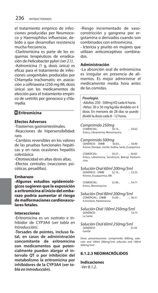 236 ANTIBACTERIANOS
el tratamiento empírico de infec-
ciones producidas por Neumoco-
co y Haemophilus influenzae, de-
bido a que desarrollan resistencia
mucha frecuencia.
-Claritromicina es parte de los es-
quemas terapéuticos de erradica-
ción de Helicobacter pylori (ver2.1).
-Azitromicina (1 g, dosis única) es
eficaz para el tratamiento de infec-
ciones urogenitales producidas por
Chlamydia trachomatis; en asocia-
ción a ceftriaxona (250 mg IM, dosis
única) son los medicamentos de
elección para el tratamiento empíri-
co de uretritis por gonococo y chla-
mydia.
	
FF Eritromicina
Efectos Adversos 	
-Trastornos gastrointestinales.
-Reacciones de hipersensibilidad:
raro.
-Cambios reversibles en los valores
de las pruebas funcionales hepáti-
cas y en raras ocasiones hepatitis
colestásica.
-Ototoxicidad en altas dosis altas.
-Efectos centrales (reacciones psi-
cóticas, pesadillas).	
Embarazo 	
-Algunos estudios epidemioló-
gicos sugieren que la exposición
a eritromicina al inicio del emba-
razo podría aumentar el riesgo
de malformaciones cardiovascu-
lares fetales.
Interacciones 	
-Eritromicina es un sustrato e in-
hibidor de CYP3A4 (ver tabla en
Introducción).
-Torsades de pointes, incluso fa-
tal, en casos de administración
concomitante de eritromicina
con medicamentos que poten-
cialmente pueden alargar el in-
tervalo QT o por inhibición del
metabolismo la eritromicina por
inhibidores de la CYP3A4 (ver ta-
bla en Introducción).
-Riesgo incrementado de vaso-
constricción y gangrena por er-
gotamina o derivados cuando son
combinados con eritromicina.
- Ictericia y prurito en mujeres que
utilizan anticonceptivos combina-
dos.
Administración
-La absorción oral de eritromicina
es irregular en presencia de ali-
mentos. Es mejor administrar el
medicamento media hora antes
de las comidas.
Posología.
-Adultos: 250 - 500mgVO cada 6 horas.
-Niños: 30 a 50 mg/kg/día dividido en 4
dosis. En menores de 28 días se puede
dividir la dosis cada 8 - 12 horas.
	 	
Comprimido 250mg
COMERCIAL: 	 $0.14... 	 ...	 $0.62 	
Eriecu, Libramicina, Monomycina 	
Comprimido 500mg
GENÉRICO: CNMB	 $0.03... 	 ...	 $0.40 	
Kronos, Diempec, Genfar, Andina, Sante, Ecuaquimica
COMERCIAL:	 $0.27... 	 ... $0.60 	
Eriecu, Libramicina, Servitrocin, Baknyl, Pantomi-
cina 	
Solución Oral 60ml 200mg/5ml
GENÉRICO: CNMB	 $2.16... 	 ...	 $3.25 	
Kronos, Ecuaquimica, Mk 	
COMERCIAL:	 $2.96...	 ...	 $4.71 	
Eriecu, Monomycina 	
Solución Oral 80ml 200mg/5ml
COMERCIAL: CNMB	 $5.00 ... 	 ...	 $6.51 	
It-Erichem, Pantomicina 	
Solución Oral 100ml 250mg/5ml
GENÉRICO: 		 $3.75
La Sante 	
Solución Oral 60ml 250mg/5ml
GENÉRICO: 		 $3.39 	
Genfar 		
Otras presentaciones: comprimido 600mg, solu-
ción oral 100ml 200mg/5ml, solución oral 100ml
400mg/5ml
8.1.2.3 	NEOMACRÓLIDOS
	
Indicaciones 	
-Ver 8.1.2.
 