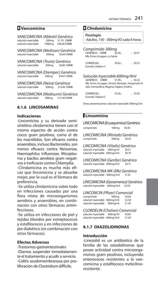 241
FF Vancomicina
	
VANCOMICINA (Abbott) Genérico
solución inyectable 500mg $1.70 CNMB	
solución inyectable 1000mg $46.60 CNMB 	
VANCOMICINA (Medison) Genérico
solución inyectable 500mg $6.64 CNMB
VANCOMICINA (Teuto) Genérico
solución inyectable 	 500mg 	 $8.80	CNMB	
	
VANCOMICINA (Diempec) Genérico
solución inyectable 500mg 	 $9.67 CNMB 	
VANCOMICINA (Neira) Genérico
solución inyectable 	 500mg 	 $10.46	CNMB 	
VANCOMICINA (Medisumi) Genérico
solución inyectable 500mg 	 $13.38 CNMB
8.1.6 LINCOSAMINAS
	
Indicaciones 	
-Lincomicina y su derivado semi-
sintético clindamicina tienen casi el
mismo espectro de acción contra
cocos gram positivos, como el de
los macrólidos. Son eficaces contra
anaerobios, incluso Bacteroides, son
menos eficaces contra Neisseriae,
Haemophilus influenzae, Micoplas-
ma y bacilos aerobios gram negati-
vos e ineficaces contra Chlamydia.
-Clindamicina es mucho más efi-
caz que lincomicina y se absorbe
mejor, por lo cual es el fármaco de
preferencia.
-Se utiliza clindamicina sobre todo
en infecciones causadas por una
flora mixta de microorganismos
aerobios y anaerobios, en combi-
nación con otros fármacos antiin-
fecciosos.
-Se utiliza en infecciones de piel y
tejidos blandos por estreptococos
y estafilococos y en infecciones de
pie diabético (en combinación con
otros fármacos).
Efectos Adversos 	
-Trastornos gastrointestinales
-Diarrea; suspender inmediatamen-
te el tratamiento y acudir a servicio.
-Colitis seudomembranosa por pro-
liferación de Clostridium difficile.
FF Clindamicina 	
Posología.
-Adultos, 150 - 300mgVO cada 6 horas
Comprimido 300mg
GENÉRICO: CNMB	 $0.30... 	 ... 	$0.41 	
Mk, Emvo, Ecuagen, La Sante 	
COMERCIAL: 	 $0.62... 	 ... 	$0.72 	
Euroclin, Dalacin C 	
Solución Inyectable 600mg/4ml
GENÉRICO: CNMB	 $1.99... 	 ... 	$6.52 	
Mk, Emvo, Ecuagen, Simed, Diempec, Hospimed, Vi-
talis, Farmandina, Magma, Fajapro, Andina
COMERCIAL: 	 $5.65... 	 ... 	$5.95 	
Euroclin, Dalacin C 	
Otras presentaciones: solución inyectable 300mg/2ml
█ Lincomicina 	
		
LINCOMICINA(Ecuaquimica)Genérico
comprimido 500mg $0.43
LINCOMICINA (Mintab) Genérico
comprimido	 500mg 	 $0.43 	
LINCOMICINA (Vitalis) Genérico
solución inyectable	 300mg/ml 	 $0.51
solución inyectable 	 600mg/2ml 	 $0.70 	
LINCOMICINA (Genfar) Genérico
solución inyectable 	 600mg/2ml 	 $0.71 	
LINCOMICINA MK (Mk) Genérico 	
solución inyectable 600mg/2ml $1.81
LINCOMICINA(Genamerica)Genérico
solución inyectable 600mg/2ml 	 $2.02 	
LINCONCIN (Pfizer) Comercial 	
comprimido 	 500mg 	 $0.64
solución inyectable	 600mg/2ml 	 $2.58 	
solución inyectable	 300mg/ml 	 $1.44
CLORDELIN (Chalver) Comercial
solución inyectable	 300mg/ml 	 $0.85
solución inyectable	 600mg/2ml 	 $1.69 	
8.1.7 OXAZOLIDINONAS
Introducción
-Linezolid es un antibiotico de la
familia de las oxizalidinonas que
posee actividad contra microorga-
nismos gram positivos, incluyendo
enterococos resistentes a la van-
comicina y estafilococo meticilino-
resistente.
ANTIBACTERIANOS
 