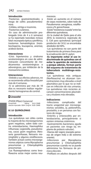 242 ANTIBACTERIANOS
Introducción
-Trastornos grastrointestinales y
riesgo de colitis pseudomenbra-
nosa.
-Cefalea, vértigo e insomnio.
-Trastornos cutáneos.
-En caso de administración pro-
longada (más de 4 a 6 semanas)
se ha reportado toxicidad, incluso
fatal: neuropatía óptica y periférica,
trastornos hematológicos (trom-
bocitopenia, leucopenia, anemia),
acidosis láctica.
Interacciones
-Crisis hipertensiva y síndrome
serotoninérgico en caso de admi-
nistración concomitante de me-
dicamentos serotoninérgicos o
adrenérgicos, por inhibición de la
monoamino oxidasa.
Interacciones
-Debido a sus efectos adversos, no
se recomienda utiliza linezolid por
más de 4 semanas.
-Si se administra por más de 10
días es necesario realizar regular-
mente hemogramas de control.
FF Linezolid
ZYVOX (Pfizer) Comercial
comprimido 500mg $0.23 CNMB
solución inyectable	 300ml 2mg/ml $0.85 CNMB
8.1.8 QUINOLONAS 	
Introducción 	
-Las quinolonas son útiles contra
la mayoría de los microorganismos
gram negativos, sobre todo con-
tra enterobacterias, Haemophilus
influenzae, Legionella, pseudomo-
nas, cocos gram negativos (Neis-
seria gonorrhoeae, Neisseria me-
ningitidis) y algunos estafilococos.
También actúan contra microorga-
nismos atípicos como Mycoplasma
pneumoniae y Chlamydophilia
pneumoniae.
-Las fluoroquinolonas como levo-
floxacina actúa mejor contra neu-
mococos.
-Existe un aumento en el número
de cepas resistentes, sobre todo de
Pseudomonas aeruginosa, estafilo-
cocos y N. gonorrhoeae.
-Existe“resistenciacruzada”entrelas
diferentes quinolonas.
-En la ciudad de Quito para el año
2010, la resistencia registrada de
E. Coli para quinolonas (principal
productor de I.V.U.) se encontraba
alrededor del 40%.
-Las quinolonas no son parte del
tratamiento de primera linea para
la erradicación del H. pylori.
-Es importante evitar el uso in-
discriminado de quinolnas con el
evitar la aparición de resistencia
y porque además, forman parte
del esquema de tratamiento de
tuberculosis multidrogo-resis-
tentes.
-Las quinolonas más antiguas
(Norfloxacina) no alcanzan con-
centraciones muy elevadas a nivel
plasmático por lo que no se indi-
can en infección de vías urinarias.
Las quinolonas más recientes al-
canzan concentraciones plasmáti-
cas y tisulares más elevadas.
Indicaciones
-Infecciones complicadas del
tracto urogenital por microorga-
nismos sensibles, ej. pielonefritis,
prostatítis, o en personas con fac-
tores de riesgo.
-Enteritis y enterocolitis por en-
terobacterias, principalmente si
existen síntomas sistémicos.
-Gastroenteritis bacteriana aguda
en pacientes con riesgo (ej. im-
plante de prótesis valvular).
-Diarrea del viajero (excepto perso-
nas de origen Indú o de extremo
oriente).
-Infecciones por Mycoplasma
pneumoniae y Chlamydophilia
pneumoniae cuando no se puede
administrar los fármacos de pri-
mera elección.
-Profilaxis en adultos después del
 