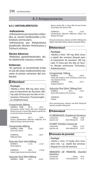 256 ANTIPARASITARIOS
8.3.1 ANTIHELMÍnTICOS 	
		
-Indicaciones 	
-Infestaciones por parasitos redon-
dos, ej. áscaris lumbricoides y En-
terobuis vermicularis.
-Infestaciones por Ankylostoma
duodenale, Necator Americanus y
Trichuris trichura.
Efectos Adversos
-Molestias gastrointestinales: do-
lor abdominal, nausea y vomito.
Embarazo
-En general, se recomienda evitar
el uso de estos medicamentos du-
rante el primer semestre del em-
barazo.
FF Albendazol 	
Posología.
-Adultos y niños: 400 mg, dosis única
para el tratamiento de Ascariasis; 400
mg cada 24 horas por tres días en Un-
cinariasis, Trichuriasis, Tricoestrongilia-
sis, Ankylostomiasis.
	
Comprimido 200mg
GENÉRICO: CNMB	 $0.13... 	 ... $0.73 	
Genamerica, Genfar, Proveri, Mk, Seres, Hospimed,
Simed,Acromax,LaSante,Nifa,Magma,Laproff,Sao-
na, Rocnarf, Ariston, Grunenthal
	
COMERCIAL:	 $0.11... 	 ... $0.85 	
Ascarol, Librabendazol, Albenstar, Italbenzol, Avir,
Kladisol, Rotopar, Zentel,Vermintel
	
Comprimido 400mg
GENÉRICO: CNMB	 $0.28...	 ...$0.39 	
Seres, G.M., Kronos 	
COMERCIAL:	 $0.41... 	 ... $0.51 	
Italbenzol, Fagol 	
Solución Oral 10ml 400mg
GENÉRICO:	 $1.24... 	 ... $1.28 	
Teuto, Espibena 	
COMERCIAL: 	 $0.91... 	 ... $16.20 	
Adazol, Fagol, Zentel,Vermintel, Abetil 	
Solución Oral 20ml 400mg
GENÉRICO: CNMB	 $0.77... 	 ...$2.20 	
Bjarner, Genfar, Mk, La Sante, Nifa, Rocnarf, Ariston,
Grunenthal, G.M., Kronos,Tofis
	
COMERCIAL:	 $1.03... 	 ... $2.46 	
Librabendazol, Albenstar, Italbenzol, Adazol, Avir,
Rotopar,Vermigen
	
	Otras presentaciones: solución oral 60ml 1000mg/5ml,
tableta masticable 200mg, tableta masticable 400mg
█ Mebendazol 	
Posología.
-Adultos y niños: 100 mg, dosis única
y repetir dos semanas después para
el tratamiento de oxiuriasis; 100 mg
cada 12 horas por tres días en Asca-
ris, Necator americanus, Trichuriasis,
Ankylostomiasis.
Comprimido 100mg 	
GENÉRICO: 	 $0.03... 	 ... $0.26 	
Genfar, Mk, Espibena, G.M., Impofarma, Teuto, Acro-
max, Espinosa, Kronos
COMERCIAL: 	 $0.05... 	 ... $0.15 	
Tridazol, Pantelmin 	
Solución Oral 30ml 100mg/5ml
GENÉRICO: 	 $0.51... 	 ... $2.20 	
Genfar, Mk, Espibena, G.M., Acromax 	
COMERCIAL: 		 $0.85 	
Tridazol 	
Otras presentaciones: solución oral 60ml 50mg/5ml,
solución oral 60ml 100mg/5ml
█ Flubendazol 	
		
FLUBENDAZOL (Espibena) Genérico
comprimido	 500mg 		 $2.08 	
solución oral 30ml 100mg/5ml 		 $1.87 	
FLUNET (Chefar) Comercial 	
comprimido	 200mg 		 $1.20 	
solución oral 	 30ml 100mg/5ml 		 $4.10
█ Pamoato de pirantel
Posología.
-Adultos y niños: 10 mg/kg, dosis única
(dosis máx. 1 g), repetir dos semanas
después en caso de oxiuriasis.
PAMOATO DE PIRANTEL (Genfar)
Genérico
comprimido	 250mg 		 $0.16 	
solución oral 15ml 250mg/5ml 		 $1.41
8.3 Antiparasitarios
 