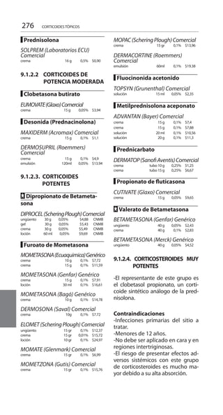 276
█ Prednisolona 	
		
SOLPREM (Laboratorios ECU)
Comercial
crema	 16 g	 0,5% 		 $0,90
9.1.2.2 CORTICOIDES DE
POTENCIA MODERADA
█ Clobetasona butirato	
EUMOVATE(Glaxo)Comercial
crema	 15 g	 0,05% 		 $3,94
█ Desonida (Prednacinolona)
MAXIDERM (Acromax) Comercial
crema	 15 g	 0,1% 		 $1,1
DERMOSUPRIL (Roemmers)
Comercial
crema	 15 g	 0,1% 		 $4,9
emulsión	 120ml	 0,05% 		 $13.94
9.1.2.3. CORTICOIDES
POTENTES
FF Dipropionato de Betameta-
sona
DIPROCEL(ScheringPlough)Comercial
ungüento 30 g 0,05% 		 $4,88 CNMB
gel 30 g 0,05% 		 $5,43 CNMB
crema 30 g 0,05% 		 $5,49 CNMB
loción 60 ml 0,05% 	 	$9,69 CNMB
█ Furoato de Mometasona
MOMETASONA(Ecuaquimica)Genérico
crema	 10 g	 0,1% 		 $7,72
crema	 15 g	 0,1% 		 $11,59
MOMETASONA (Genfar) Genérico
crema	 15 g	 0,1% 		 $7,91
loción	 30 ml	 0,1% 		 $16,61
MOMETASONA (Bagó) Genérico
crema	 10 g	 0,1% 		 $14,78
DERMOSONA (Saval) Comercial
crema	 10g	 0,1% 		 $7.72
ELOMET(ScheringPlough)Comercial
ungüento	 15 gr	 0,1% 		 $12,37
crema	 15 gr	 0,01% 		 $15,72
loción	 10 gr	 0,1% 		 $24,97
MOMATE (Glenmark) Comercial
crema	 15 gr	 0,1% 		 $6,99
MOMETZONA (Gutis) Comercial
crema	 15 gr	 0,1% 		 $15,76
MOPAC(ScheringPlough)Comercial
crema	 15 gr	 0,1% 		 $13,96
DERMACORTINE (Roemmers)
Comercial
emulsión	 60ml	 0,1% 		 $19.38
█ Fluocinonida acetonido
TOPSYN (Grunenthal) Comercial
solución	 15 ml	 0,05% 		 $2,35
█ Metilprednisolona aceponato
ADVANTAN (Bayer) Comercial
crema	 15 g	 0,1% 		 $7,4
crema	 15 g	 0,1% 		 $7,88
solución	 20 ml	 0,1% 		 $10,56
solución	 20 g	 0,1% 		 $11,3
█ Prednicarbato
DERMATOP(SanofiAventis)Comercial
crema	 tubo 10 g	 0,25% 		 $1,25
crema	 tubo 15 g	 0,25% 		 $6,67
█ Propionato de fluticasona
CUTIVATE (Glaxo) Comercial
crema	 15 g	 0,05% 		 $9,65
FF Valerato de Betametasona
		
BETAMETASONA (Genfar) Genérico
ungüento	 40 g	 0,05% 		 $2,43
crema	 40 g	 0,1% 		 $2,83
BETAMETASONA (Merck) Genérico
ungüento	 40 g	 0,05% 		 $4,52
9.1.2.4. CORTICOSTEROIDES MUY
POTENTES
-El representante de este grupo es
el clobetasol propionato, un corti-
coide sintético análogo de la pred-
nisolona.
Contraindicaciones 	
-Infecciones primarias del sitio a
tratar.
-Menores de 12 años.
-No debe ser aplicado en cara y en
regiones intertriginosas.
-El riesgo de presentar efectos ad-
versos sistémicos con este grupo
de corticosteroides es mucho ma-
yor debido a su alta absorción.
CORTICOIDES TÒPICOS
 