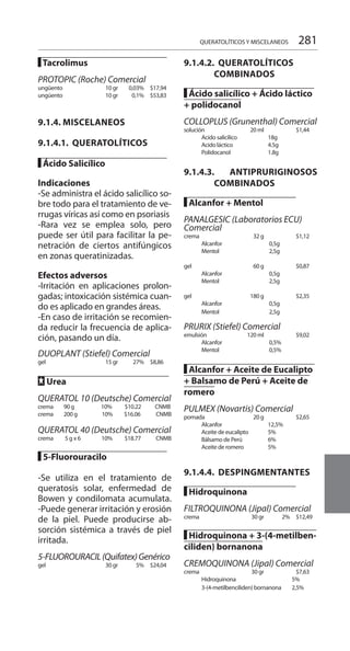 281
█ Tacrolimus		
PROTOPIC (Roche) Comercial
ungüento	 10 gr	 0,03% 		 $17,94
ungüento	 10 gr	 0,1% 		 $53,83
9.1.4. MISCELANEOS
9.1.4.1. Queratolíticos
█ Ácido Salicílico		
Indicaciones 	
-Se administra el ácido salicílico so-
bre todo para el tratamiento de ve-
rrugas víricas así como en psoriasis
-Rara vez se emplea solo, pero
puede ser útil para facilitar la pe-
netración de ciertos antifúngicos
en zonas queratinizadas.
Efectos adversos 	
-Irritación en aplicaciones prolon-
gadas; intoxicación sistémica cuan-
do es aplicado en grandes áreas.
-En caso de irritación se recomien-
da reducir la frecuencia de aplica-
ción, pasando un día.
DUOPLANT (Stiefel) Comercial
gel	 15 gr	 27% 		 $8,86
FF Urea			
QUERATOL 10 (Deutsche) Comercial
crema 90 g 10%	 $10.22 CNMB
crema 200 g 10% 	 $16.06 CNMB
QUERATOL 40 (Deutsche) Comercial
crema 5 g x 6 10% 		 $18.77 CNMB
█ 5-Fluorouracilo		
-Se utiliza en el tratamiento de
queratosis solar, enfermedad de
Bowen y condilomata acumulata.
-Puede generar irritación y erosión
de la piel. Puede producirse ab-
sorción sistémica a través de piel
irritada.
5-FLUOROURACIL(Quifatex)Genérico
gel	 30 gr	 5% 		 $24,04
9.1.4.2. Queratolíticos
	combinados
█ Ácido salicílico + Ácido láctico
+ polidocanol
COLLOPLUS (Grunenthal) Comercial
solución	 20 ml			 $1,44
	 Acido salicilico	 18g
	 Acido láctico	 4.5g
	Polidocanol	 1.8g
9.1.4.3. antipruriginosos
combinados
█ Alcanfor + Mentol	
PANALGESIC (Laboratorios ECU)
Comercial
crema	 32 g			 $1,12
	 Alcanfor	 0,5g
	 Mentol	 2,5g
gel	 60 g			 $0,87
	 Alcanfor	 0,5g		
	 Mentol	 2,5g
gel	 180 g			 $2,35
	 Alcanfor	 0,5g
	 Mentol	 2,5g	
PRURIX (Stiefel) Comercial
emulsión	 120 ml			 $9,02
	 Alcanfor	 0,5%		 	
	 Mentol	 0,5%		
█ Alcanfor + Aceite de Eucalipto
+ Balsamo de Perú + Aceite de
romero
PULMEX (Novartis) Comercial
pomada	 20 g			 $2,65
	 Alcanfor	 12,5%		 	
	 Aceite de eucalipto	 5%		 	
	 Bálsamo de Perú	 6%		 	
	 Aceite de romero	 5%		
9.1.4.4. Despingmentantes
█ Hidroquinona		
FILTROQUINONA (Jipal) Comercial
crema	 30 gr	 2% 		 $12,49
█ Hidroquinona + 3-(4-metilben-
ciliden) bornanona
CREMOQUINONA (Jipal) Comercial
crema	 30 gr			 $7,63
	Hidroquinona		 5%
	 3-(4-metilbenciliden) bornanona	 2,5%
QUERATOLÍTICOS Y MISCELANEOS
 